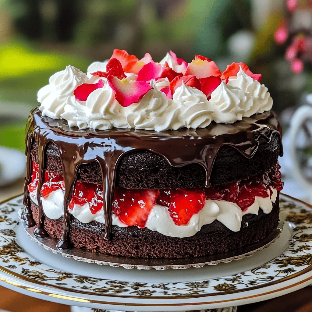 To make a Neapolitan Rose Cake, you need some simple ingredients. Each one plays a key role in creating this delightful dessert. Here’s what you will need: - 1 ½ cups all-purpose flour - 1 cup granulated sugar - ½ cup unsweetened cocoa powder - 1 ½ teaspoons baking powder - ½ teaspoon baking soda - ½ teaspoon salt - ½ cup unsalted butter, softened - 2 large eggs - 1 teaspoon vanilla extract - ½ cup whole milk - ½ cup boiling water - 1 cup whipped cream (for frosting) - ½ cup strawberry preserves - ½ cup chocolate ganache (for drizzling) - Edible rose petals (for garnish) These ingredients blend together to create a rich chocolate cake with a fresh twist. The cocoa powder gives it that deep flavor. The butter and eggs keep the cake moist. Strawberry preserves add a sweet layer, while whipped cream and chocolate ganache create a beautiful finish. Next, let’s gather the right tools. You will need a few essential items to help you bake this cake perfectly. - Preheat your oven to 350°F (175°C). Grease and flour two 8-inch round cake pans. This step helps the cake come out easily. - In a large bowl, sift together the dry ingredients: 1 ½ cups flour, 1 cup sugar, ½ cup cocoa powder, 1 ½ teaspoons baking powder, ½ teaspoon baking soda, and ½ teaspoon salt. This ensures even mixing. - In another bowl, mix the wet ingredients: ½ cup softened butter, 2 large eggs, 1 teaspoon vanilla, and ½ cup milk. Beat this mixture for 2-3 minutes until smooth. - Carefully stir in ½ cup boiling water. Your batter will be thin, but that is okay! - Pour the batter evenly into the prepared pans. Bake for 30-35 minutes. A toothpick should come out clean when inserted in the center. - Let the cakes cool in the pans for 10 minutes. Then turn them out onto wire racks to cool completely. This helps prevent sogginess. - Place one cake layer on a serving platter. Spread a layer of ½ cup strawberry preserves on top. Add a layer of 1 cup whipped cream next. - Place the second cake layer on top. Frost the top and sides with more whipped cream. Be generous; this is where the magic happens! - Drizzle ½ cup chocolate ganache over the cake. Let it cascade down the sides for a beautiful effect. - Garnish your cake with edible rose petals. This adds charm and elegance. - For serving, place slices on elegant dessert plates. You might add extra rose petals around the plate for a lovely touch. Enjoy creating this delightful and beautiful Neapolitan Rose Cake! For the complete recipe, refer to the Full Recipe section. To achieve a moist cake, use room temperature ingredients. This helps the layers mix well. You can also try adding a bit more milk or butter for extra moisture. For even baking, always preheat your oven. Place the pans in the center of the oven. Rotate them halfway through baking. This ensures every side bakes the same. For a smooth frosting, start with cold whipped cream. Beat it until it forms stiff peaks. Then, apply it to the cake using a spatula. To create the rose design with ganache, let it cool slightly. Pour it over the top and let it drip down the sides. Use a spatula to shape the ganache into rose petals. Ideal pairings for this cake include coffee or tea. A light sparkling drink also works well. For presentation, serve each slice on an elegant dessert plate. Add a few rose petals around the plate for a lovely touch. You can find the Full Recipe for the Neapolitan Rose Cake above. Enjoy your baking! {{image_2}} You can make the Neapolitan Rose Cake unique by using different fruit preserves. Instead of strawberry, try raspberry or apricot for a twist. Each fruit gives a new taste and color. Chocolate lovers can enhance the cake with chocolate variations too. Adding chocolate chips to the batter makes it richer. You can also mix cocoa powder into the cream for a chocolate frosting. These changes create a deeper flavor. If you need to make the cake gluten-free, swap all-purpose flour for a gluten-free blend. This change keeps the cake soft and fluffy. You can also use almond flour for a nutty taste. For vegan options, replace eggs with flax eggs. Mix one tablespoon of ground flaxseed with three tablespoons of water. Let it sit until it thickens. Use coconut cream instead of whipped cream for frosting. Both swaps keep the cake delicious and suitable for all diets. Decorate the Neapolitan Rose Cake with different edible garnishes. Try fresh berries or mint leaves for a fresh look. Edible flowers can add color and elegance too. Seasonal decorations make the cake special. Use autumn leaves in fall or peppermint sticks for winter. A sprinkle of edible glitter gives a festive touch for celebrations. Each decoration makes the cake shine in its own way. Explore the [Full Recipe] for more ways to enjoy this delightful dessert! To keep your Neapolitan Rose Cake fresh, store it in an airtight container. This helps seal in moisture and flavor. If you have leftover slices, wrap them tightly in plastic wrap before placing them in the container. - In the refrigerator, the cake lasts about 5 days. - If you freeze it, it can stay good for up to 3 months. Just remember to wrap it well to prevent freezer burn. When it's time to enjoy your cake again, reheating is key. You want to keep it moist and tasty. - For best results, microwave a slice on low power for about 10 to 15 seconds. - You can also place a slice in a warm oven for a few minutes. This way, the cake stays soft and delicious. Serve your reheated cake with a dollop of fresh whipped cream or a drizzle of chocolate ganache for extra flavor. The Neapolitan Rose Cake is a delightful treat that impresses in both taste and appearance. We explored the ingredients needed, from flour to rose petals, and provided step-by-step instructions for baking. You learned fun tips to perfect your cake's texture and various ways to customize it. Remember, baking is about creativity. Use the information here to make your unique cake! With practice, you'll be serving up stunning desserts that everyone loves. Enjoy the baking journey, and don't hesitate to experiment with flavors and designs!