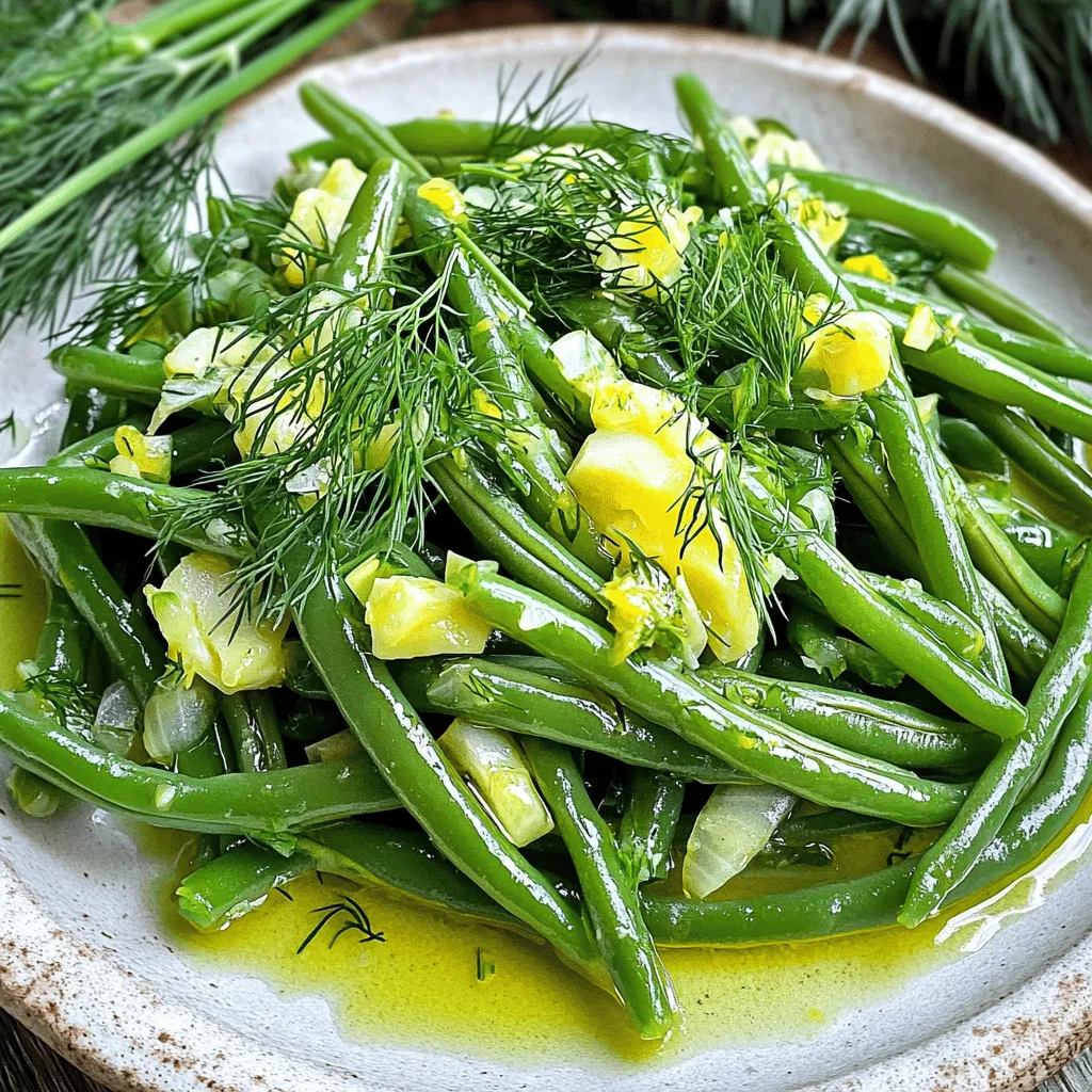 To make dilled string beans, gather these simple ingredients: - 1 pound fresh string beans, trimmed - 2 tablespoons olive oil - 2 cloves garlic, minced - 1 lemon, zested and juiced - 1 tablespoon fresh dill, chopped (plus more for garnish) - 1 teaspoon Dijon mustard - Salt and pepper to taste Fresh string beans are low in calories and high in fiber. They support digestion and keep you full. They also provide vitamins A, C, and K. Garlic adds flavor and may help lower blood pressure. Olive oil brings healthy fats, which are great for your heart. Lemon juice brightens the dish and adds vitamin C. Dill has antioxidants that can help with digestion and reduce inflammation. When you choose string beans, look for bright green color. They should be firm and crisp. Avoid any that have brown spots or are wilted. If you can, smell them. Fresh string beans should have a sweet, grassy scent. Buy them when they are in season for the best taste. For the best flavor, try to use them within a few days of buying. To make dilled string beans, start with fresh and crisp string beans. Trim the ends to remove any tough parts. You will need a large pot for boiling, a bowl for ice water, and a skillet for cooking. Gather all your ingredients and tools before you begin. This makes the process smooth and fun. 1. Boil Water: Fill a large pot with water and add a good amount of salt. Turn the heat on high and wait for it to boil. 2. Blanch Beans: When the water is boiling, add your trimmed string beans. Cook them for 3-4 minutes. You want them bright green and just tender. 3. Ice Bath: After blanching, drain the beans right away. Quickly transfer them to a bowl of ice water. This stops the cooking. Once they are cool, drain them again. 4. Sauté Garlic: In a large skillet, pour in 2 tablespoons of olive oil. Heat it over medium heat. Add 2 cloves of minced garlic. Stir it for about 1 minute. You want it fragrant but not brown. 5. Heat the Beans: Add the blanched string beans to the skillet. Toss them in the garlic oil for 2-3 minutes until they are warm. 6. Mix Dressing: In a small bowl, combine the lemon zest, lemon juice, chopped dill, Dijon mustard, salt, and pepper. Mix it well. 7. Dress the Beans: Pour the lemon-dill dressing over the string beans. Toss them to coat evenly. Cook for 1 more minute. 8. Final Steps: Remove the skillet from heat. Taste the beans and adjust the seasoning if needed. Transfer the dilled string beans to a serving dish. For a finishing touch, sprinkle some extra fresh dill on top. This adds color and flavor. Your dilled string beans are now ready to enjoy. Follow the full recipe for even more details and tips! Blanching string beans helps keep their bright color and crisp texture. Start by boiling water in a large pot. Add salt to the water; this adds flavor. Once boiling, drop in the string beans. Blanch them for 3-4 minutes. They should look bright green and slightly tender. After blanching, quickly move the beans to a bowl of ice water. This stops the cooking. It also locks in their color. Drain the beans once cool. This method gives you the best results. You can easily adjust the flavor of your dilled string beans. Add more lemon juice for a tangy kick. If you love garlic, increase the minced garlic to three cloves. For a spicy twist, try adding red pepper flakes. Fresh herbs can also enhance the dish. Consider adding parsley or chives along with dill. Experiment with different mustards too. A whole grain mustard gives a nice texture. You can also use honey mustard for sweetness. These simple tweaks can create a unique flavor profile. Avoid overcooking the string beans during blanching. They should stay bright green and crisp. If they turn dull, they will lose flavor. Another mistake is skipping the ice bath. This step is crucial for stopping the cooking process. Be careful not to drown the string beans in dressing. You want them coated, not swimming. Lastly, don’t forget to taste and adjust seasoning. A pinch of salt or extra dill can make a big difference. For the complete recipe, follow the [Full Recipe]. Enjoy making these delightful dilled string beans! {{image_2}} You can change the flavor of your dilled string beans easily. Try using fresh herbs like basil or parsley instead of dill. Each herb gives a unique taste. For a spicy kick, add red pepper flakes. You can also use lemon thyme for a citrusy twist. Experimenting with different flavors can make the dish new each time. You can cook string beans in different ways. Roasting gives them a nice, crispy texture. To roast, toss the beans with olive oil and seasoning. Spread them on a baking sheet and roast at 425°F for about 15-20 minutes. This method enhances their natural sweetness. Sautéing is quick and keeps them tender. Just heat oil in a pan and cook the blanched beans for a few minutes. Choose the method based on the texture you enjoy most. Dilled string beans make a great side dish. Serve them with grilled chicken or fish for a light meal. You can also add them to a salad for extra crunch. Try pairing them with quinoa or rice for a heartier option. For special occasions, place the beans on a platter and sprinkle with extra dill. This makes the dish look appealing and fresh. Explore these ideas to enjoy your dilled string beans in various ways! To keep your dilled string beans fresh, store them in an airtight container. Place the beans in the container and seal it tightly. You can keep them in the fridge for up to three days. If you want them to last longer, freezing is a great option. Freezing dilled string beans is simple. Start by blanching them as you did in the recipe. After cooling the beans in ice water, drain them well. Spread them on a baking sheet in a single layer. This step helps keep them from sticking together. Freeze them for about an hour, then transfer the beans to a freezer-safe bag. Remove as much air as possible before sealing. They can stay frozen for up to six months. When you are ready to enjoy your frozen string beans, reheat them gently. You can use a microwave or sauté them in a skillet. For the microwave, place them in a bowl with a splash of water. Cover and heat for one to two minutes. If you use a skillet, add a little olive oil and heat over medium for about three to four minutes. This method helps keep their crispness and flavor intact. Enjoy your tasty dilled string beans again! To prepare string beans, I recommend blanching. First, bring a pot of salted water to a boil. Add the string beans and cook for 3-4 minutes. This keeps them bright green and crisp. After that, plunge them into ice water. This stops the cooking and helps retain color. Finally, drain them well and they are ready to use. This method gives you a nice texture and flavor. Yes, you can make dilled string beans ahead of time. Prepare the dish and let it cool. Store it in an airtight container. Keep it in the fridge for up to three days. When you are ready to serve, just reheat gently in a skillet. This dish tastes great even after a day or two. The flavors continue to meld, making it even more tasty. Dill and string beans offer many health benefits. String beans are low in calories and high in fiber. They also provide vitamins A, C, and K. Dill has antioxidants and may help with digestion. It can add flavor without extra calories or salt. Together, they make a healthy, tasty side dish. Enjoying dilled string beans is a smart choice for your meals. In this blog post, we explored making dilled string beans. We covered key ingredients, their benefits, and tips for fresh selection. You learned step-by-step cooking instructions and flavor enhancements. We discussed best practices for blanching and common mistakes to avoid. Variations offered creative twists while storage tips ensured you enjoy leftovers. Dilled string beans can be a healthy, tasty side for any meal. Try these tips, and you’ll impress everyone at the table!