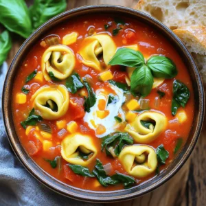 To make a delicious Tomato Tortellini Soup, you need a few key ingredients. These will help create a warm and flavorful meal. Here’s what you will need: - 2 tablespoons olive oil - 1 medium onion, diced - 2 cloves garlic, minced - 1 carrot, peeled and diced - 1 celery stalk, diced - 1 (28 oz) can crushed tomatoes - 4 cups vegetable broth - 1 teaspoon dried basil - 1 teaspoon dried oregano - Salt and pepper, to taste - 1 (9 oz) package cheese tortellini - 1 cup spinach leaves - ½ cup heavy cream (optional for creaminess) - Fresh basil leaves for garnish These ingredients blend perfectly to create a rich soup. The olive oil gives a nice base, while the fresh vegetables add depth. The canned tomatoes and vegetable broth provide a tasty liquid to cook everything in. I love adding cheese tortellini because it brings a nice texture. The seasonings, like basil and oregano, brighten the soup. Spinach is a great way to add some greens. If you want a creamier soup, you can add heavy cream. Finally, fresh basil on top makes it look beautiful. For the full recipe, you can follow the detailed steps to create this comforting dish. Enjoy cooking! Start by sautéing the aromatics. In a large pot, heat 2 tablespoons of olive oil over medium heat. Add 1 medium diced onion and cook for about 5 minutes. The onion should turn translucent. Then, add 2 cloves of minced garlic, 1 diced carrot, and 1 diced celery stalk. Cook these for another 3-4 minutes until they soften. Next, pour in 1 (28 oz) can of crushed tomatoes and 4 cups of vegetable broth. Stir in 1 teaspoon each of dried basil and oregano. Season with salt and pepper to taste. Bring the mix to a gentle simmer. This step builds a rich base for your soup. When the soup simmers, it's time to add the tortellini. Use a 9 oz package of cheese tortellini. Cook them according to the package instructions, usually about 5-7 minutes. You’ll know they are done when they float to the top and feel tender. Now, for the last touch, stir in 1 cup of spinach leaves. If you want a creamier soup, add ½ cup of heavy cream. Heat the soup for an additional 2 minutes to blend the flavors. Taste your soup and adjust the seasoning as needed. Add more salt or pepper if you want. For serving, ladle the soup into deep bowls. Garnish with fresh basil leaves for a pop of color. Serve it hot and enjoy it with crusty bread for dipping. For the full recipe, check out the details above. Sautéing your vegetables boosts the soup's flavor. Start with your onion, garlic, carrot, and celery. Cook them until soft and fragrant. This step adds depth and makes your soup taste amazing. You can control the soup's thickness too. Add heavy cream for a rich texture or more broth for a lighter soup. If you have leftover soup, store it in a sealed container. Refrigerate for up to three days. When reheating, do it on low heat. This helps keep the tortellini from getting mushy. You can also freeze the soup. Use freezer-friendly bags or containers and enjoy it later. It lasts up to three months in the freezer. Tomato Tortellini Soup pairs well with crusty bread. The bread soaks up the soup and adds texture. You can also serve it with a fresh salad. A simple green salad adds a nice crunch. For dipping, try a baguette or sourdough. These bread types enhance the overall meal experience. {{image_2}} You can switch up the tortellini in your soup. Try veggie tortellini for a lighter meal. Meat-filled tortellini adds richness and extra flavor. Both options work well with the tomato base. You can also make it dairy-free. Use a non-dairy cream, like cashew cream. Coconut milk gives a creamy texture without dairy. Add a pinch of red pepper flakes for heat. This kick brings warmth and depth to the dish. You can also boost protein in your soup. Adding cooked chicken makes it hearty. White beans are another great option and add fiber. To make this soup vegan, swap heavy cream with coconut milk. It keeps the soup creamy and rich. Use vegetable broth instead of chicken broth. Avoid cheese tortellini for a fully plant-based meal. These changes make it a great option for everyone. For the full recipe, check out the detailed instructions. To keep your Tomato Tortellini Soup fresh, store it in the refrigerator. Use a container with a tight lid. Glass or plastic containers work great. Let the soup cool before sealing. This helps keep the flavors intact. When you reheat the soup, do it slowly. Heat it on medium-low to avoid overcooking the tortellini. Stir often to heat evenly. If the soup gets too thick, add a splash of broth or water. This refreshes the soup and keeps it tasty. In the fridge, Tomato Tortellini Soup lasts about three to four days. If you want to save it longer, freeze it. It can last up to three months in the freezer. Make sure to use freezer-safe containers to avoid freezer burn. When you’re ready to enjoy it, thaw it in the fridge overnight. Can I make this soup ahead of time? Yes, you can make this soup ahead of time. Just store it in the fridge. The flavors blend well overnight. When you're ready, reheat it gently on the stove. Is Tomato Tortellini Soup gluten-free? Most tortellini contains gluten. However, you can find gluten-free tortellini in stores. Always check the label to ensure it's safe for your diet. What can I add for more protein? For extra protein, add cooked chicken, white beans, or lentils. These ingredients blend nicely in the soup and boost nutrition. What to use if I don’t have tortellini? If you don’t have tortellini, use small pasta like shells or elbows. You can also use dumplings for a fun twist. Can I make this without broth? Yes, you can make this soup without broth. Use water instead, but add extra seasonings for flavor. How to adjust servings for larger groups? To serve more people, double or triple the ingredients. Just keep an eye on your pot size to avoid overflow. Can I halve the recipe easily? You can easily halve the recipe. Just divide each ingredient by two for a smaller batch. This way, you can enjoy a comforting bowl without waste. This blog post explored how to make a delicious Tomato Tortellini Soup. We discussed key ingredients, step-by-step instructions, and handy tips for cooking. Each part provides simple ways to enhance flavor, customize your soup, and store leftovers. Remember, cooking should be fun! Feel free to try different variations and make this recipe your own. Enjoy your cooking journey and savor every bowl of warmth this soup brings. Happy cooking!