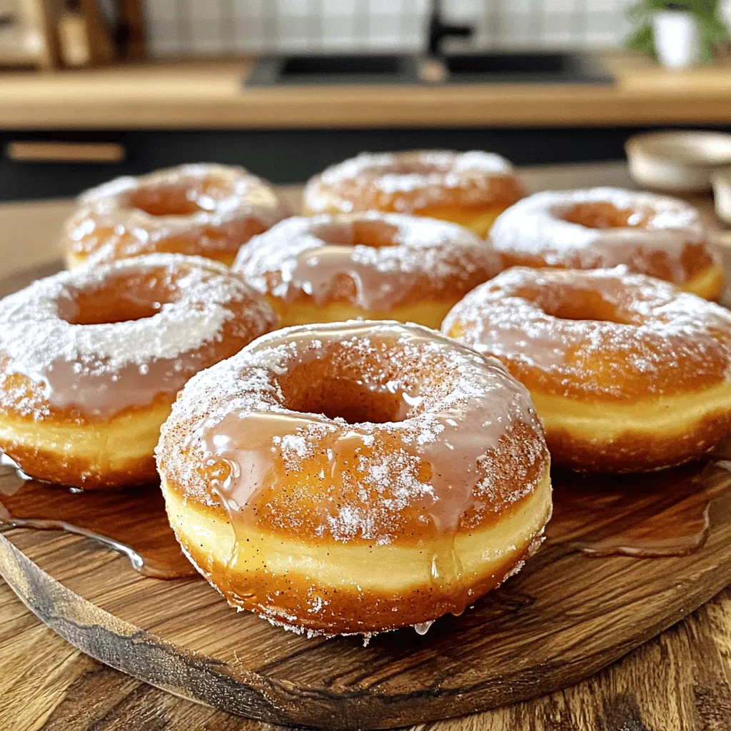 - 1 ½ cups all-purpose flour - ½ teaspoon baking powder - ¼ teaspoon baking soda - ½ teaspoon ground cinnamon - ¼ teaspoon ground ginger - ¼ teaspoon nutmeg - ½ teaspoon salt - ½ cup granulated sugar - 1 large egg - ½ cup buttermilk - ¼ cup unsalted butter, melted - 1 teaspoon vanilla extract - ½ cup pure maple syrup (plus extra for drizzling) - ½ cup powdered sugar (for glaze) To create the best spiced maple doughnuts, you need to gather these ingredients first. Each item plays a key part in bringing out those warm, sweet flavors. Flour gives structure to the doughnuts. Baking powder and baking soda help them rise. Spices like cinnamon, ginger, and nutmeg add warmth. Salt balances the sweetness. Granulated sugar sweetens the doughnuts, while buttermilk adds moisture and tang. Melted butter gives richness, and vanilla extract enhances the flavor. Don't forget the maple syrup! It’s the star of this recipe. It gives the doughnuts a sweet, earthy taste. The powdered sugar is for the glaze, making each bite even more delightful. You can find the complete recipe in the full recipe section. Happy baking! Preheating the Oven Start by preheating your oven to 350°F (175°C). This step is key for even baking. While the oven warms, lightly grease your doughnut pan with cooking spray or butter. This helps the doughnuts pop out easily. Mixing Dry Ingredients In a medium bowl, whisk together: - 1 ½ cups all-purpose flour - ½ teaspoon baking powder - ¼ teaspoon baking soda - ½ teaspoon ground cinnamon - ¼ teaspoon ground ginger - ¼ teaspoon nutmeg - ½ teaspoon salt Mix these ingredients well. This blend creates the spice base that makes these doughnuts so special. Combining Wet Ingredients In a separate large bowl, beat together: - ½ cup granulated sugar - 1 large egg Beat until light and fluffy. Then stir in: - ½ cup buttermilk - ¼ cup unsalted butter, melted - 1 teaspoon vanilla extract - ½ cup pure maple syrup Mix until everything is combined. This wet mixture brings moisture and flavor to your doughnuts. Filling the Doughnut Pan Now, gradually add the dry ingredients to the wet mixture. Stir gently until just combined. Do not overmix! Transfer the batter into a piping bag or a zip-top bag with the corner snipped off. Pipe the batter into the prepared doughnut pan, filling each cavity about halfway. Baking Time and Temperature Place the filled pan in the oven and bake for 10-12 minutes. The doughnuts are done when they spring back when pressed gently. Remove them from the oven and let them cool in the pan for about 5 minutes. After that, transfer them to a wire rack to cool completely. Making the Maple Glaze To make the glaze, combine: - ½ cup powdered sugar - A few tablespoons of maple syrup Mix until you reach your desired consistency. This glaze adds a sweet finish to your doughnuts. Drizzling Additional Maple Syrup Once the doughnuts are cool, dip the tops into the glaze. Let any excess drip off. For a special touch, drizzle some extra maple syrup on top before serving. This step makes each doughnut truly irresistible. For the full recipe, check [Full Recipe]. Avoiding Overmixing Mixing dough can be tricky. You want to combine the wet and dry ingredients just right. Overmixing makes doughnuts tough and less fluffy. Stir until you see no dry flour. A few lumps are okay. They help keep your doughnuts soft and airy. Knowing When to Remove from Oven Timing is key when baking. Set your timer for 10 minutes. Check the doughnuts by lightly pressing them. If they spring back, they are done. If they sink, bake for another minute or two. Remove them from the oven and let them cool for five minutes in the pan. Best Accompaniments Pair these doughnuts with coffee or tea. Their sweet and spicy flavors complement warm drinks well. For a treat, serve them with whipped cream or vanilla ice cream. This adds a creamy touch that contrasts nicely with the doughnuts. Presentation Ideas Make your doughnuts look special. Place them on a nice platter. Dust with powdered sugar for a snowy effect. You can also drizzle extra maple syrup on top. A sprinkle of cinnamon or nuts can add a splash of color and taste. Recommended Doughnut Pan Types Choose a non-stick doughnut pan for easy release. Silicone pans are great for popping out doughnuts with ease. Metal pans work well too, but be sure to grease them well. Tools for Easier Preparation Use a piping bag or a zip-top bag with the corner cut off to fill the pan. This makes it simple to get the batter into the doughnut molds without making a mess. A wire rack is also helpful for cooling your doughnuts evenly. For the complete recipe, check the Full Recipe. {{image_2}} You can easily make vegan spiced maple doughnuts by substituting egg and dairy. For the egg, choose a flaxseed or chia seed mixture. Just mix one tablespoon of flaxseed meal or chia seeds with three tablespoons of water. Let it sit for about five minutes until it thickens. This mixture works great as an egg replacer. For dairy, swap buttermilk with almond milk or oat milk. You can add a teaspoon of vinegar to make it tangy, like buttermilk. Use plant-based butter instead of regular butter. These changes keep the flavor and texture intact. If you need a gluten-free version, use flour alternatives like almond flour or coconut flour. These flours give a nice flavor but can change the texture. To ensure your doughnuts stay fluffy, add a bit of gluten-free baking powder. Mix in some cornstarch or tapioca flour to help bind the ingredients. This will give your doughnuts a lighter texture. Make sure to check your baking times, as they may vary with different flours. Want to add some fun? Consider adding nuts or chocolate chips to the batter. Chopped pecans or walnuts pair perfectly with the spices. Chocolate chips add a sweet twist that kids love. You can also explore infused maple syrup options. Try using cinnamon-infused maple syrup for an extra flavor kick. It adds warmth and depth to the doughnuts. These twists make each bite exciting and unique. For the full recipe, check below. To keep your spiced maple doughnuts fresh, place them in an airtight container. This helps lock in moisture and flavor. You can store them at room temperature for up to two days. If you want to keep them longer, refrigeration is an option. Just remember, the doughnuts may dry out a bit in the fridge. Freezing is perfect if you want to enjoy your doughnuts later. First, let them cool completely. Then, wrap each doughnut in plastic wrap. Place them in a freezer bag, squeezing out as much air as possible. This keeps them fresh for up to three months. When you're ready to eat one, take it out and let it thaw at room temperature. If you prefer, you can warm it in the microwave for about 10-15 seconds. This will make your doughnut soft and tasty again. For a special treat, drizzle some maple syrup on top after warming. - Key Steps to Follow To make spiced maple doughnuts, start by preheating your oven to 350°F (175°C). Grease a doughnut pan. Mix together the dry ingredients: flour, baking powder, baking soda, cinnamon, ginger, nutmeg, and salt. In another bowl, beat sugar and egg until fluffy. Add buttermilk, melted butter, vanilla, and maple syrup. Combine the wet and dry mixes gently. Pipe the batter into the pan, filling each cavity halfway. Bake for 10-12 minutes. Cool the doughnuts before glazing with maple syrup and powdered sugar. - Best Methods for Preparation Ahead Yes, you can prepare these doughnuts ahead. Bake them and let them cool completely. Store the cooled doughnuts in an airtight container at room temperature. They stay fresh for two days. You can also freeze them. Wrap each doughnut tightly in plastic wrap and place them in a freezer bag. Thaw at room temperature before glazing to enjoy them fresh. - Explanation of Spice Combination These doughnuts get their warm flavor from a mix of spices. We use ground cinnamon, ginger, and nutmeg. Cinnamon adds a sweet warmth. Ginger gives a slight kick. Nutmeg brings a rich, nutty taste. This blend creates a cozy vibe perfect for fall or any day you want a treat. The spices work well with the sweet maple syrup, making each bite a delight. In this post, you learned how to make spiced maple doughnuts. We covered all the ingredients, from flour to butter, and shared step-by-step instructions. I gave you tips on perfecting texture and various serving ideas. You saw options for vegan and gluten-free variations too. These doughnuts are not just tasty; they are fun to make. Enjoy them fresh or stored for later. Baking is about creativity, so don’t hesitate to try new flavors. Now, grab your ingredients and get started on this delicious treat!