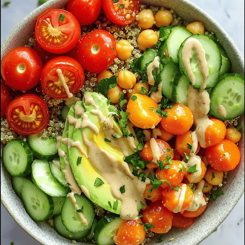 For a tasty non-sandwich lunch, you need simple, fresh ingredients. Here’s what to gather: - 1 cup quinoa, rinsed - 2 cups vegetable broth - 1 can (15 oz) chickpeas, drained and rinsed - 1 cup cherry tomatoes, halved - 1 cucumber, diced - 1 bell pepper (any color), diced - 1 small red onion, finely chopped - 1 avocado, sliced - 1/4 cup fresh parsley, chopped - 3 tablespoons tahini - 2 tablespoons lemon juice - 1 tablespoon olive oil - Salt and pepper to taste This colorful quinoa and chickpea bowl is packed with nutrients. It is rich in protein, fiber, and healthy fats. Quinoa provides complete protein, while chickpeas add more protein and fiber. The veggies bring vitamins and minerals. Each serving contains about: - Calories: 350 - Protein: 12g - Carbs: 45g - Fats: 15g - Fiber: 10g To get the best flavor and texture, follow these tips: - Rinse quinoa well to remove bitter saponins. - Use vegetable broth instead of water for more flavor when cooking quinoa. - Drain and rinse chickpeas to reduce sodium and improve taste. - Chop veggies into even sizes for a nice look and even cooking. - Slice avocado just before serving to keep it fresh and green. These steps help you create a vibrant and tasty meal. For the full recipe, refer to the earlier section. Enjoy your cooking! To make the Colorful Quinoa & Chickpea Bowl, start by cooking the quinoa. In a medium pot, combine 1 cup quinoa and 2 cups vegetable broth. Bring it to a boil, then lower the heat. Cover the pot and let it simmer for about 15 minutes. The quinoa will be fluffy when done. While the quinoa cooks, you can prepare the dressing. In a small bowl, mix 3 tablespoons tahini, 2 tablespoons lemon juice, 1 tablespoon olive oil, and some salt and pepper. Feel free to add water if it’s too thick. Next, gather a large bowl. Add the cooked quinoa, 1 can of drained chickpeas, 1 cup halved cherry tomatoes, 1 diced cucumber, 1 diced bell pepper, and 1 finely chopped red onion. Toss these ingredients gently. Finally, drizzle the tahini dressing over the bowl and mix to coat everything evenly. Top it off with sliced avocado for a creamy touch. Enjoy your meal right away or pack it for lunch! If you want to try other non-sandwich lunches, here are some easy recipes. 1. Pasta Salad: Cook 2 cups of your favorite pasta according to the package. Once cooked, drain and cool it. Mix it with diced veggies like bell peppers, cucumbers, and olives. Add Italian dressing for flavor. 2. Stuffed Peppers: Halve bell peppers and remove seeds. Fill with a mix of cooked rice, beans, corn, and salsa. Bake at 375°F for 25 minutes. 3. Veggie Wraps: Use a large lettuce leaf or a tortilla. Fill with hummus, sliced veggies, and protein like chicken or tofu. Roll it up and enjoy. To save time in the kitchen, try these tips: - Prep Ahead: Cut veggies and cook grains in advance. Store them in the fridge for quick access. - Use Canned Beans: Canned beans save time and still provide great nutrition. - Batch Cooking: Make larger portions of meals. Store leftovers for quick lunches later in the week. - One-Pot Meals: Cook everything in one pot to reduce cleanup time. These methods make meal prep easy and enjoyable. With a bit of planning, you’ll have tasty non-sandwich lunches ready in no time! To boost flavor in your non-sandwich meals, think about fresh herbs. Fresh herbs like basil or cilantro add a nice touch. Use spices to enhance the taste too. A pinch of cumin or paprika can change things up. Don't forget about acids! A squeeze of lemon or lime brightens dishes. Marinating your proteins or veggies in a simple mix of oil, acid, and spices also works wonders. This adds depth and makes everything taste better. One common mistake is overcooking your grains or veggies. Watch the clock and check for doneness. Another issue is not seasoning properly. Always taste your dish before serving. If it needs more salt or spice, add it! Also, avoid making boring combinations. Mix colors, textures, and flavors for a more fun meal. Lastly, don’t skip the dressing! A good dressing can transform a plain bowl into something special. Serve non-sandwich meals in bowls for a trendy look. A colorful quinoa and chickpea bowl is a great choice. You can layer grains, proteins, and veggies for a feast for the eyes. Add a drizzle of dressing for that extra flair. For a more casual feel, use a wrap with lettuce leaves instead of bread. This adds crunch and freshness. Pair your meal with a side of fruit or nuts for a complete lunch. {{image_2}} You can change this bowl to fit your taste. Try adding roasted sweet potatoes for a sweet twist. You can also mix in some spinach or kale for extra greens. If you like a kick, add jalapeños or red pepper flakes. This makes the dish exciting and fun. You can even switch the dressing! Use yogurt or a spicy salsa for different flavors. If you follow a specific diet, there are great swaps. For a gluten-free option, use rice instead of quinoa. If you want a lower-carb meal, try cauliflower rice. For a vegan twist, replace tahini with sunflower seed butter. This keeps it creamy without dairy. You can also choose different beans. Black beans or lentils work well and add protein. Looking for more ideas? Here are a few that I love. A colorful veggie stir-fry is quick and tasty. Just toss your favorite veggies in a pan with some soy sauce. Another option is a hearty grain salad with farro or barley. Add nuts for crunch and some feta for creaminess. Lastly, consider making a warm pasta salad with seasonal veggies. Toss it with a light olive oil dressing. These meals are full of flavor and keep you full! For a detailed recipe, check out the Full Recipe. To keep your meals fresh, store leftovers in airtight containers. Use glass or plastic containers with tight lids. Make sure to cool the food to room temperature before sealing. Label each container with the date. This helps you track how long it has been in the fridge. When reheating, use the microwave or stovetop. For the microwave, cover the bowl with a lid or a damp paper towel. This keeps moisture in and prevents drying out. If using the stovetop, add a splash of water or broth. Heat on low to avoid burning. Stir frequently for even cooking. Most cooked meals last about three to four days in the fridge. Quinoa and chickpeas should stay fresh for this time. Fresh veggies like tomatoes and cucumbers last about two to three days. Use the Full Recipe as a guide. Always check for signs of spoilage before eating. You can make a colorful quinoa and chickpea bowl. Simply cook quinoa and mix it with chickpeas, veggies, and a tasty dressing. Another idea is a rice bowl topped with stir-fried veggies and protein like chicken or tofu. Pasta salads with fresh veggies and a light vinaigrette are also great. Try a wrap using lettuce instead of bread. Fill it with your favorite meats, beans, and sauces. To boost nutrition, add more vegetables to your meals. Leafy greens, bell peppers, and tomatoes are full of vitamins. Use whole grains like quinoa or brown rice for fiber. Include lean proteins such as chicken, fish, or legumes. Healthy fats from avocados, nuts, or seeds can also help. Experiment with herbs and spices to enhance flavor without adding calories. Yes, you can prepare many non-sandwich lunches in advance. Cook quinoa or rice in bulk for the week. Chop veggies and store them in the fridge for quick assembly. Dressings can be made ahead of time and kept in jars. Just be sure to keep wet and dry ingredients separate until you're ready to eat. This keeps meals fresh and tasty. For a delicious option, check out the Full Recipe for the colorful quinoa and chickpea bowl. This blog covered tasty non-sandwich lunch ideas, focusing on ingredients and recipes. You learned how to prepare a colorful quinoa and chickpea bowl, among other meals. I shared tips on flavor, storage, and avoiding common mistakes. By customizing your meals, you can cater to different diets and preferences. Keep these ideas in mind for quick and nutritious lunches. Embrace variety in your meals to make lunchtime fun and interesting!