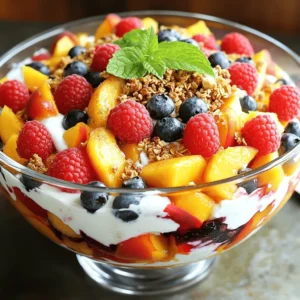 - 4 fresh peaches, diced - 1 cup strawberries, sliced - 1 cup blueberries - 1 cup raspberries - 1 cup cream cheese, softened - 1/2 cup plain Greek yogurt - 1/4 cup powdered sugar - 1 teaspoon vanilla extract - 1 teaspoon cinnamon - 1/2 cup granola - Fresh mint leaves for garnish To make Peach Cobbler Cheesecake Fruit Salad, you need fresh fruits. Start with ripe peaches. Diced peaches give a juicy bite. Strawberries add sweetness and color. Blueberries bring a pop of flavor. Raspberries add tartness and balance the dish. Next, for the creamy mixture, you need cream cheese. It creates a rich base. Plain Greek yogurt adds creaminess and tang. Powdered sugar sweetens the mix. Vanilla extract gives a warm flavor, and cinnamon adds that comforting spice we love in peach cobbler. Lastly, for optional toppings, consider granola. It adds a crunchy texture. Fresh mint leaves make the salad look pretty and fresh. These ingredients come together to create a delicious and refreshing treat. You can find the full recipe to guide you through the process! First, grab a large mixing bowl. Add the softened cream cheese, Greek yogurt, powdered sugar, vanilla extract, and cinnamon. Use a whisk to mix everything together. Keep whisking until the mixture is smooth and creamy. This creamy base is key to your fruit salad. Next, it's time to add the fruit. Gently fold in the diced peaches, sliced strawberries, blueberries, and raspberries. Make sure to coat all the fruit evenly in the creamy mixture. This step ensures every bite is delicious and full of flavor. Now, cover the bowl with plastic wrap. Place it in the fridge for at least 30 minutes. This chilling time allows the flavors to meld together. The longer it chills, the better the taste. After chilling, give the salad a gentle stir before serving. Enjoy your refreshing treat! For the full recipe, check out the detailed instructions above. - Serve in individual bowls for a fancy touch. - Top with granola for added texture. Serving this peach cobbler cheesecake fruit salad in individual bowls makes it look special. Each person gets their own treat. This adds a nice touch to any gathering. You can also sprinkle granola on top. This adds a nice crunch and makes each bite fun. - Adjust sweetness with more powdered sugar if desired. - Experiment with different spices like nutmeg. If you want more sweetness, add a little more powdered sugar. This gives you control over how sweet your fruit salad is. You can also try new spices. A pinch of nutmeg can give a warm flavor. This can make your salad even more enjoyable. - Use clear serving dishes for visual appeal. - Garnish with fresh mint leaves before serving. Use clear dishes to show off the bright colors of the fruit. This makes the salad look fresh and fun. Garnish with fresh mint leaves. It adds a pop of green and a hint of freshness. These small touches can impress your guests. {{image_2}} You can switch fruits based on what’s fresh. Use seasonal fruits like cherries or blueberries. They add a nice color and flavor. You can also incorporate citrus fruits for a zesty twist. Oranges and lemons bring a bright taste. Their acidity balances the sweetness of the peaches well. For a lighter version, swap cream cheese with low-fat options. This keeps the creamy texture but cuts calories. You can also replace granola with nuts or seeds for crunch. Almonds or walnuts add a healthy dose of protein and a nice bite. To enhance the flavor, add a splash of lemon or orange juice. This gives a refreshing lift. You can mix in flavored yogurt too. Try vanilla or peach yogurt for an extra kick. These small changes can transform your Peach Cobbler Cheesecake Fruit Salad into a new treat. For the full recipe, check the earlier section. To keep your Peach Cobbler Cheesecake Fruit Salad fresh, store it in an airtight container. This method helps seal in flavor. It stays good for about 3-4 days in the fridge. Just remember, the fruit may soften over time, but it will still taste great. I do not recommend freezing this fruit salad. Freezing changes the texture of the fruit. When you thaw it, the fruit becomes mushy and less enjoyable. This refreshing treat is best enjoyed chilled and fresh. If you notice some juices settled at the bottom, gently stir the salad before serving. This helps mix all the flavors. It is best served cold, so skip the microwave. The cool taste enhances the peach and berry flavors, making each bite delightful. Enjoy your refreshing treat! Yes, it's best made and chilled a few hours ahead. This allows all the flavors to blend well. I often prepare it in the morning for a meal later. The longer it chills, the better it tastes! Fresh fruit is preferred for texture, but frozen can work. If you use frozen fruit, thaw it first. This helps maintain a pleasant texture. The flavors will still shine through, even if the fruit is frozen. Nuts or crushed cookies can be excellent alternatives. If you want crunch, try almonds or pecans. For a sweet touch, crushed graham crackers work well too. This way, you can customize your salad to your taste! For the full recipe, check out the ingredients and instructions above. This fruit salad combines fresh fruits and a creamy mix for a tasty treat. You learned how to prepare the creamy base and fold in the fruits. Chilling the salad lets the flavors blend together nicely. For serving, use individual bowls and add granola for crunch. Remember, you can swap fruits or adjust sweetness to your taste. Store leftovers in the fridge for a few days. Enjoy this refreshing dish as a crowd-pleaser at your next gathering!