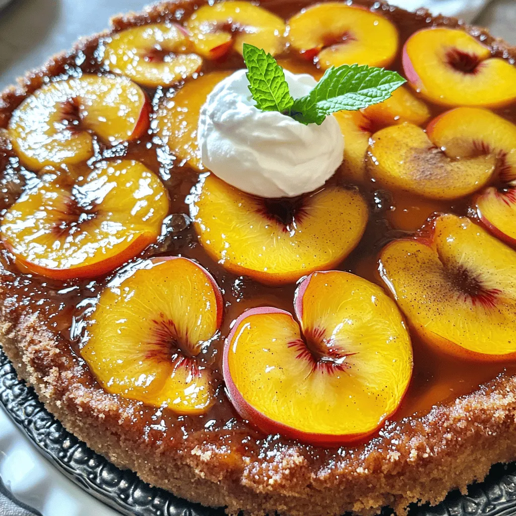To make a delicious peach upside-down cake, gather the following ingredients: - 4 ripe peaches, pitted and sliced - 1/4 cup unsalted butter, melted - 1/2 cup brown sugar - 1 teaspoon vanilla extract - 1 cup all-purpose flour - 1 teaspoon baking powder - 1/2 teaspoon baking soda - 1/4 teaspoon salt - 1/2 cup granulated sugar - 1/2 cup plain Greek yogurt - 2 large eggs - 1 teaspoon ground cinnamon Using fresh peaches is key for a great flavor. They add sweetness and moisture. Brown sugar gives a rich caramel taste. The yogurt keeps the cake soft. Eggs help the cake rise and hold it together. The spices add warmth to every bite. For the full recipe, follow the steps carefully for the best results. First, preheat your oven to 350°F (175°C). This heat is key for a great cake. Next, grease a 9-inch round cake pan with some butter. Make sure to cover the bottom and sides well. This helps the cake come out smoothly. In a small bowl, mix 1/4 cup of melted butter with 1/2 cup of brown sugar. Stir until smooth. Pour this mixture into your greased pan. Spread it evenly across the bottom. Now, take your sliced peaches and arrange them in a circle on top. Make it pretty; it will show when you flip the cake. In a medium bowl, whisk together 1 cup of flour, 1 teaspoon of baking powder, 1/2 teaspoon of baking soda, 1/4 teaspoon of salt, and 1 teaspoon of ground cinnamon. In a large bowl, beat 1/2 cup of granulated sugar with 1/2 cup of plain Greek yogurt. Add 2 large eggs, one at a time. Mix well, then stir in 1 teaspoon of vanilla extract. Gradually add the dry mix to the wet mix. Stir gently until combined. Be careful not to overmix; we want a fluffy cake. Pour the cake batter over the peaches in the pan. Smooth the top with a spatula. Bake in the preheated oven for 30-35 minutes. Check for doneness by inserting a toothpick in the center. If it comes out clean, your cake is ready. After baking, let it cool for 10 minutes. To invert, place a serving plate on top of the pan. Carefully flip it over. Lift off the pan to see those lovely peaches. Enjoy this Peach Upside-Down Cake as a delicious treat! Check out the Full Recipe for more details. Using ripe peaches is key for great flavor. Choose peaches that are soft but not mushy. Cut them carefully to keep their shape. To avoid a soggy bottom, make sure to mix the melted butter and brown sugar well. This creates a thick, sticky layer that holds up during baking. When mixing your dry and wet ingredients, use a gentle motion. Combine them slowly to make sure you don’t overmix. Overmixing can lead to a dense cake. Stir until you see no dry flour. This keeps the cake light and airy. You can serve this cake warm or at room temperature. Both ways bring out its delicious flavor. I like to add a dollop of whipped cream or a scoop of vanilla ice cream on top. These toppings make each slice even more delightful. For an extra touch, garnish with fresh mint leaves. It adds color and a hint of freshness. For the full recipe, check out the Peach Paradise Upside-Down Cake. {{image_2}} You can switch up the fruit in your Peach Upside-Down Cake. Other stone fruits work great. Try using nectarines or plums for a different twist. These fruits have similar textures and flavors. They will create a tasty cake, too. You can also mix in berries for added flavor. Blueberries or raspberries add a nice pop of color. This mix gives your cake a sweet and tangy taste. You can be creative and use whatever fruit you love! If you want a gluten-free option, use almond flour instead of regular flour. Almond flour adds a nutty taste and makes the cake moist. It works well in this recipe. You can also reduce the sugar content. Try using less granulated sugar or a sugar substitute. Natural sweeteners like honey or maple syrup are good choices. Adjusting these ingredients allows everyone to enjoy the cake. You can make it fit your dietary needs while still tasting delicious! Check out the Full Recipe for exact measurements and instructions. To keep your Peach Upside-Down Cake fresh, refrigerate it in an airtight container. This helps it stay moist and tasty. Place the cake in the fridge within two hours of baking. It will last about 3 to 4 days. If you want to enjoy it later, freezing is a great option. If you want to freeze the cake, make sure it's completely cool. Wrap it tightly in plastic wrap or aluminum foil. Then, place it in a freezer-safe container. This will help prevent freezer burn. The cake stays good for up to three months. To thaw, move it to the fridge overnight. If you're in a hurry, you can leave it at room temperature for a few hours. Enjoy this sweet treat any time! For the full recipe, check out the Peach Paradise Upside-Down Cake . To check if your cake is done, look for these signs: - The top should be golden brown. - A toothpick inserted in the center should come out clean. - The edges will slightly pull away from the pan. If you see these signs, your cake is ready to come out of the oven! Yes, you can use canned peaches. Here are some pros and cons: Pros: - Canned peaches are convenient and save time. - They are often sweeter and softer than fresh ones. Cons: - Canned peaches may add extra syrup, which can make the cake soggy. - Fresh peaches provide better flavor and texture. Choose what works best for you based on your taste and time. You can serve this cake with many tasty options: - A dollop of whipped cream adds creaminess. - A scoop of vanilla ice cream gives a nice contrast. - Fresh mint leaves add a pop of color and flavor. For drinks, try sweet tea or a light white wine. Yes, you can prepare this cake ahead of time. Here are some tips: - Bake it the day before you need it. - Store it wrapped in plastic wrap at room temperature. - Reheat slices in the oven for a few minutes before serving. This way, you can enjoy your cake without much stress! This blog post showed you how to make a Peach Upside-Down Cake. We covered key ingredients, step-by-step instructions, and tips. You learned about variations and how to store leftovers. By following these steps, you can create a dessert that impresses. Enjoy baking this treat, and feel free to experiment with flavors. Happy baking!