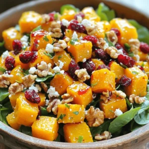 - 1 medium butternut squash, peeled and cubed - 2 tablespoons olive oil - ½ cup dried cranberries - ½ cup walnuts, roughly chopped - 2 cups fresh spinach or mixed greens - ¼ cup feta cheese, crumbled - 3 tablespoons balsamic vinegar - 1 tablespoon maple syrup - 1 teaspoon Dijon mustard - Salt and pepper to taste The key to this salad is the butternut squash. It gives a sweet flavor and a nice texture. When you choose your squash, look for one that feels heavy and has smooth skin. The olive oil helps roast the squash, making it tender and golden brown. Dried cranberries add a burst of tartness. They pair well with the creamy feta cheese. The walnuts provide a nice crunch that balances the softness of the squash. You can swap the spinach for mixed greens if you prefer. For the dressing, balsamic vinegar brings a tangy flavor. Maple syrup adds sweetness to the glaze. Dijon mustard gives it a kick. Salt and pepper are essential for bringing out all the flavors. For the full recipe, check the earlier section. Preheating the oven Start by preheating your oven to 400°F (200°C). This heat is perfect for roasting the squash. Preparing the butternut squash Next, peel and cube one medium butternut squash. Make sure the pieces are about the same size. This helps them cook evenly. In a large bowl, toss the squash with two tablespoons of olive oil, salt, and pepper. Coat each piece well. Making the cranberry glaze In a small saucepan, mix ¼ cup of balsamic vinegar, 1 tablespoon of maple syrup, and 1 teaspoon of Dijon mustard. Heat this over medium heat. Stir often and let it simmer for about five minutes. It should thicken slightly. Roasting the squash Spread the coated squash on a lined baking sheet. Place it in the preheated oven. Roast for 25-30 minutes. Remember to flip the pieces halfway through. They should be tender and caramelized when done. Assembling the salad Once the squash is roasted, let it cool for a few minutes. In a large salad bowl, combine the roasted squash, ½ cup of dried cranberries, ½ cup of roughly chopped walnuts, and 2 cups of fresh spinach or mixed greens. Crumble ¼ cup of feta cheese on top. Drizzling the glaze Finally, drizzle the cranberry glaze over your salad. Gently toss everything together. Make sure all the ingredients get coated. Serve the salad warm or at room temperature for the best flavors. For the complete recipe, check the [Full Recipe]. For the best roasted butternut squash, set your oven to 400°F (200°C). This temperature helps caramelize the squash perfectly. To ensure even caramelization, cut the squash into uniform cubes. This way, all pieces cook at the same rate. Spread the cubes out on the baking sheet. Avoid crowding them; this lets the heat circulate. Flip the squash halfway through roasting. This helps achieve that lovely golden color on all sides. When picking butternut squash, look for firm and heavy ones. They should have a smooth skin and no blemishes. A good squash feels heavy for its size, which means it's full of flavor. If you want a different taste, try goat cheese instead of feta. It adds a creamy and tangy touch. For a dairy-free option, use avocado or a nut-based cheese. Both options work well in this salad. For the full recipe, check out the complete instructions above. {{image_2}} You can change this salad with seasonal items. In fall, add roasted apples or pears. They give a sweet and juicy bite. In winter, try adding pomegranate seeds for a burst of color and flavor. The seeds add a nice crunch too. For vegan diets, replace feta cheese with avocado or tofu. This switch keeps it creamy and tasty. For gluten-free needs, make sure your balsamic vinegar has no gluten. Most brands are safe, but check labels. These swaps keep everyone happy at the table. To store leftovers, place the salad in an airtight container. This keeps the flavors fresh. If you have extra glaze, store it in a separate container. It helps maintain the salad's crispness. Use the salad within three days for the best taste. You can reheat this salad in the microwave or oven. If using the microwave, warm it for a short time. This keeps the squash soft but may wilt the greens. Oven reheating keeps the salad's texture better. Preheat the oven to 350°F (175°C) and heat for about 10 minutes. Enjoy the salad warm or at room temperature. For detailed steps, check the Full Recipe. Can I substitute fresh cranberries? Yes, you can use fresh cranberries. They will add a tart flavor. Just chop them up and mix them in. You might want to add a bit more maple syrup for sweetness. How do I make this salad in advance? You can prepare the butternut squash ahead of time. Roast it and store it in the fridge. Mix the salad just before serving for best taste. Keep the cranberry glaze separate until ready to serve. What can I serve with this salad? This salad pairs well with roasted chicken or fish. It also goes great with a warm grain bowl. You can even serve it as a side at a holiday meal. Calorie count per serving Each serving has about 250 calories. This number can change based on the amount of feta or walnuts you add. Health benefits of key ingredients - Butternut squash is high in vitamins A and C. - Cranberries are great for urinary health and rich in antioxidants. - Walnuts offer healthy fats and protein. - Spinach is packed with iron and vitamins. This salad is not just tasty; it’s good for you too! Enjoy the full recipe for a delightful meal. This blog post covered how to make a delicious butternut squash salad. We explored key ingredients like butternut squash, olive oil, and cranberries. I gave easy steps for preparation, cooking, and tips for perfect roasting. We also discussed variations and how to store leftovers properly. In closing, this salad not only tastes great but is healthy too. Try different ingredients to make it your own. Enjoy experimenting in the kitchen!