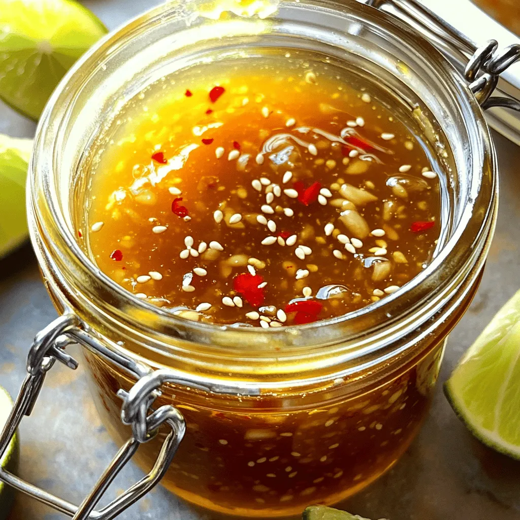 - 1/2 cup soy sauce - 1/4 cup honey - 3 cloves garlic, minced - 1 tablespoon fresh ginger, grated - 1 tablespoon rice vinegar - 1 tablespoon lime juice (freshly squeezed) - 1-2 red chili peppers, finely chopped (adjust for spice level) - 1 teaspoon sesame oil - 1 tablespoon cornstarch mixed with 2 tablespoons water (for thickening) - Lime wedges - Sesame seeds In making the honey soy garlic sauce with chili lime, I focus on fresh flavors. The soy sauce gives a salty base, while honey brings sweetness. I use fresh garlic and ginger for a robust taste. Lime juice and rice vinegar add a zesty punch. The chili peppers give the sauce heat. You can adjust the amount to suit your spice level. Finally, I add sesame oil for a nutty aroma. This combination creates a well-rounded sauce great for many dishes. For presentation, you might want to add lime wedges and sesame seeds. They make the dish look vibrant and inviting. You can find the full recipe details above to get started on this tasty journey! - In a medium saucepan, combine the following: - 1/2 cup soy sauce - 1/4 cup honey - 3 cloves garlic, minced - 1 tablespoon fresh ginger, grated - 1 tablespoon rice vinegar - 1 tablespoon lime juice (freshly squeezed) - 1-2 red chili peppers, finely chopped - 1 teaspoon sesame oil - Place the saucepan over medium heat. Bring the mixture to a gentle simmer. Stir it occasionally for even blending. - To thicken the sauce, mix 1 tablespoon cornstarch with 2 tablespoons water in a small bowl. - Slowly add this mixture to the saucepan while stirring constantly. This will help it thicken nicely. - Keep cooking for an additional 2-3 minutes. The sauce should reach your desired consistency. - Once done, remove the saucepan from heat. Let the sauce cool for a few minutes. - Pour it into a clean jar or container. Store it in the fridge for later use. - The sauce can last up to a week when refrigerated. Enjoy your flavorful creation! To get the best taste from your honey soy garlic sauce, balance is key. You want sweet from the honey and salty from the soy sauce. This mix makes your dish shine. Adjust the spice to fit your taste. If you love heat, add more chili. If you prefer less, use fewer peppers. This sauce is all about making it yours. Simmering is crucial for flavor. When you simmer, the heat helps the ingredients blend. It takes about 5-7 minutes for flavors to meld. Stir the sauce gently while it simmers. This keeps it from sticking and burning. Be sure to keep an eye on it while it cooks. This sauce pairs well with many proteins. Try it on grilled chicken, fish, or tofu. Drizzling it over these foods boosts flavor. You can also use it in stir-frys or as a marinade. For a visual pop, add lime wedges and sesame seeds on top. These garnishes make your dish look and taste amazing. You can find the full recipe in the main article. {{image_2}} You can swap the rice vinegar for other types. Try apple cider vinegar for a fruity kick. White wine vinegar adds a touch of sharpness. If you want a milder flavor, use red wine vinegar. Instead of honey, use maple syrup for a vegan twist. Agave nectar also works if you want a different sweetness. To boost the taste, add spices like black pepper or cumin. Fresh herbs like cilantro or basil can brighten the sauce. For a more complex flavor, try adding a dash of five-spice powder. Experiment with different chili types! Serrano peppers give a nice heat, while jalapeños add a milder spice. This sauce shines in stir-fries. Toss it with veggies and your choice of protein. It works great on grilled chicken or shrimp, too. You can also use it as a dressing for salads. Drizzle it over cold dishes like noodle salads for extra flavor. The sauce's versatility makes it a must-have in your kitchen. To keep your Honey Soy Garlic Sauce fresh, choose a clean glass jar or an airtight container. Glass is great because it does not absorb smells or flavors. You can store the sauce in the fridge for up to two weeks. Always let the sauce cool before sealing it. This step prevents moisture buildup inside the container. Yes, you can freeze the sauce! It is perfect for meal prep. To freeze, pour the cooled sauce into a freezer-safe container. Leave some space at the top for expansion. You can freeze it for up to three months. When you’re ready to use it, thaw it in the fridge overnight. You can also use the microwave in short bursts. Just be sure to stir it well after thawing. Check your sauce before using it. If you see any mold, it’s time to toss it. A bad smell is another sign that the sauce has gone bad. Always make sure the container is sealed tightly to keep air out. Proper sealing helps the sauce last longer and stay safe to eat. This sauce lasts for about one week in the fridge. Store it in a clean jar with a tight lid. Make sure to keep it cool. If you see any changes in color or smell, it’s best to toss it. Yes, you can adjust the spice levels easily. Use fewer chili peppers for a milder sauce. If you love heat, add more chili peppers. You can also try different types of peppers for unique flavors. This sauce is very versatile. You can drizzle it over grilled chicken, fish, and tofu. It also works well in stir-fries or as a marinade. Use it to add flavor to veggies or rice dishes. Enjoy experimenting! This blog post covered how to make a tasty Honey Soy Garlic Sauce with chili lime. You learned about key ingredients like soy sauce, garlic, and how to balance sweet and spicy flavors. I shared step-by-step instructions for preparation, thickening, and storing your sauce. Remember, you can try different ingredients or serve it with various dishes. Experimenting leads to the best flavors. Keep these tips handy, and enjoy making this versatile sauce at home!