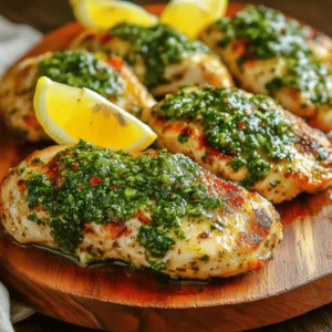 To make this dish, you will need a few key items. Here’s what you need: - 4 boneless, skinless chicken breasts - 1 cup fresh parsley, chopped - 1/2 cup olive oil - 1/4 cup red wine vinegar - 4 cloves garlic, minced These main ingredients create a tasty and juicy chicken. Fresh parsley gives the dish a bright flavor. The chicken breasts are the star, soaking up all the flavor from the chimichurri sauce. Seasonings play a big role in this recipe. Here are the essential ones: - 1 teaspoon red pepper flakes - 1 teaspoon dried oregano - Salt and pepper to taste Red pepper flakes add a little heat, while oregano brings a warm, earthy taste. Salt and pepper enhance all the flavors, so don’t skip these! Garnishes add the final touch to your dish. You can use: - Lemon wedges for serving Serving with lemon wedges gives a zesty flavor. Squeeze fresh lemon juice over the chicken for an extra kick. For more details, check the Full Recipe. Start by gathering your fresh ingredients. You will need parsley, olive oil, red wine vinegar, garlic, red pepper flakes, and dried oregano. In a mixing bowl, add 1 cup of chopped parsley. Pour in 1/2 cup of olive oil and 1/4 cup of red wine vinegar. Next, add 4 cloves of minced garlic. Sprinkle in 1 teaspoon of red pepper flakes and 1 teaspoon of dried oregano. Season with salt and pepper to taste. Mix all the ingredients well. This sauce brings a bright, zesty flavor to your chicken. Now, take 4 boneless, skinless chicken breasts. Pat them dry using paper towels. This helps the seasoning stick better. Season both sides of the chicken generously with salt and pepper. Place the chicken breasts in a baking dish. Pour half of your chimichurri sauce over the chicken. Make sure each piece is well coated. Set aside the other half of the sauce for later. Preheat your oven to 400°F (200°C). Once the oven is hot, place your baking dish inside. Bake the chicken for 25 to 30 minutes. You want the chicken to reach an internal temperature of 165°F (75°C). This ensures it is safe to eat. After baking, remove the dish from the oven. Let the chicken rest for 5 minutes before slicing. This keeps the juices inside. Serve the chicken on a platter, drizzled with the reserved chimichurri sauce. Add lemon wedges on the side for a fresh touch. For the full recipe, check the recipe card above. To get juicy chicken, start with even pieces. Cut your chicken breasts to the same size. This helps them cook evenly. Use a meat thermometer to check the center. When it hits 165°F (75°C), it’s done. Let it rest for five minutes after baking. This keeps all the tasty juices inside. The chimichurri sauce makes this dish shine. Use fresh herbs for a bright taste. Chop parsley finely, and don’t skip the garlic. It adds great flavor. If you want more heat, add extra red pepper flakes. A splash of lemon juice boosts the freshness. Mix your sauce a few hours ahead for deeper flavor. Serve the chicken on a big platter. Drizzle the extra chimichurri sauce on top. This makes it look nice and adds flavor. Pair it with lemon wedges for a zesty kick. Add a side of rice or roasted veggies to complete the meal. This dish is perfect for family dinners or gatherings. Check out the Full Recipe to make it at home! {{image_2}} You can switch chicken breasts for thighs in this dish. Chicken thighs are juicier and have more flavor. They cook well with the chimichurri sauce, adding a rich taste. When you bake them, make sure they reach 165°F (75°C) just like the breasts. They may take a little longer to cook, about 30-35 minutes. Thighs will keep your meal tender and tasty. If you want a vegetarian option, use portobello mushrooms instead of chicken. Their meaty texture makes them a great choice. Just marinate the mushrooms in the chimichurri sauce for about 30 minutes. Then, bake them at 400°F (200°C) for 20-25 minutes. This gives them a deep flavor. You can serve them on a bed of rice or with a side salad for a full meal. You can customize the chimichurri sauce by adding different herbs. Try cilantro for a fresh twist or basil for a sweet taste. You can also mix in mint for a cool flavor. Each herb changes the sauce’s taste and makes it unique. Feel free to experiment with what you have at home. This way, you can create a dish that fits your personal taste. For the complete recipe, check the [Full Recipe]. After enjoying your baked chimichurri chicken, store leftovers in a safe way. Place the chicken in an airtight container. This keeps it fresh and tasty. You can keep it in the fridge for up to four days. Make sure to add some of the chimichurri sauce for extra flavor. When you want to reheat your chicken, there are easy steps to follow. Preheat your oven to 350°F (175°C). Place the chicken on a baking sheet. Cover it with foil to keep it moist. Heat for about 15-20 minutes or until warm. You can also use a microwave. Just heat for 1-2 minutes, checking often to avoid overcooking. If you want to save your chicken for later, freezing works well. Wrap each piece tightly in plastic wrap. Then, place them in a freezer bag. This helps avoid freezer burn. You can freeze the chicken for up to three months. When ready to eat, thaw it overnight in the fridge before reheating. For best results, use the chimichurri sauce within the same time frame. For the full recipe, please click [Full Recipe]. Yes, you can use dried herbs. They work well but have a different flavor. Use about one-third of the amount. For example, if the recipe calls for one cup of fresh parsley, use about one-third cup of dried parsley. Dried herbs are more concentrated, so you need less. Baked Chimichurri Chicken pairs well with many sides. Here are some ideas: - Rice or quinoa for a filling base. - Roasted vegetables for a colorful plate. - A fresh salad for a light touch. - Tortillas for a fun wrap option. You can also serve it with crusty bread to soak up the extra chimichurri sauce. Chimichurri sauce can be spicy, but it depends on how much red pepper you add. The recipe calls for one teaspoon of red pepper flakes, which gives a mild heat. If you want more spice, add more flakes or fresh chili peppers. Adjust the heat to your taste. The sauce should enhance the chicken, not overpower it. For the full recipe, check the detailed instructions above. Baked Chimichurri Chicken is easy to make and full of flavor. We covered the main ingredients, tips for cooking, and how to store leftovers. You learned how to make the sauce and bake the chicken perfectly. Don't forget to try different herbs or make a vegetarian version. Now, you can enjoy this dish anytime. It’s a great meal for busy days or special occasions. With this guide, cooking will feel fun and tasty. Get ready to impress with your new skills!
