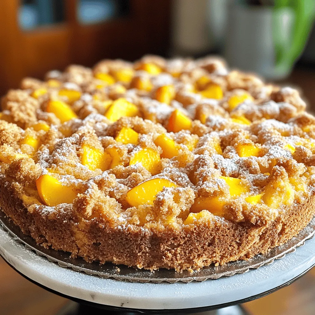- 2 cups all-purpose flour - 1 cup granulated sugar - 1/2 cup unsalted butter, softened - 1 cup sour cream - 2 large eggs - 1 teaspoon vanilla extract - 1 1/2 teaspoons baking powder - 1 teaspoon baking soda - 1/2 teaspoon salt - 2-3 ripe peaches, pitted and diced - 1 tablespoon lemon juice - 1/2 teaspoon ground cinnamon For my Southern Peach Crumb Cake, I love using fresh, ripe peaches. Their natural sweetness shines through in every bite. The buttery cake pairs well with the juicy fruit. You’ll want to pick peaches that are soft but not too mushy. This keeps the cake light and fluffy. The sour cream adds moisture and tang. It balances the sweetness of the sugar. I also use both baking powder and baking soda. This helps the cake rise perfectly. Each ingredient plays a key role in getting that soft, dense texture. - 1 cup all-purpose flour - 1/2 cup brown sugar, packed - 1/4 cup unsalted butter, melted - 1/2 teaspoon ground cinnamon The crumb topping is a delightful finish. It gives a crunchy texture to the soft cake. I mix brown sugar into the topping for a hint of caramel flavor. The cinnamon adds warmth and depth. This topping is easy to make and adds a special touch. For the full recipe, check the details above. Happy baking! 1. Preheat your oven to 350°F (175°C). Grease and flour a 9x13 inch baking dish. 2. In a large bowl, cream together the softened butter and granulated sugar. Mix until light and fluffy. 3. Add in the eggs, one at a time, and then the vanilla extract. Mix well after each addition. 4. Gently fold in the sour cream until it is fully incorporated. 1. In a separate bowl, combine the dry ingredients. This includes flour, baking powder, baking soda, and salt. 2. Gradually incorporate the dry mixture into the wet batter. Stir just until combined. 1. Prepare the peaches by pitting and dicing them. Toss the peaches with lemon juice. 2. Fold the diced peaches into the batter gently. Be careful not to mash them. 3. In a small bowl, mix the crumb topping ingredients: flour, brown sugar, melted butter, and cinnamon. Mix until crumbly. 4. Sprinkle the crumb topping evenly over the peach batter. 5. Bake the cake in the preheated oven for 35-40 minutes. Check for readiness by inserting a toothpick in the center. It should come out clean. For the full recipe, check the details above. Enjoy your baking! To get the best crumb texture, focus on the butter. Use softened butter, not melted. This helps trap air and makes your cake fluffy. When mixing, beat the butter and sugar until light and fluffy. It takes about three to four minutes. Measuring flour correctly is key. Use the spoon and level method. First, fluff up the flour in its container. Then, use a spoon to scoop flour into your measuring cup. Finally, level it off with a knife. This method prevents packing and gives you the right amount. Too much flour can make your cake dry. Serve your cake warm for the best flavor. A scoop of vanilla ice cream on the side makes it even better. The cold ice cream pairs well with the warm cake. You can also dust the top with powdered sugar for a nice finish. For drinks, sweet tea or iced coffee works great. They enhance the fruity flavors of the cake. If you want extra toppings, consider fresh whipped cream or a drizzle of caramel sauce. These add a rich touch that many will love. Enjoy making this Southern Peach Crumb Cake! For the full recipe, check the earlier section. {{image_2}} You can change this recipe by using different fruits. Try blueberries, cherries, or apples. Each fruit adds its own taste. I love mixing peaches with raspberries for a tart twist. You can also blend flavors, like using peaches and strawberries. This makes the cake taste fresh and bright. Think about spices, too. You can use cardamom with pears for a warm flavor. Cinnamon pairs well with apples, giving a cozy feel. The fun part is experimenting until you find your favorite mix! For a gluten-free option, swap the all-purpose flour. Use a gluten-free blend instead. This keeps the cake light and fluffy. You won’t lose any flavor, trust me! If you need a vegan version, replace eggs with flax eggs. Mix one tablespoon of flaxseed meal with three tablespoons of water. Let it sit until thick. For dairy, swap sour cream with coconut yogurt. This keeps the cake moist and adds a lovely taste. These easy swaps let everyone enjoy this cake without worry. You can find the full recipe to try all these options! To store the Southern Peach Crumb Cake at room temperature, place it in an airtight container. This keeps the cake fresh for about two days. If you want to keep it longer, I recommend refrigerating it. Wrap the cake in plastic wrap, then place it in a container. This method can keep the cake good for up to one week. If you have leftover cake, freezing is a great option. First, let the cake cool completely. Then, slice the cake into pieces. Wrap each piece tightly in plastic wrap. Place the wrapped pieces in a freezer bag to prevent freezer burn. You can freeze the cake for up to three months. When you're ready to enjoy it, take the cake out of the freezer. Thaw it in the fridge overnight for the best texture and flavor. You can also let it sit at room temperature for about two hours. This keeps the cake soft and tasty. Can I use canned peaches instead of fresh? Yes, you can use canned peaches. Just make sure to drain them well. Fresh peaches give the best flavor, but canned work too. How can I tell when the cake is done baking? Stick a toothpick in the center. If it comes out clean, the cake is done. Look for a golden-brown top and firm sides. Is it possible to make this cake ahead of time? Yes, you can bake it a day before. Just store it covered at room temperature. Reheat slightly before serving for the best taste. What are some common mistakes to avoid when making this cake? - Don’t overmix the batter; this can make the cake tough. - Use ripe peaches for the best flavor. - Measure flour correctly, as too much can ruin the texture. Basic nutritional info per serving: - Calories: 250 - Protein: 3g - Fat: 10g - Carbohydrates: 38g - Fiber: 1g - Sugar: 15g Suggestions for reducing sugar or calories: - Use less sugar in the batter. - Substitute applesauce for some butter. - Try using a sugar substitute for fewer calories. For the full recipe, check out the detailed instructions and enjoy making this delightful cake! In this blog post, we explored how to make a delicious Southern Peach Crumb Cake. We discussed key ingredients, including fresh peaches and the right balance of flour and sugar. I shared detailed steps to guide you through each part of the process. Tips for perfection and variations ensure your cake stays fresh. With proper storage and answers to common questions, you can enjoy this treat anytime. Trust me, this cake will impress your family and friends!