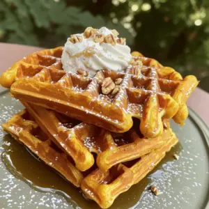 - 1 cup all-purpose flour - 1 tablespoon baking powder - 1 teaspoon ground cinnamon - 1/2 teaspoon ground nutmeg - 1/2 teaspoon ground ginger - 1/4 teaspoon salt - 1 cup pumpkin puree - 2 large eggs - 1/4 cup brown sugar - 1/2 cup milk (or plant-based milk) - 1/4 cup melted butter (plus more for greasing the waffle iron) - 1/2 cup unsalted butter - 1/2 cup maple syrup - 1/4 teaspoon ground cinnamon In this recipe, I use a mix of dry and wet ingredients to create a rich batter. The dry ingredients give structure, while the wet ingredients add moisture and flavor. The key spices, like cinnamon and nutmeg, give the waffles a warm, cozy taste. When choosing your pumpkin puree, I recommend using canned for ease. It saves time and tastes great. For the brown butter syrup, watch the butter closely as it cooks. It turns a lovely golden brown and adds a nutty flavor that pairs perfectly with the pumpkin. This combination of ingredients makes for a delightful breakfast. You can find the full recipe to guide you through the steps to make these delicious spiced pumpkin waffles with brown butter syrup. Enjoy the process and the wonderful smells that fill your kitchen! First, preheat your waffle iron. Make sure to grease it well with melted butter. This helps the waffles not stick. In a large bowl, get your dry ingredients ready. Whisk together the flour, baking powder, cinnamon, nutmeg, ginger, and salt. This mix gives the waffles their warm spice flavor. In another bowl, combine the wet ingredients. Mix the pumpkin puree, eggs, brown sugar, milk, and melted butter until smooth. Now, pour the wet mix into the dry mix. Gently fold them together until just combined. Don't worry if there are a few lumps; it’s okay! Now it’s time to cook! Pour about 1/2 cup of batter into the preheated waffle iron. Close the lid and let it cook until golden brown and crispy. This usually takes around 3-5 minutes, but check your iron's instructions. Repeat until all the batter is used. The smell will be amazing! While the waffles cook, let's make the brown butter syrup. Start by melting the butter in a saucepan over medium heat. Watch it closely as it turns golden brown. This step takes about 3-5 minutes. The nutty smell means it’s ready! Once browned, take the pan off the heat. Stir in the maple syrup and cinnamon. Mix well and set aside to cool slightly. This syrup pairs perfectly with your waffles. For the full recipe, check out the details above. Enjoy your delicious spiced pumpkin waffles! To make the best spiced pumpkin waffles, follow some simple tips. First, avoid overmixing the batter. If you mix too much, your waffles can turn out tough. Instead, mix until just combined. A few lumps are okay! Second, always use a preheated waffle iron. A hot iron helps your waffles become crispy and golden brown. When it's time to serve, stack your waffles high. You can sprinkle some cinnamon on top for a warm touch. A dollop of whipped cream adds a creamy finish. Want to add more flavor? Toss on some chopped pecans or walnuts. These give a nice crunch and extra taste. You can switch out some ingredients for a healthier twist. Try using whole wheat flour or gluten-free flour instead of all-purpose flour. This makes the waffles more nutritious. You can also play with spices. Add cloves or allspice for a unique flavor. This gives your waffles a special touch and keeps things interesting. {{image_2}} Want to mix things up? Adding chocolate chips to your pumpkin waffles makes them sweet and fun. The little bursts of chocolate add joy to every bite. You can also toss in cranberries or walnuts. These ingredients add a nice crunch and a tart flavor that contrasts the sweet pumpkin. Both options are perfect for a cozy fall breakfast. If you want to make these waffles vegan, swap the eggs and milk for plant-based options. Try using flax eggs or applesauce as a binder. For milk, almond or oat milk works well. You can also use sugar substitutes for a low-calorie version. Options like stevia or coconut sugar give you sweetness without the extra calories. To make your meal even better, serve the waffles with fresh fruit. Sliced bananas or berries add a burst of flavor and color. You could also include a yogurt dip, which adds creaminess. Pair your waffles with a warm drink, like chai or hot cocoa. These drinks keep you warm and add to the cozy vibe. Enjoy your tasty treat! You can store leftover waffles in the fridge for up to 3 days. Place them in an airtight container to keep them fresh. When you're ready to enjoy them, reheat in the toaster or oven for the best results. This way, they stay crispy and delicious. Freezing these waffles is a great option. First, cook them and then lay them flat on a baking sheet. Separate each waffle with parchment paper to avoid sticking. Once frozen, transfer them to a freezer bag. You can reheat them straight from frozen. Use the toaster for a crispy finish or microwave for a quick warm-up. The brown butter syrup can be stored in the fridge for up to a week. Let it cool before pouring it into a jar. When you want to use it again, reheat gently in a saucepan or microwave. This syrup will add a sweet touch to your waffles every time! For the full recipe, check the earlier section. Cooking time varies by waffle iron; generally 3-5 minutes is ideal. You want to check the color. The waffles should be golden brown. If your waffles are not brown after 5 minutes, you might need to adjust your iron's settings. Yes, canned pumpkin puree is perfect for these waffles. It saves time and gives great flavor. Just make sure you use plain pumpkin puree, not pumpkin pie filling. The filling has added sugar and spices that may change the taste. Ensure the waffle iron is preheated well and do not overmix the batter. Overmixing can make the waffles tough. A few lumps in the batter are fine. The preheated iron helps create a nice crispy outside. For extra crunch, you can add a bit of cornstarch to your flour mix. Enjoy the texture! For the full recipe, check [Full Recipe]. These pumpkin waffles combine simple dry and wet ingredients for a delicious treat. You prepare a rich brown butter syrup to top them off. I shared tips for perfecting your waffles and offered fun variations. You can store leftovers easily or even freeze them for later. Enjoy experimenting with toppings or dietary swaps. These waffles are more than a meal; they bring joy and comfort. Now, gather your ingredients and start making some homemade fun!