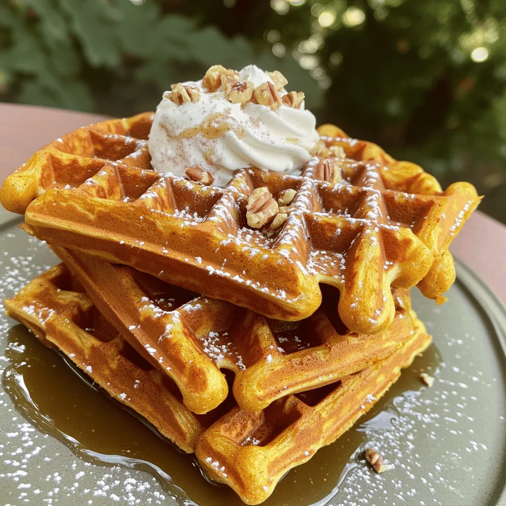 - 1 cup all-purpose flour - 1 tablespoon baking powder - 1 teaspoon ground cinnamon - 1/2 teaspoon ground nutmeg - 1/2 teaspoon ground ginger - 1/4 teaspoon salt - 1 cup pumpkin puree - 2 large eggs - 1/4 cup brown sugar - 1/2 cup milk (or plant-based milk) - 1/4 cup melted butter (plus more for greasing the waffle iron) - 1/2 cup unsalted butter - 1/2 cup maple syrup - 1/4 teaspoon ground cinnamon In this recipe, I use a mix of dry and wet ingredients to create a rich batter. The dry ingredients give structure, while the wet ingredients add moisture and flavor. The key spices, like cinnamon and nutmeg, give the waffles a warm, cozy taste. When choosing your pumpkin puree, I recommend using canned for ease. It saves time and tastes great. For the brown butter syrup, watch the butter closely as it cooks. It turns a lovely golden brown and adds a nutty flavor that pairs perfectly with the pumpkin. This combination of ingredients makes for a delightful breakfast. You can find the full recipe to guide you through the steps to make these delicious spiced pumpkin waffles with brown butter syrup. Enjoy the process and the wonderful smells that fill your kitchen! First, preheat your waffle iron. Make sure to grease it well with melted butter. This helps the waffles not stick. In a large bowl, get your dry ingredients ready. Whisk together the flour, baking powder, cinnamon, nutmeg, ginger, and salt. This mix gives the waffles their warm spice flavor. In another bowl, combine the wet ingredients. Mix the pumpkin puree, eggs, brown sugar, milk, and melted butter until smooth. Now, pour the wet mix into the dry mix. Gently fold them together until just combined. Don't worry if there are a few lumps; it’s okay! Now it’s time to cook! Pour about 1/2 cup of batter into the preheated waffle iron. Close the lid and let it cook until golden brown and crispy. This usually takes around 3-5 minutes, but check your iron's instructions. Repeat until all the batter is used. The smell will be amazing! While the waffles cook, let's make the brown butter syrup. Start by melting the butter in a saucepan over medium heat. Watch it closely as it turns golden brown. This step takes about 3-5 minutes. The nutty smell means it’s ready! Once browned, take the pan off the heat. Stir in the maple syrup and cinnamon. Mix well and set aside to cool slightly. This syrup pairs perfectly with your waffles. For the full recipe, check out the details above. Enjoy your delicious spiced pumpkin waffles! To make the best spiced pumpkin waffles, follow some simple tips. First, avoid overmixing the batter. If you mix too much, your waffles can turn out tough. Instead, mix until just combined. A few lumps are okay! Second, always use a preheated waffle iron. A hot iron helps your waffles become crispy and golden brown. When it's time to serve, stack your waffles high. You can sprinkle some cinnamon on top for a warm touch. A dollop of whipped cream adds a creamy finish. Want to add more flavor? Toss on some chopped pecans or walnuts. These give a nice crunch and extra taste. You can switch out some ingredients for a healthier twist. Try using whole wheat flour or gluten-free flour instead of all-purpose flour. This makes the waffles more nutritious. You can also play with spices. Add cloves or allspice for a unique flavor. This gives your waffles a special touch and keeps things interesting. {{image_2}} Want to mix things up? Adding chocolate chips to your pumpkin waffles makes them sweet and fun. The little bursts of chocolate add joy to every bite. You can also toss in cranberries or walnuts. These ingredients add a nice crunch and a tart flavor that contrasts the sweet pumpkin. Both options are perfect for a cozy fall breakfast. If you want to make these waffles vegan, swap the eggs and milk for plant-based options. Try using flax eggs or applesauce as a binder. For milk, almond or oat milk works well. You can also use sugar substitutes for a low-calorie version. Options like stevia or coconut sugar give you sweetness without the extra calories. To make your meal even better, serve the waffles with fresh fruit. Sliced bananas or berries add a burst of flavor and color. You could also include a yogurt dip, which adds creaminess. Pair your waffles with a warm drink, like chai or hot cocoa. These drinks keep you warm and add to the cozy vibe. Enjoy your tasty treat! You can store leftover waffles in the fridge for up to 3 days. Place them in an airtight container to keep them fresh. When you're ready to enjoy them, reheat in the toaster or oven for the best results. This way, they stay crispy and delicious. Freezing these waffles is a great option. First, cook them and then lay them flat on a baking sheet. Separate each waffle with parchment paper to avoid sticking. Once frozen, transfer them to a freezer bag. You can reheat them straight from frozen. Use the toaster for a crispy finish or microwave for a quick warm-up. The brown butter syrup can be stored in the fridge for up to a week. Let it cool before pouring it into a jar. When you want to use it again, reheat gently in a saucepan or microwave. This syrup will add a sweet touch to your waffles every time! For the full recipe, check the earlier section. Cooking time varies by waffle iron; generally 3-5 minutes is ideal. You want to check the color. The waffles should be golden brown. If your waffles are not brown after 5 minutes, you might need to adjust your iron's settings. Yes, canned pumpkin puree is perfect for these waffles. It saves time and gives great flavor. Just make sure you use plain pumpkin puree, not pumpkin pie filling. The filling has added sugar and spices that may change the taste. Ensure the waffle iron is preheated well and do not overmix the batter. Overmixing can make the waffles tough. A few lumps in the batter are fine. The preheated iron helps create a nice crispy outside. For extra crunch, you can add a bit of cornstarch to your flour mix. Enjoy the texture! For the full recipe, check [Full Recipe]. These pumpkin waffles combine simple dry and wet ingredients for a delicious treat. You prepare a rich brown butter syrup to top them off. I shared tips for perfecting your waffles and offered fun variations. You can store leftovers easily or even freeze them for later. Enjoy experimenting with toppings or dietary swaps. These waffles are more than a meal; they bring joy and comfort. Now, gather your ingredients and start making some homemade fun!