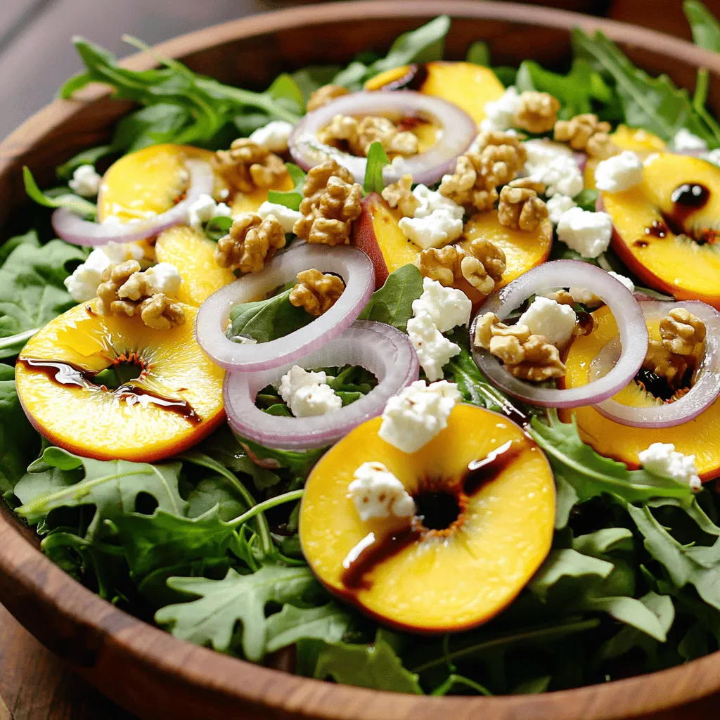- Ripe peaches - Feta cheese - Mixed greens - Red onion - Walnuts For this salad, you need ripe peaches. They should feel soft but not mushy. Feta cheese brings a salty creaminess that balances the sweet peaches. Use mixed greens like arugula, spinach, and romaine for a fresh base. Thinly slice red onion for a slight kick. Toasted walnuts add a nice crunch and nutty flavor. - Balsamic glaze - Olive oil - Salt and pepper These pantry staples enhance your salad. Balsamic glaze adds sweetness and depth. A drizzle of olive oil keeps it rich and smooth. Season with salt and pepper to bring out all the flavors. - Additional nuts - Fresh herbs - Alternative dressings You can customize your salad. Add more nuts like pecans or almonds for extra crunch. Fresh herbs like basil or mint can brighten the dish. Try different dressings, too, if you want to switch it up. This Simple Peach Feta Salad is all about fresh flavors and your personal touch. Check the Full Recipe for more details. Start with your mixed greens. Wash them well and spin them dry. This step keeps the salad crisp. Use a mix of arugula, spinach, and romaine for great flavor. Next, slice the peaches. Choose ripe peaches for sweetness. Cut them into thin wedges. This way, they blend nicely with the greens. Now, grab a large salad bowl. Combine the mixed greens and peach slices in the bowl. Add crumbled feta cheese and thinly sliced red onion. This mix creates a colorful and tasty dish. When it’s time to toss the salad, do it gently. Use two large spoons to lift and turn the ingredients. This keeps the peaches and feta intact. Toasting walnuts is key for flavor. It brings out their nutty richness. Heat a small skillet over medium heat. Add the walnuts and stir them for 3-5 minutes. You’ll know they’re ready when they smell great and turn golden brown. Let the walnuts cool before adding them to the salad. This adds a nice crunch and depth to your dish. For the full recipe, check the [Full Recipe]. When picking peaches, look for ripe ones. Ripe peaches feel slightly soft and smell sweet. If they are too soft, they may be overripe. Overripe peaches can be mushy and lose flavor. You want peaches that are in season. Late summer is the best time for juicy, fresh peaches. This salad shines with a mix of sweet and salty. The peaches are sweet while feta adds saltiness. You can also add herbs like mint or basil for freshness. A sprinkle of black pepper gives a nice kick too. For extra depth, consider using a touch of chili flakes. Pair this salad with grilled chicken or fish for a complete meal. It also goes well with crusty bread or a light soup. To make it pretty, serve in a clear bowl. Layer the greens, and then add the peaches and feta on top. Drizzle the dressing last for a beautiful finish. For the full recipe, check out the details above! {{image_2}} You can switch fruits based on what’s fresh. In summer, use juicy peaches. In fall, swap for apples or pears. You can also add protein like grilled chicken or shrimp. This makes the salad a full meal. For a vegan version, skip the feta. Use avocado for creaminess instead. For gluten-free options, check your balsamic glaze. Some brands add gluten. Choose one that’s safe for you. Try different dressings to change the taste. A honey mustard or lemon vinaigrette works well. You can also add spices like black pepper or fresh herbs like basil. Zest from a lemon or lime adds a nice zing, too. Want to try the full experience? Check out the Full Recipe for more details! To store leftover salad, place it in an airtight container. This keeps the salad fresh longer. If you have extra dressing, store it separately. Avoid mixing it with the salad to prevent sogginess. Keep the salad in the fridge right after serving. You should serve leftover salad cold. If you prefer, let it sit at room temperature for a few minutes. Just remember, do not heat it in the microwave. The freshness of the peaches and greens is best enjoyed cold. The salad lasts about 2-3 days in the fridge. After this time, check for spoilage. Signs include brown or slimy greens and mushy peaches. If you see any of these signs, toss the salad out. Enjoy your Simple Peach Feta Salad while it’s fresh! For the full recipe, check out the section earlier in this article. Yes, you can prepare parts ahead of time. You can wash and dry the mixed greens a day before. Store them in a sealed container with a paper towel. This keeps them crisp. Slice the peaches just before serving. They can brown quickly. You can also crumble the feta and toast the walnuts in advance. Mix everything just before serving for the best taste. If you don’t have feta, you can try goat cheese. It has a creamy texture and tangy taste. Another option is ricotta, which is milder. You might also like using blue cheese for a stronger flavor. Each cheese will change the salad's taste. Choose based on your preference. To ripen peaches fast, place them in a paper bag. The bag traps ethylene gas and speeds up ripening. You can also add an apple or banana to the bag. These fruits release more ethylene. Keep the bag at room temperature. Check daily until they are soft. Enjoy your ripe peaches in the Simple Peach Feta Salad! This blog post covered how to create a Simple Peach Feta Salad. We discussed fresh ingredients like ripe peaches, feta cheese, and walnuts. I shared tips for perfect prep and assembly. You learned about storage, variations, and flavor twists, too. This salad is easy to make, refreshing, and fits many diets. Enjoy experimenting with flavors and fresh ingredients. Your perfect salad awaits!
