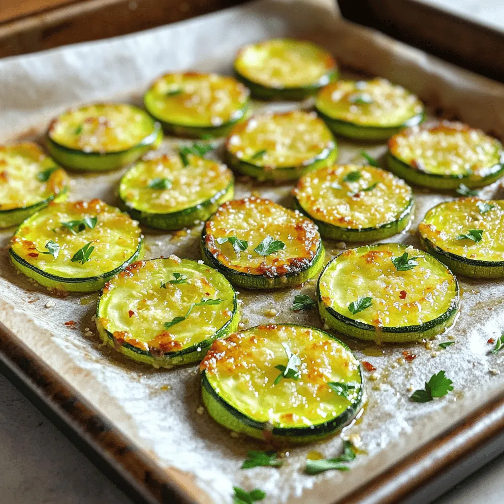 - 4 medium zucchinis, sliced into rounds - 3 tablespoons olive oil - 4 cloves garlic, minced - 1 cup grated Parmesan cheese - 1 teaspoon Italian seasoning - 1 teaspoon red pepper flakes (optional for heat) - Salt and black pepper to taste - Fresh parsley, chopped (for garnish) When picking zucchinis, look for firm ones. They should feel heavy for their size. Avoid any with soft spots or blemishes. A bright green color means freshness. Choose smaller zucchinis for a sweeter taste. Larger zucchinis can be watery and less tasty. Fresh ingredients make a big difference. They enhance flavor and texture. Fresh garlic gives a strong aroma and taste. Quality Parmesan adds a rich, nutty flavor. Fresh herbs like parsley brighten up the dish. Using the best ingredients means a better meal. Always aim for fresh when cooking. This will elevate your Garlic Parmesan Roasted Zucchini to a new level. If you want the full experience, check out the Full Recipe. - Preheating the Oven Start by preheating your oven to 425°F (220°C). This heat level helps the zucchini roast well. - Combining Ingredients in Mixing Bowl In a large mixing bowl, gather your sliced zucchinis, olive oil, minced garlic, and Italian seasoning. Toss the mixture gently until each piece of zucchini gets a nice coat. - Spreading Zucchini Mixture on Baking Sheet Line a baking sheet with parchment paper. Spread your zucchini mixture evenly across the sheet. Make sure not to overcrowd them. - Roasting Time and Technique Roast the zucchini in the preheated oven for about 20-25 minutes. Check for tenderness and a crispy, golden cheese topping. - Garnishing with Parsley After roasting, let the zucchini cool for a couple of minutes. Then, sprinkle fresh chopped parsley on top for a pop of color. - Tips for Serving Warm or Cold This dish tastes great warm or cold. Serve it right away, or save it for later. Enjoy it as a side dish or a healthy snack! For more details, check the full recipe. To get the best flavor and texture, follow these tips: - Cut the zucchini into even rounds. This helps them cook uniformly. - Use a large baking sheet. Crowding the pan can lead to steaming instead of roasting. - Toss the zucchini with olive oil well. This helps the cheese stick and enhances flavor. - Roast at a high temperature. The heat helps create a nice, crispy top. Avoid these common missteps for perfect roasted zucchini: - Don’t skip the salt. It enhances the flavor and draws out moisture. - Avoid using too much oil. It can make the zucchini greasy. - Don’t undercook the zucchini. Make sure it's tender and slightly golden. - Avoid leaving out the cheese. Parmesan adds a rich flavor that makes this dish shine. To take your Garlic Parmesan Roasted Zucchini to the next level, consider these ideas: - Add fresh herbs like thyme or basil for a fragrant twist. - Incorporate lemon zest for a bright, zesty taste. - Experiment with flavored oils, like garlic-infused olive oil, for an extra punch. - Mix in other veggies, like bell peppers or cherry tomatoes, for added color and taste. For the full recipe, check out my detailed instructions. {{image_2}} You can switch up the cheese for your Garlic Parmesan Roasted Zucchini. Try using grated mozzarella for a gooey texture. Feta cheese adds a nice tang. If you like a sharp taste, go for aged cheddar. Each cheese brings a unique flavor and melts differently. Experiment and find your favorite! Don’t limit yourself to just zucchini. You can mix in other vegetables for more color and taste. Bell peppers add sweetness, while asparagus gives a crunch. Carrots bring a gentle earthiness. Just make sure to cut them into similar sizes for even cooking. This way, all the veggies roast perfectly together. You can spice up your zucchini by adding different herbs and spices. Try smoked paprika for a smoky flavor. Cumin can give a warm, earthy taste. Fresh basil or thyme adds a lovely aroma. Don’t be afraid to get creative! The Full Recipe allows you to make this dish your own. After you enjoy your Garlic Parmesan Roasted Zucchini, store any leftovers properly. Let the zucchinis cool down first. Place them in an airtight container. They can last in the fridge for about three days. Make sure to separate them from other dishes to keep them fresh. If you want to save them for later, freezing is a great option. First, cool the zucchini completely. Lay them flat on a baking sheet. Freeze them for a few hours until solid. Then, transfer the frozen pieces to a freezer bag. They can last in the freezer for up to three months. However, keep in mind that the texture may change upon thawing. To enjoy your Garlic Parmesan Roasted Zucchini again, reheating is key. Preheat your oven to 350°F (175°C). Place the zucchini on a baking sheet. Heat for about 10-15 minutes or until warm. This method keeps the cheese crispy. You can also microwave them for a quicker option, but the texture won't be the same. For the best flavor, try to reheat in the oven! It takes about 20 to 25 minutes to roast zucchini. The key is to preheat your oven to 425°F (220°C). This high heat helps the zucchini cook fast and get crispy. Check for tenderness and watch for golden cheese on top to know it's ready. You can prepare the zucchini ahead of time. Slice the zucchini and mix it with oil and spices. Store it in the fridge for up to 24 hours before roasting. When ready, just spread it on a baking sheet and roast it. Freshly made is best, but this method can save time. Garlic Parmesan Roasted Zucchini goes well with many dishes. Serve it with grilled chicken, fish, or steak. It also pairs nicely with pasta or rice dishes. You can even add it to salads for extra flavor. Yes, you can use dried herbs instead of fresh. Dried herbs have a strong flavor, so use less. A half teaspoon of dried Italian seasoning works well. Just remember to mix it in with the other ingredients for the best taste. To prevent sogginess, make sure to slice the zucchini evenly. Thin slices roast better and cook faster. Also, avoid overcrowding on the baking sheet. Give each piece space to allow steam to escape. This way, your zucchini stays crisp and tasty. For the full recipe, check out the Garlic Parmesan Blissful Zucchini. This blog post walks you through making Garlic Parmesan Roasted Zucchini. We covered everything from fresh ingredients to step-by-step cooking. Remember to choose quality zucchini and use the right heat while roasting. You can also try other cheeses or veggies for fun flavors. Lastly, store leftovers properly to enjoy this dish later. Follow these tips, and you will create a tasty side every time. Enjoy cooking!