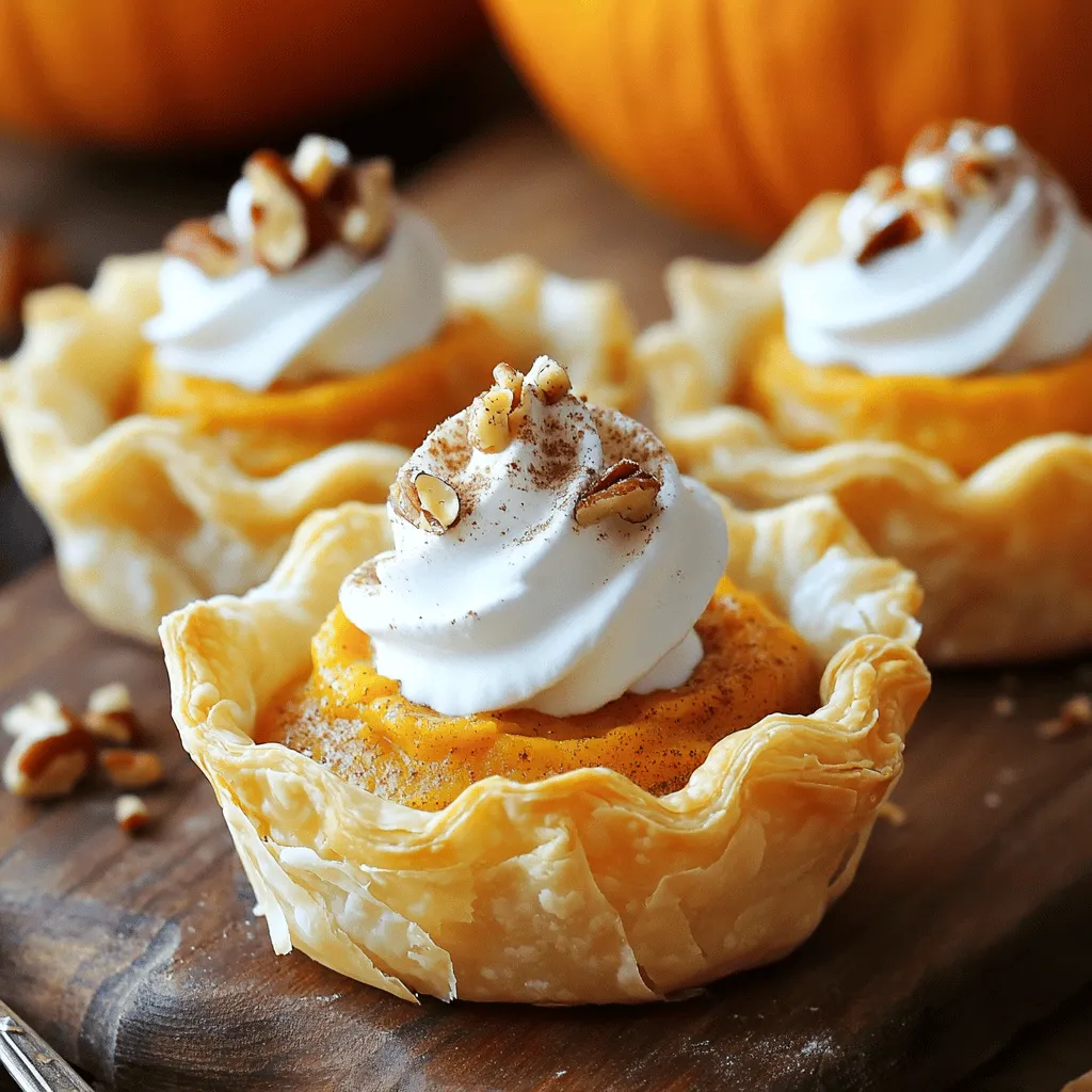 - 1 cup pumpkin puree - 1/2 cup sweetened condensed milk - 1/3 cup brown sugar - 1/2 teaspoon ground cinnamon - 1/4 teaspoon ground nutmeg - 1/4 teaspoon ground ginger - 1/8 teaspoon salt - 1 large egg - 1 package pre-made mini phyllo pastry shells - Optional toppings: whipped cream, crushed pecans To create these mini pumpkin pies, you need simple ingredients. First, pumpkin puree gives the pies their rich flavor. Sweetened condensed milk adds creaminess and sweetness. Brown sugar brings a deeper sweetness, while cinnamon, nutmeg, and ginger add warmth. The salt enhances all the flavors. An egg helps bind everything together. I love using pre-made mini phyllo pastry shells. They save time and add a nice crunch. You can top your pies with whipped cream or crushed pecans for a special touch. For the full recipe, check out the complete guide. - Preheat oven to 350°F (175°C). - In a mixing bowl, combine: - 1 cup pumpkin puree - 1/2 cup sweetened condensed milk - 1/3 cup brown sugar - 1/2 teaspoon ground cinnamon - 1/4 teaspoon ground nutmeg - 1/4 teaspoon ground ginger - 1/8 teaspoon salt - 1 large egg Whisk these ingredients until smooth. This mix creates the filling for your pies. Next, place the mini phyllo pastry shells on a baking sheet. Pour the pumpkin mixture into each shell, filling them about 3/4 full. Be careful not to overfill; this keeps the pies from spilling over. Bake your mini pumpkin pies for 25-30 minutes. The filling should set and the edges of the pastry should be golden. Check for doneness by gently shaking the baking sheet; the filling should be firm but still jiggle slightly. Let the pies cool for a few minutes before moving them to a wire rack. This cooling time helps the flavors meld. You can serve the mini pumpkin pies warm or at room temperature. They taste great either way! For a fun twist, top each pie with a dollop of whipped cream. If you like extra crunch, sprinkle crushed pecans on top. This adds flavor and texture, making each bite even better. You can find the full recipe for more details. To get the best filling, start with smooth pumpkin puree. You can use canned or make your own. If you make your own, roast the pumpkin first. This helps develop its flavor. For the filling, mix all ingredients well. Whisk until there are no lumps. A smooth mix helps your pies set nicely. Avoid overfilling the shells. Fill them about three-quarters full. This allows room for the filling to puff up while baking. Set your oven to 350°F (175°C). This temperature helps the filling cook evenly. Use the middle rack for the best results. To check if the pies are done, gently shake the pan. If the filling jiggles slightly, they are ready. You can also insert a toothpick. If it comes out clean, your pies are cooked. For garnishing, add a dollop of whipped cream. It makes the pies look fancy and adds creaminess. You can also sprinkle crushed pecans on top. This adds a nice crunch. Pair your mini pumpkin pies with warm cider or coffee. The flavors blend well and create a cozy treat. For the full recipe, check here: [Full Recipe]. {{image_2}} You can make vegan Mini Pumpkin Pies using plant-based substitutes. Replace the sweetened condensed milk with coconut milk. Use flaxseed meal mixed with water instead of the egg. This way, you can enjoy the same great taste without animal products. For gluten-free options, choose a gluten-free pie crust mix. Many brands offer good alternatives. You can also use almond flour to make a tasty crust. Just mix the flour with melted coconut oil and a bit of water. Press it into your muffin tins for a unique take. To switch up the flavor, try adding chocolate chips or caramel to the filling. Just sprinkle some chocolate chips before pouring in the pumpkin mixture. This adds a sweet twist that kids love. Drizzling caramel sauce on top makes it even better. You can also experiment with spices. Instead of just cinnamon, try adding cardamom or cloves. Each spice brings its own warmth and depth. Mixing different spices can create a whole new taste experience. If you want a different look, turn these pies into mini pumpkin pie bars. Just pour the filling into a greased baking dish instead of individual shells. Bake it like you would normally. Once cooled, cut into bars for easy serving. Another fun idea is to make a pumpkin pie tart. Use a larger crust and pour in the filling. Bake it until set, then slice it like a pie. This gives you a lovely presentation for gatherings. For the full recipe, check out the details above. To keep your mini pumpkin pies fresh, store them in the fridge. Place them in an airtight container. This helps keep them moist and tasty. If you plan to enjoy them later, freezing is a great option. Wrap each pie tightly in plastic wrap and then place them in a freezer bag. This way, they stay safe from freezer burn. Baked mini pumpkin pies can last about 3 to 4 days in the fridge. If you freeze them, they can last up to 2 months. Always check for spoilage before eating. Signs include a strange smell or mold. If you see any, it’s best to toss the pies. When you want to enjoy your mini pumpkin pies again, reheating is key. Use the oven for the best results. Preheat it to 350°F (175°C). Place the pies on a baking sheet for about 10-15 minutes. This method keeps the crust crispy and the filling warm. Avoid using the microwave, as it can make the crust soggy. Enjoy your mini pumpkin pies warm or at room temperature! For the full recipe, check the earlier sections. What can I substitute for sweetened condensed milk? You can use evaporated milk mixed with sugar. Combine 1/2 cup of evaporated milk with 1/4 cup of sugar. This mix gives a sweet touch similar to sweetened condensed milk. Can I make mini pumpkin pies in advance? Yes, you can! Make the filling and store it in the fridge. You can fill the shells right before baking. This helps keep the shells crisp. Is it necessary to use fresh pumpkin puree? No, it's not necessary. Canned pumpkin puree works well and saves time. It has a rich flavor, making your pies delicious. Can I use other types of pumpkins? Absolutely! You can use sugar pumpkins or pie pumpkins. These types have a sweeter taste and smoother texture. They make great mini pumpkin pies. How do I know when my mini pumpkin pies are done? Check the filling. It should be set and slightly firm. A toothpick inserted into the center should come out clean. The edges of the pastry should look golden. What are some alternatives to phyllo pastry shells? You can use graham cracker crusts for a different flavor. Mini tart shells are also a great option. Both will give your pies a tasty twist. You now have a complete guide to making mini pumpkin pies. We covered ingredients, steps, and tips for success. You learned about variations for different diets and how to store them properly. Remember, these bites of pumpkin goodness can be customized and enjoyed in many ways. Keep experimenting with flavors and serving styles. With this knowledge, you can impress friends and family at your next gathering. Happy baking!