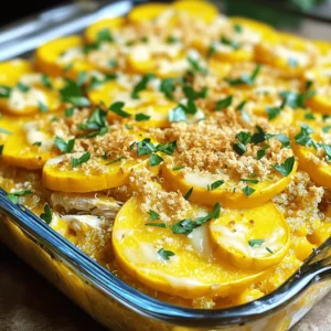For a tasty yellow squash casserole with chicken, you need simple and fresh ingredients. Here’s what you will need: - 2 cups yellow squash, thinly sliced - 2 cups cooked chicken, shredded - 1 cup cooked quinoa (or rice) - 1 cup grated cheddar cheese (divided) - 1 cup cream of chicken soup - 1 medium onion, finely chopped - 2 cloves garlic, minced - 1 teaspoon dried thyme - 1 teaspoon paprika - Salt and pepper to taste - 1 tablespoon olive oil - 1/2 cup breadcrumbs - Fresh parsley for garnish These ingredients come together to make a warm, savory dish. Each item plays a role in building flavor and texture. The yellow squash adds a subtle sweetness, while the chicken provides heartiness. The quinoa or rice gives a nice base, and the cheese adds creaminess. For details on how to put this all together, check out the Full Recipe. This dish is perfect for family meals or gatherings. You can even customize it based on what you have at home! - Preheat your oven to 350°F (175°C). - In a large skillet, heat olive oil over medium heat. - Add chopped onion and garlic. Sauté for about 5 minutes. - Add sliced yellow squash. Cook until tender, about 5-7 minutes. - In a big bowl, combine cooked chicken and quinoa. - Mix in the sautéed vegetables. - Add cream of chicken soup and seasonings. Stir until combined. - Transfer the mixture to a greased casserole dish. - Top with half of the cheddar cheese and then breadcrumbs. - Bake in the oven for 25-30 minutes. - Look for a golden brown top and bubbling edges. - Once done, let it cool for 5 minutes before serving. This full recipe is sure to delight everyone at your table! - Use fresh yellow squash for best flavor. Fresh squash tastes sweeter and has a nice crunch. - Ensure chicken is fully cooked and seasoned. This adds depth and warmth to the dish. - Adjust cheese according to preference. You can use more or less cheese based on your taste. - Serve with a side salad or bread. A light salad balances the rich flavors of the casserole. - Pair with a light wine or iced tea. This keeps the meal refreshing and enjoyable. - Prepare ingredients ahead of time. Chop squash and onions the night before for quick prep. - Use leftover chicken for quicker prep. It cuts down cooking time and adds great flavor. For the complete recipe, you can check out the Full Recipe link. {{image_2}} You can easily swap ingredients in this dish. Here are a couple of ideas: - Substitute quinoa with rice or a grain of choice. This change keeps the dish comforting and hearty. - Use different cheese, such as mozzarella or gouda, to alter the flavor. Each cheese adds a unique twist to the casserole. If you have specific dietary needs, you can still enjoy this recipe. Consider these adjustments: - Make it gluten-free by omitting breadcrumbs or using gluten-free options. This change allows more people to enjoy the dish. - Substitute cream of chicken soup with a vegan option. This way, those who prefer plant-based meals can indulge too. Want to elevate the taste? Here are some great ways to add more flavor: - Add spices like cumin or cayenne for a kick. This will give your casserole a warm, zesty touch. - Incorporate veggies like bell peppers or spinach. They not only improve the taste but also boost the nutrition of the dish. These variations allow you to customize your flavorful yellow squash casserole with chicken to your liking, ensuring that it fits your taste and dietary preferences. For the complete recipe, check out the Full Recipe. Store leftovers in an airtight container. This keeps them fresh and safe. The recommended shelf life in the fridge is 3-4 days. Eating it within this time helps avoid spoilage. Always check for any signs of spoilage before eating. Freeze in portions for easy meals later. Portioning helps you grab just what you need. When you're ready to eat, thaw overnight in the fridge before reheating. This slow thawing keeps the texture nice. Reheat in the oven for the best texture. This method warms the casserole evenly and keeps it from getting mushy. If you need a quick serving, use the microwave. Just be sure to cover it to avoid drying out. For the best taste, serve it warm and enjoy! Can I make Yellow Squash Casserole with Chicken ahead of time? Yes, you can prepare the casserole in advance. Just assemble it, cover it, and refrigerate. When you’re ready to cook, bake it straight from the fridge. This saves time on busy days. What can I use instead of cream of chicken soup? If you want a different option, try using cream of mushroom soup. You can also make a homemade version using milk, flour, and chicken broth. This gives you control over the flavors. How can I make the casserole spicier? To add heat, mix in red pepper flakes or cayenne pepper. You can also add diced jalapeños for a fresh kick. Spice it to your taste for a zesty twist. How many calories are in a serving? A serving of this casserole has about 350 calories. This can vary based on the chicken and cheese you use. Check your ingredients for the most accurate count. What are the carb counts with quinoa versus rice? Using quinoa gives you about 30 grams of carbs per serving. If you use rice, it can increase to about 40 grams. Quinoa is a great choice for lower carb meals. How many does this recipe serve? This recipe serves six people. It is perfect for a family meal or small gathering. You can easily double it for larger get-togethers. Can I scale the recipe for larger gatherings? Yes, just multiply each ingredient by the number of servings you need. Use a larger dish for baking. This way, you can serve a crowd without stress. For the full recipe, check the main article section. This blog post shared a tasty recipe for Yellow Squash Casserole with Chicken. You learned the key ingredients and step-by-step instructions for making it. We discussed tips for perfection and fun variations to try. You also got handy storage info and answers to common questions. With this recipe, you can create a warm and satisfying meal easily. Enjoy your cooking and share this dish with family and friends!