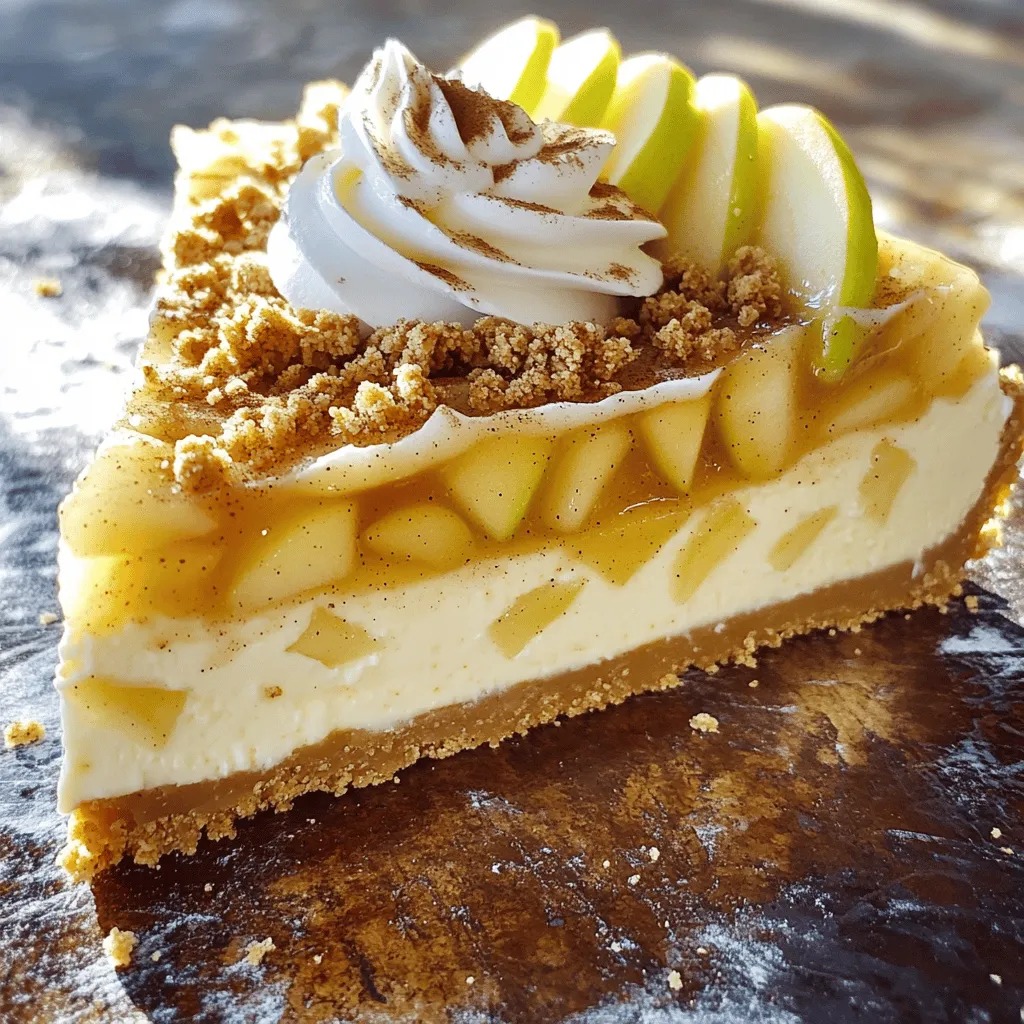 - 1 ½ cups graham cracker crumbs - ½ cup unsalted butter, melted - 1 cup cream cheese, softened - 1 cup granulated sugar - 1 teaspoon vanilla extract - 3 large eggs - 2 cups apples, peeled and diced (preferably Granny Smith) - 1 teaspoon cinnamon - ½ teaspoon nutmeg - ¼ cup brown sugar - 1 cup oats - ½ cup all-purpose flour - 9-inch springform pan - Mixing bowls - Electric mixer - Spatula - Toothpick Gathering all the right ingredients is key to making the perfect apple crumble cheesecake. I always start with fresh, tart apples like Granny Smith. Their crisp texture and tangy flavor balance the sweet filling well. You need a springform pan for easy removal. The graham cracker crumbs create a nice crust, and melted butter helps hold it together. The cream cheese gives the cheesecake its rich, creamy texture, while the sugar adds sweetness. Be sure to have cinnamon and nutmeg on hand. These spices bring warmth to the dish. The oats and flour contribute to the crumble topping, adding that crunchy finish that everyone loves. With all these ingredients ready, you're set to make a delicious dessert that will impress your friends and family. For the complete recipe, check out the Full Recipe section. Preheating the Oven Start by preheating your oven to 325°F (160°C). This step is important. It prepares the oven for even baking. Greasing the Springform Pan Next, take a 9-inch springform pan. Grease it well with cooking spray or melted butter. This helps the cheesecake come out easily later. Combining Graham Cracker Crumbs and Butter In a mixing bowl, combine 1 ½ cups of graham cracker crumbs with ½ cup of melted butter. Mix them well until the crumbs look like wet sand. Pressing the Crust into the Pan Now, press this crumb mixture firmly into the bottom of your greased pan. Make sure it is even. Bake this crust for 10 minutes and then let it cool. Mixing Cream Cheese and Sugar In another bowl, take 1 cup of softened cream cheese. Beat it with an electric mixer until smooth. Add in 1 cup of granulated sugar and 1 teaspoon of vanilla extract. Mix until combined. Incorporating Eggs and Vanilla Next, add 3 large eggs one by one. Mix well after each egg until the mixture is fluffy and smooth. Adding Apples and Spices Now, fold in 2 cups of diced apples, 1 teaspoon of cinnamon, and ½ teaspoon of nutmeg gently. Make sure everything is evenly mixed. Preparing the Crumble Mixture In a separate bowl, combine 1 cup of oats, ½ cup of all-purpose flour, and ¼ cup of brown sugar. Mix in a few tablespoons of melted butter until the mixture looks crumbly. Sprinkling Over the Cheesecake Evenly sprinkle this crumble mixture on top of your cheesecake layer. This adds a nice texture and flavor. Baking Time and Temperature Bake your cheesecake in the oven for 50-60 minutes. The center should be set but slightly jiggle when done. Use a toothpick to check; it should come out mostly clean. Cooling Inside the Oven Once baked, turn off the oven and crack the door open. Let the cheesecake cool in the oven for about an hour. This helps prevent cracks. Refrigerating Before Serving After it cools, cover the cheesecake and refrigerate for at least 4 hours or overnight. This allows the flavors to meld. You can find the Full Recipe above for all the details. Gluten-Free Options To make this cheesecake gluten-free, swap the graham cracker crumbs for gluten-free crumbs. You can find these at most grocery stores. If you want to make your own, use gluten-free cookies or nuts ground into crumbs. Dairy-Free Alternatives For a dairy-free version, use a dairy-free cream cheese. There are many good brands available. Substitute the butter with a plant-based option, like coconut oil or vegan butter. This will keep your cheesecake rich and creamy. Ensuring Creamy Texture For a smooth and creamy texture, make sure your cream cheese is very soft. Let it sit at room temperature for about an hour before mixing. Beat it well to avoid lumps. This helps to create a nice, fluffy filling. Tips for Easier Slicing To slice the cheesecake easily, use a sharp knife. Dip the knife in hot water, then wipe it dry before cutting. This helps the knife glide through the cheesecake without tearing it. Wipe the knife between slices for clean cuts. Serving Suggestions Serve each slice with a dollop of whipped cream or a scoop of vanilla ice cream. This adds a nice touch and complements the flavors well. You can also serve it with a warm caramel sauce for extra sweetness. Garnishing Ideas Garnish with thin apple slices and a sprinkle of cinnamon. This makes the dessert look beautiful and adds a pop of color. You can also top it with chopped nuts for crunch and flavor. {{image_2}} You can make your apple crumble cheesecake even more fun. Here are two great ideas: - Caramel Apple Crumble Cheesecake: Add a layer of caramel sauce to the apples. It gives a sweet twist that blends perfectly with the cream cheese. Just be sure to drizzle it on top before adding the crumble. - Pumpkin Spice Add-ins: For a fall twist, mix in some pumpkin spice with the apple filling. Use about a teaspoon for that warm flavor. This adds a cozy scent and taste to each bite. Switching up the crust can change the whole vibe of your cheesecake. Here are two simple options: - Oreo Cookie Crust: Crush Oreo cookies and mix them with melted butter. This creates a rich and chocolatey base that pairs well with the apple filling. Press it firmly into the pan for a solid crust. - Nut-Based Crust: For a gluten-free option, use nuts like almonds or pecans. Grind them finely and mix with melted butter. This adds a nice crunch and a nutty flavor that complements the cheesecake. Toppings can take your cheesecake to the next level. Here are some ideas to try: - Fresh Fruit Toppings: Sliced apples or berries make great toppings. They add color and freshness to each slice. You can also sprinkle some cinnamon on top for extra flavor. - Chocolate Drizzle: A simple chocolate drizzle can make your cheesecake look fancy. Melt some chocolate and drizzle it over the top. This adds a rich chocolate flavor that pairs well with apples. Feel free to mix and match these ideas. Your apple crumble cheesecake will shine no matter what! For the complete recipe, check out the Full Recipe. To keep your cheesecake fresh, store it in the fridge. Place it in an airtight container or cover it tightly with plastic wrap. This helps prevent it from absorbing other flavors. Your cheesecake will stay good for about 3 to 5 days. If you want to save your cheesecake for later, freezing works well. First, let the cheesecake cool completely. Then, slice it into portions. Wrap each slice in plastic wrap, then place them in a freezer-safe bag. This way, you can enjoy a slice anytime. It can last up to 2 months in the freezer without losing flavor. To reheat your cheesecake, take it out of the fridge or freezer. If frozen, let it thaw in the fridge overnight. For warm cheesecake, use the oven. Preheat it to 300°F (150°C). Place the cheesecake on a baking sheet and warm it for about 10 minutes. This will soften it without cooking it further. Enjoy your delicious Apple Crumble Cheesecake warm or cold! You can find the Full Recipe for this delight above. To make your cheesecake firmer, use cold ingredients. Cream cheese should be soft but not warm. Beat the eggs just until mixed. Overbeating can add air, which may cause cracks. Bake it slowly at a lower temperature. This helps the cheesecake set well without overcooking. Yes, you can use different apples. Granny Smith apples add a nice tartness. Honeycrisp or Fuji apples offer sweetness and crunch. Experimenting with varieties can change the flavor and texture. Just ensure the apples are firm and flavorful for the best results. Homemade cheesecake lasts about 5 to 7 days in the fridge. Keep it covered to prevent it from drying out. If you want to save it longer, freeze it. Wrapped tightly, it can last up to three months in the freezer. Both whipped cream and ice cream pair well. Whipped cream adds a light, fluffy touch. Ice cream gives a creamy, rich contrast. Choose based on your mood or the season. You can even serve both for a fun treat! Absolutely! This cheesecake is great for making ahead. Prepare it the day before and chill overnight. This allows the flavors to meld nicely. Just remember to let it cool before refrigerating. It will be ready to enjoy the next day! If your cheesecake cracks, don’t fret. It can still taste amazing! You can cover cracks with toppings like whipped cream or caramel. For next time, ensure your oven isn’t too hot. Use a water bath to help keep the moisture in while baking. In this blog post, I shared a simple recipe for a delicious cheesecake. You learned about the needed ingredients and equipment. I provided clear, step-by-step instructions for making, baking, and cooling the cheesecake. Plus, I included tips for substitutions and variations to suit your taste. Remember, practice helps make perfect. With each attempt, you’ll get better at baking this treat. Enjoy serving it to friends and family. Your homemade cheesecake will surely impress!