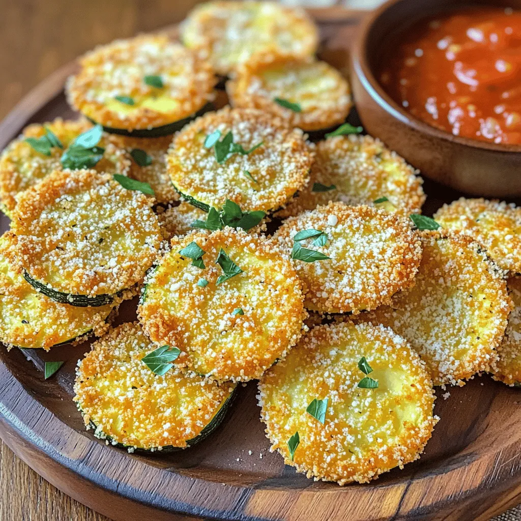 - 2 medium zucchinis, thinly sliced - 1 cup grated Parmesan cheese - 1 cup breadcrumbs (preferably whole wheat) - 2 teaspoons garlic powder - 1 teaspoon onion powder - 1 teaspoon dried oregano - ½ teaspoon salt - ½ teaspoon black pepper - 1 large egg - Cooking spray (for air frying) - Fresh herbs like basil or parsley - Spices suggestions - Air fryer - Shallow bowls - Cooking spray For this recipe, I love using fresh zucchinis. They add a nice crunch. Using whole wheat breadcrumbs gives a great texture. Parmesan cheese brings a savory flavor that makes these chips irresistible. If you want to boost the taste, fresh herbs like basil or parsley work wonders. You can also add spices like smoked paprika or cayenne for some heat. You'll need an air fryer to get that perfect crisp. Shallow bowls help with the breading process. Cooking spray is key to achieving a golden finish. Check out the [Full Recipe] for more details on how to make these crispy delights! - Washing and drying: Start by washing the zucchinis under cool water. Make sure you remove any dirt or grit. Once clean, dry them using a towel. This step helps the coating stick better. - Trimming and slicing: Trim both ends of the zucchinis. Slice them into thin rounds, about 1/8 inch thick. Thin slices will cook evenly and become crispier. - Mixing cheese and breadcrumbs: In a shallow bowl, combine 1 cup of grated Parmesan cheese and 1 cup of breadcrumbs. Add 2 teaspoons of garlic powder, 1 teaspoon of onion powder, 1 teaspoon of dried oregano, ½ teaspoon of salt, and ½ teaspoon of black pepper. Mix everything well to ensure even flavor. - Beating the egg: In another bowl, beat one large egg until it's smooth. This egg will help the coating stick to the zucchini. - Preheating the air fryer: Preheat your air fryer for about 5 minutes. Set it to 370°F (190°C). This step helps achieve a nice crunch. - Coating and arranging zucchini: Dip each zucchini slice into the egg first. Let any extra egg drip off. Then, coat it in the breadcrumb mixture. Press gently to help it stick. Place the coated chips in a single layer in the air fryer basket. Do not overcrowd them. - Cooking time and temperature: Lightly spray the tops of the chips with cooking spray. Air fry the zucchini chips for 10-12 minutes. Flip them halfway through for even cooking. They should be golden and crispy when done. Feel free to explore the [Full Recipe] as you enjoy making these delicious chips! To get crispy zucchini chips, slice them evenly. Thin slices, about 1/8 inch, help them cook well. You want them to be uniform in size to ensure even cooking. Set your air fryer to 370°F (190°C). This temperature works best for crisping the chips without burning them. Preheat it for about 5 minutes before adding the zucchini. Avoid overcrowding the basket. If you add too many zucchini slices at once, they will steam instead of crisp. It’s better to cook in batches for the best texture. Don’t skip the egg step. Dipping the zucchini in egg helps the coating stick. This step is key for a crunchy finish. For tasty dips, marinara sauce or yogurt dip works well. Both add a nice flavor contrast to the chips. You can also add spices or herbs. Try paprika for some heat or fresh basil for a herbaceous touch. Experimenting with flavors can make your zucchini chips even more exciting. {{image_2}} You can switch Parmesan for other cheeses. Cheddar works great for a sharp flavor. Mozzarella gives a nice melt. Feta adds a salty twist. Try a blend for fun! Each cheese brings its own taste, so feel free to mix and match. This makes your zucchini chips unique and tasty. Zucchini isn’t the only veggie you can use. Eggplant makes for a delicious alternative. Slice it thin like zucchini and follow the same steps. Sweet potatoes also work well. They add a sweet crunch that pairs nicely with cheese. Experiment with your favorite vegetables for a colorful platter! Want to spice things up? Add chili powder or cayenne for a kick. You can also mix in herbs like thyme or rosemary for extra flavor. For a cheesy mix, combine different cheeses in your breadcrumb mix. These small changes can create a whole new taste experience. Enjoy creating your perfect chip! To keep your leftover zucchini chips fresh, store them in an airtight container. Allow the chips to cool completely before sealing. This step prevents moisture buildup, which can make them soggy. You can keep them in the fridge for about 3 days. For longer freshness, consider freezing. To reheat your zucchini chips and keep them crispy, use your air fryer. Preheat it to 350°F (175°C). Place the chips in a single layer and heat them for about 3 to 5 minutes. This method helps restore their crunch. Avoid using the microwave, as it will make them soft. To freeze zucchini chips, first, let them cool completely. Next, spread them in a single layer on a baking sheet. Freeze them for about an hour until firm. Afterward, transfer the chips to a freezer bag or container. When ready to enjoy, reheat directly from frozen in your air fryer for a quick snack. To make your zucchini chips crispy, there are a few key tips. First, slice the zucchini thinly, about 1/8 inch thick. This helps them cook evenly and become crispy. Make sure to dry the slices after washing. This removes excess moisture. Also, coat them well in the breadcrumb mixture. Press gently to make the coating stick. Finally, avoid overcrowding the air fryer basket. This allows hot air to circulate, ensuring crispiness. Using frozen zucchini is not the best choice for this recipe. Frozen zucchini has more moisture than fresh. This can lead to soggy chips. If you have to use frozen zucchini, thaw it first and drain excess water. Pat them dry with paper towels before coating. However, fresh zucchini works best for a crispy texture. Zucchini chips taste great with many dips. Here are some suggested options: - Marinara sauce - Greek yogurt dip - Ranch dressing - Hummus These dips enhance the flavor and add variety to your snack. Leftovers can last up to 2 days in the fridge. Store them in an airtight container to keep them fresh. If you want to keep them longer, consider freezing. However, freezing may make them less crispy when reheated. If you don’t have an air fryer, no problem! You can bake the zucchini chips in the oven. Preheat your oven to 425°F (220°C). Place the coated zucchini slices on a baking sheet lined with parchment paper. Bake for 20-25 minutes, flipping halfway through. This method will also yield crispy chips, but keep an eye on them. In this article, we discussed how to prepare delicious air fryer zucchini chips. You learned about the key ingredients, tips for crispiness, and common mistakes to avoid. I provided ways to enhance flavor and suggested storage methods for leftovers. Air frying zucchini chips is easy and fun. With the right ingredients and techniques, you can enjoy a tasty snack without guilt. Experiment with flavors, and your snacks will shine. Enjoy your cooking journey!
