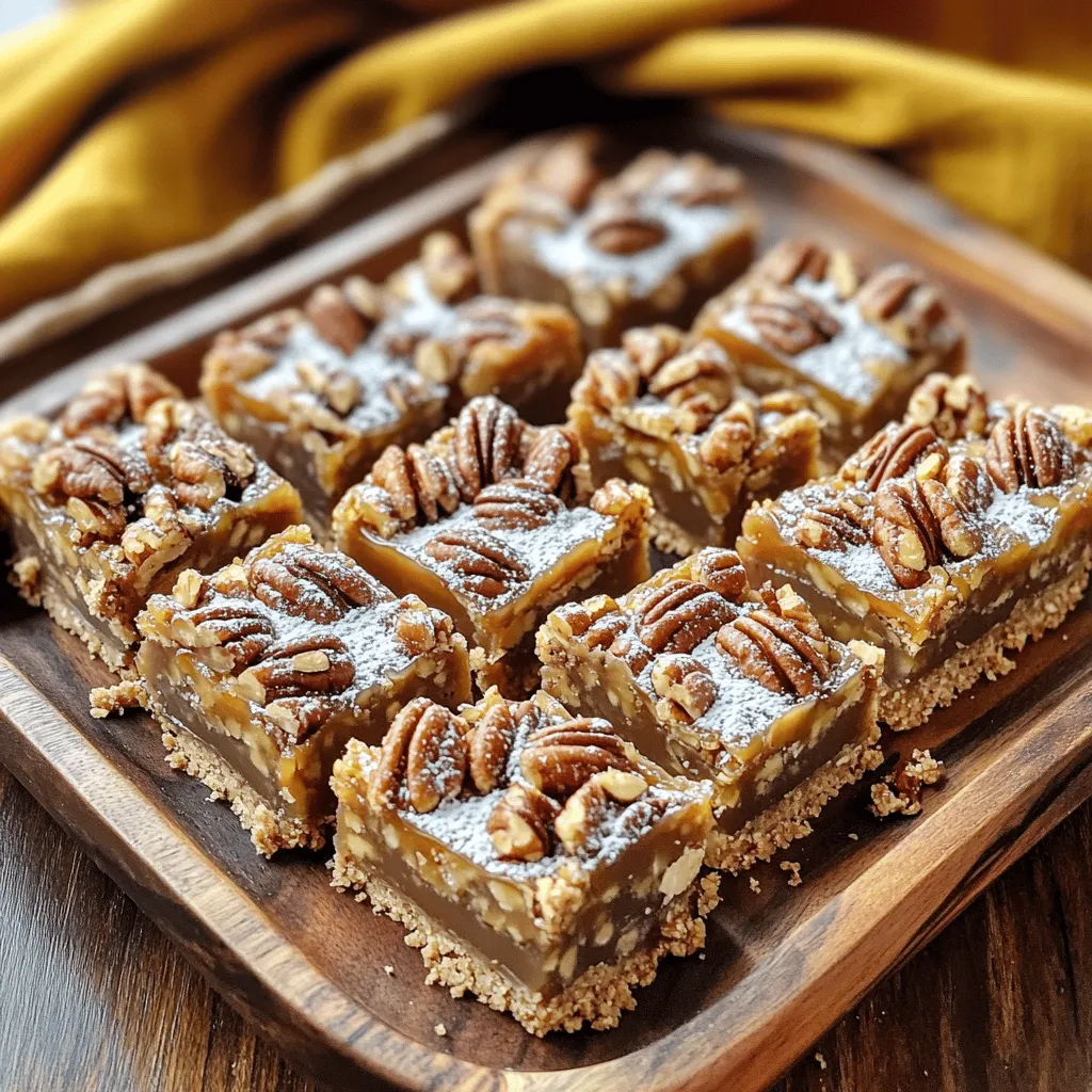 To make these tasty bars, gather the following items: - 1 cup almond flour - 1/2 cup rolled oats - 1/4 cup coconut oil, melted - 1/4 cup maple syrup - 1/4 teaspoon salt - 1/2 teaspoon vanilla extract - 1 cup pecans, roughly chopped - 1/2 cup medjool dates, pitted and chopped - 1/4 cup almond butter - 1/4 cup unsweetened almond milk - 1 teaspoon ground cinnamon - 1/2 teaspoon nutmeg - Pinch of sea salt These ingredients combine to create a crust and filling that are rich in flavor and nutrients. You can adjust the recipe to suit your taste. Here are some fun options: - Add dark chocolate chips for extra sweetness. - Use walnuts instead of pecans for a different nutty flavor. - Mix in dried fruit like cranberries or raisins for added texture. - Try different nut butters, like cashew or peanut butter. Feel free to explore and make this recipe your own! Many ingredients in these bars offer health perks: - Almond flour is low in carbs and high in protein. It helps keep you full longer. - Rolled oats provide fiber, which aids digestion and keeps your heart healthy. - Pecans are rich in healthy fats and antioxidants. They support brain health and reduce inflammation. - Medjool dates are natural sweeteners. They add fiber, potassium, and energy to your bars. - Maple syrup is a better alternative to refined sugar, offering a lower glycemic index. Using these ingredients not only makes your bars delicious but also healthy! For the complete recipe, check out the Full Recipe section. Start by preheating your oven to 350°F (175°C). Line an 8x8 inch baking dish with parchment paper. Leave some paper hanging over the edges for easy removal later. In a large bowl, mix the almond flour, rolled oats, melted coconut oil, maple syrup, and salt together. Stir until the dough feels crumbly. Press this mixture firmly into the bottom of your prepared dish. This forms a solid crust. Bake the crust for 10 minutes. Once done, take it out and let it cool a bit. For the filling, grab another bowl. Blend the pitted medjool dates, almond butter, almond milk, cinnamon, nutmeg, and a pinch of sea salt together. You want it smooth and creamy. This creamy mix is the heart of the bars. Once blended, fold in the chopped pecans. Mix until everything is well combined. The pecans give a nice crunch to the filling. Spread the pecan filling evenly over your cooled crust. Make sure it covers the crust all the way to the edges. Now, pop the dish back in the oven. Bake for another 20 to 25 minutes. You want the filling set and the edges slightly golden. After baking, let the bars cool completely in the pan. Use the parchment paper to lift them out. Cut into squares or bars. Enjoy your healthy vegan pecan pie bars as a sweet treat! For the full recipe, check out the details above. When making these bars, watch out for a few common mistakes. First, do not skip the cooling step for the crust. If the crust is warm, the filling will spread too much. Second, blend the filling well. You want it smooth and creamy. Lumpy filling can ruin the texture. Lastly, let the bars cool completely before cutting. This helps them hold their shape. To get a great crust, use almond flour and rolled oats. This mix gives a nice texture. Make sure to press the dough firmly into the pan. This helps it stay together when baked. Bake it just long enough. About 10 minutes at 350°F is perfect. This gives a light golden color without overcooking. Presentation can make a big difference. Dust your bars with powdered sugar for a sweet touch. You can also add a dollop of coconut cream on top. This adds creaminess and looks beautiful. Serve them on a nice plate, and cut them into squares. You can also add fresh pecans on top for added flair. Enjoy these Healthy Vegan Pecan Pie Bars as a tasty treat! For the full recipe, check the earlier section. {{image_2}} You can easily make these bars gluten-free. The main ingredient, almond flour, is naturally gluten-free. If you want a different texture, use oat flour instead of almond flour. Just make sure your oats are certified gluten-free. This way, everyone can enjoy the bars without worry. If you need nut-free options, use sunflower seed butter instead of almond butter. You can also swap out the pecans for seeds like pumpkin seeds. These swaps keep the bars tasty and safe for nut-free diets. They still pack a great crunch and flavor! To boost flavor, add chocolate chips or dried fruit, like cranberries or raisins. You can mix in a touch of orange zest for a bright twist. For a spicier kick, toss in some cayenne pepper or ginger. These small tweaks make your pecan pie bars even more exciting and unique. For the complete recipe, check the section titled Full Recipe. To keep your healthy vegan pecan pie bars fresh, store them in an airtight container. Layer parchment paper between the bars to prevent sticking. Place the container in the fridge for up to one week. This way, the bars maintain their texture and flavor. If you plan to eat them within a few days, they can stay at room temperature. Just make sure it is a cool spot away from sunlight. Freezing is a great option for longer storage. First, cut the bars into squares. Wrap each square in plastic wrap. Then, place them in a freezer-safe bag or container. You can freeze them for up to three months. When you're ready to enjoy, just take out what you need and let them thaw in the fridge overnight. If you prefer your bars warm, you can reheat them. Place a bar on a microwave-safe plate. Heat it for about 15-20 seconds. Check if it's warm enough for your taste. You can also use the oven. Preheat the oven to 350°F (175°C). Place the bars on a baking sheet and heat for about 5-7 minutes. This helps revive the flavors and makes them taste fresh. Enjoy them as a special treat! Yes, you can swap maple syrup for agave nectar or brown rice syrup. Both options work well. Just remember that they may change the taste slightly. If you want a sugar-free choice, use stevia or monk fruit. These can help keep your bars sweet without adding sugar. These bars can last up to a week in the fridge. Store them in an airtight container to keep them fresh. If you want to save them longer, you can freeze them. Just wrap each bar in plastic wrap and place them in a freezer bag. They stay good for about three months in the freezer. Yes, these bars are gluten-free! The main ingredients are almond flour and oats. Be sure to use certified gluten-free oats to avoid any cross-contamination. This makes the bars safe for anyone with gluten sensitivities. You can serve these bars as a snack or dessert. They taste great on their own but are even better with toppings. Try adding coconut cream or a scoop of vegan ice cream. A sprinkle of cinnamon on top adds a nice touch too. For more fun, pair them with fresh fruit or nuts. You can find the full recipe for Healthy Vegan Pecan Pie Bars in the article above. Enjoy making these rich and delicious treats! In this post, we explored how to make healthy vegan pecan pie bars. We discussed key ingredients that boost health, along with optional choices for customization. I shared step-by-step instructions for crafting the crust and filling, plus tips to avoid common mistakes. These bars make a tasty and wholesome treat. Remember, with a few tweaks, you can create your perfect version. Enjoy experimenting with flavors and sharing these bars with friends. They’ll love them as much as you do.