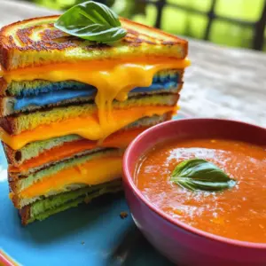 - Multicolored bread: You can use natural food dyes or buy pre-made rainbow bread. If you choose to dye your own bread, make sure the colors are bright. Natural dyes come from fruits and veggies, like beet juice and spinach. Pre-made bread saves time and works well too. - Types of cheese to use: Colorful cheddar options are key here. Look for orange, yellow, green, and even blue cheddar. Using different colors makes your sandwich look fun and tasty. You want each cheese slice to melt well. - Additional flavor enhancers: Cream cheese adds a nice creaminess. A pinch of garlic powder brings out rich flavors. Finish with salt and pepper to taste. These little touches will make your grilled cheese shine. - Fresh herbs: You can add fresh basil or spinach for extra color and flavor. These herbs not only look nice but also add freshness to the sandwich. They pair well with cheese and make each bite exciting. - Alternative flavor options: If you want to get creative, try adding jalapeños for heat or sun-dried tomatoes for sweetness. Any extras can make your Rainbow Grilled Cheese even more delicious. Check out the Full Recipe for more ideas! To start, you need to prepare your bread. If you use multicolored bread, just make sure the colors are even. If you dye your bread, use natural food dyes. Let the bread dry completely before cooking. This step is key to prevent sogginess. Next, let’s assemble your cheese layers. Take half of the bread slices and spread a thin layer of cream cheese if you like. Then, stack each cheese slice to create a rainbow. Start with orange at the bottom and layer it with yellow, green, and blue on top. This order makes a fun, colorful effect. Now it’s time to cook. Start by buttering the outer sides of each sandwich. Use about a tablespoon of unsalted butter for each side. If you want, sprinkle a pinch of garlic powder on the butter for extra taste. Heat a skillet on medium. Place the sandwiches in the skillet, buttered side down. Grill for about 3-4 minutes. Flip the sandwiches carefully. Butter the other side and grill for another 3-4 minutes. You want both sides to be golden brown and the cheese melted. When your sandwiches are ready, remove them from the skillet and let them cool for a minute. Then, slice them diagonally to show off those beautiful rainbow layers. For serving, you can place your grilled cheese on a colorful plate. Pair it with a side of tomato soup for dipping. If you feel fancy, add edible flowers to your plate for a pop of color. Enjoy your Rainbow Grilled Cheese! To make the best Rainbow Grilled Cheese, follow these simple tips. Use medium heat to melt the cheese without burning the bread. Too high heat can char the bread while leaving the cheese cold. Keep an eye on the skillet. Flip the sandwich when the bottom is golden brown. For even cooking, press down gently with a spatula. This helps the cheese melt inside while the bread gets crisp. Spice up your grilled cheese with extra flavors! Try adding a pinch of garlic powder to the butter before grilling. This gives a nice kick. You can also mix in fresh herbs like basil or spinach for a fresh taste. These greens will add color and nutrition. For a gourmet touch, spread a thin layer of cream cheese on the bread. This extra creaminess makes every bite delightful. {{image_2}} You can use different types of bread to create your rainbow grilled cheese. Look for gluten-free options if you need them. This way, everyone can enjoy the colorful fun. You can also choose to dye your bread using natural food dyes. This lets you control the colors in your meal. For cheese, you can swap out different types to fit dietary needs. Non-dairy cheese works well if you are lactose intolerant. There are many brands that offer tasty, colorful cheese alternatives. Look for options that melt nicely for the best results. To take your rainbow grilled cheese to the next level, add different fillings. Try adding fresh veggies like tomatoes, peppers, or avocado for flavor and crunch. You can also include meats like turkey or ham if you want something heartier. Spreads such as pesto or hummus can make your grilled cheese even tastier. If you want to make it a full meal, consider pairing it with a side. A bowl of tomato soup goes well with the cheesy goodness. You could also add a simple salad for a healthy touch. With these twists, your rainbow grilled cheese can bring joy to any table. Check out the Full Recipe for more details! To keep your rainbow grilled cheese fresh, wrap each sandwich in plastic wrap. This method locks in moisture and flavor. Store them in the fridge for up to three days. If you want to keep them longer, freeze the sandwiches. To reheat, use a skillet over low heat. This way, you can warm them without burning the bread. Cover the skillet to help melt the cheese evenly. You can prepare the ingredients ahead of time. Slice the bread and cheese in advance. Store them in airtight containers in the fridge. This makes it easy to assemble your rainbow grilled cheese quickly. If you want to freeze the sandwiches, grill them lightly first. Then, let them cool completely before wrapping and freezing. You can pull them out for a fun meal anytime! To make multicolored bread, start with a plain dough. You can use natural food dyes. Just mix a small amount of dye into separate portions of dough. Use colors like beet juice for red or spinach for green. Knead each color until blended well. Shape the dough into a loaf, layering the colors. Let it rise before baking. This method creates a fun, colorful bread perfect for your Rainbow Grilled Cheese. Yes, you can use non-dairy cheese for your Rainbow Grilled Cheese. Look for brands that melt well, like cashew or almond-based cheeses. Many come in different colors too! They will still give you that vibrant look and taste. Check labels to ensure they fit your dietary needs. This way, everyone can enjoy the dish. To boost nutrition, add fresh veggies like spinach or tomatoes inside the sandwich. You can also use whole grain or sprouted bread. Swap butter for healthy oils, like avocado oil, for grilling. Adding a layer of hummus can enhance flavor and add protein. These changes make your Rainbow Grilled Cheese not only colorful but also healthy. For the full recipe, check out the detailed steps above. You have learned how to make a fun Rainbow Grilled Cheese. We covered essential and optional ingredients, cooking methods, and tips for perfect flavor. This dish is not just colorful; it’s also a great meal option. Experiment with different ingredients or make it gluten-free. Enjoy your delicious creation, and don’t forget to share your experience! Your colorful twist on a classic will surely spark joy. Savor every bite!
