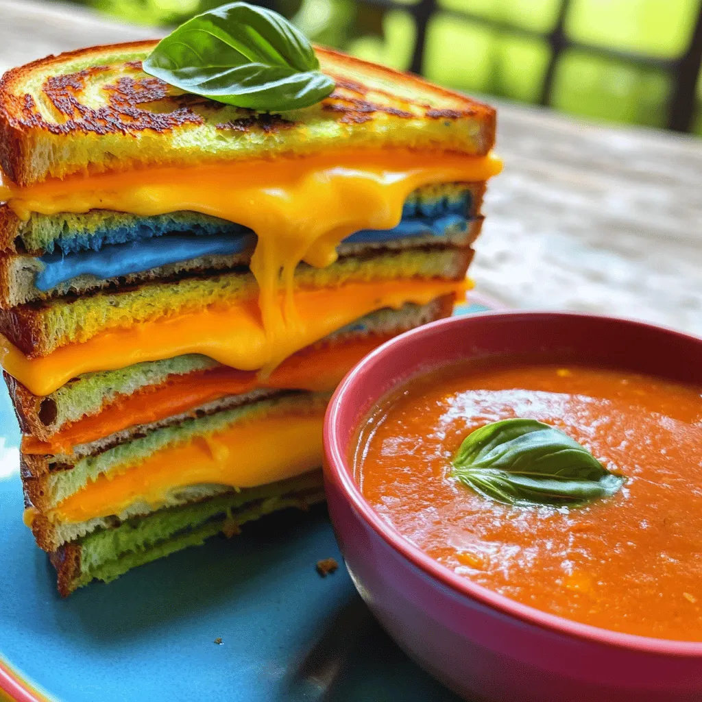 - Multicolored bread: You can use natural food dyes or buy pre-made rainbow bread. If you choose to dye your own bread, make sure the colors are bright. Natural dyes come from fruits and veggies, like beet juice and spinach. Pre-made bread saves time and works well too. - Types of cheese to use: Colorful cheddar options are key here. Look for orange, yellow, green, and even blue cheddar. Using different colors makes your sandwich look fun and tasty. You want each cheese slice to melt well. - Additional flavor enhancers: Cream cheese adds a nice creaminess. A pinch of garlic powder brings out rich flavors. Finish with salt and pepper to taste. These little touches will make your grilled cheese shine. - Fresh herbs: You can add fresh basil or spinach for extra color and flavor. These herbs not only look nice but also add freshness to the sandwich. They pair well with cheese and make each bite exciting. - Alternative flavor options: If you want to get creative, try adding jalapeños for heat or sun-dried tomatoes for sweetness. Any extras can make your Rainbow Grilled Cheese even more delicious. Check out the Full Recipe for more ideas! To start, you need to prepare your bread. If you use multicolored bread, just make sure the colors are even. If you dye your bread, use natural food dyes. Let the bread dry completely before cooking. This step is key to prevent sogginess. Next, let’s assemble your cheese layers. Take half of the bread slices and spread a thin layer of cream cheese if you like. Then, stack each cheese slice to create a rainbow. Start with orange at the bottom and layer it with yellow, green, and blue on top. This order makes a fun, colorful effect. Now it’s time to cook. Start by buttering the outer sides of each sandwich. Use about a tablespoon of unsalted butter for each side. If you want, sprinkle a pinch of garlic powder on the butter for extra taste. Heat a skillet on medium. Place the sandwiches in the skillet, buttered side down. Grill for about 3-4 minutes. Flip the sandwiches carefully. Butter the other side and grill for another 3-4 minutes. You want both sides to be golden brown and the cheese melted. When your sandwiches are ready, remove them from the skillet and let them cool for a minute. Then, slice them diagonally to show off those beautiful rainbow layers. For serving, you can place your grilled cheese on a colorful plate. Pair it with a side of tomato soup for dipping. If you feel fancy, add edible flowers to your plate for a pop of color. Enjoy your Rainbow Grilled Cheese! To make the best Rainbow Grilled Cheese, follow these simple tips. Use medium heat to melt the cheese without burning the bread. Too high heat can char the bread while leaving the cheese cold. Keep an eye on the skillet. Flip the sandwich when the bottom is golden brown. For even cooking, press down gently with a spatula. This helps the cheese melt inside while the bread gets crisp. Spice up your grilled cheese with extra flavors! Try adding a pinch of garlic powder to the butter before grilling. This gives a nice kick. You can also mix in fresh herbs like basil or spinach for a fresh taste. These greens will add color and nutrition. For a gourmet touch, spread a thin layer of cream cheese on the bread. This extra creaminess makes every bite delightful. {{image_2}} You can use different types of bread to create your rainbow grilled cheese. Look for gluten-free options if you need them. This way, everyone can enjoy the colorful fun. You can also choose to dye your bread using natural food dyes. This lets you control the colors in your meal. For cheese, you can swap out different types to fit dietary needs. Non-dairy cheese works well if you are lactose intolerant. There are many brands that offer tasty, colorful cheese alternatives. Look for options that melt nicely for the best results. To take your rainbow grilled cheese to the next level, add different fillings. Try adding fresh veggies like tomatoes, peppers, or avocado for flavor and crunch. You can also include meats like turkey or ham if you want something heartier. Spreads such as pesto or hummus can make your grilled cheese even tastier. If you want to make it a full meal, consider pairing it with a side. A bowl of tomato soup goes well with the cheesy goodness. You could also add a simple salad for a healthy touch. With these twists, your rainbow grilled cheese can bring joy to any table. Check out the Full Recipe for more details! To keep your rainbow grilled cheese fresh, wrap each sandwich in plastic wrap. This method locks in moisture and flavor. Store them in the fridge for up to three days. If you want to keep them longer, freeze the sandwiches. To reheat, use a skillet over low heat. This way, you can warm them without burning the bread. Cover the skillet to help melt the cheese evenly. You can prepare the ingredients ahead of time. Slice the bread and cheese in advance. Store them in airtight containers in the fridge. This makes it easy to assemble your rainbow grilled cheese quickly. If you want to freeze the sandwiches, grill them lightly first. Then, let them cool completely before wrapping and freezing. You can pull them out for a fun meal anytime! To make multicolored bread, start with a plain dough. You can use natural food dyes. Just mix a small amount of dye into separate portions of dough. Use colors like beet juice for red or spinach for green. Knead each color until blended well. Shape the dough into a loaf, layering the colors. Let it rise before baking. This method creates a fun, colorful bread perfect for your Rainbow Grilled Cheese. Yes, you can use non-dairy cheese for your Rainbow Grilled Cheese. Look for brands that melt well, like cashew or almond-based cheeses. Many come in different colors too! They will still give you that vibrant look and taste. Check labels to ensure they fit your dietary needs. This way, everyone can enjoy the dish. To boost nutrition, add fresh veggies like spinach or tomatoes inside the sandwich. You can also use whole grain or sprouted bread. Swap butter for healthy oils, like avocado oil, for grilling. Adding a layer of hummus can enhance flavor and add protein. These changes make your Rainbow Grilled Cheese not only colorful but also healthy. For the full recipe, check out the detailed steps above. You have learned how to make a fun Rainbow Grilled Cheese. We covered essential and optional ingredients, cooking methods, and tips for perfect flavor. This dish is not just colorful; it’s also a great meal option. Experiment with different ingredients or make it gluten-free. Enjoy your delicious creation, and don’t forget to share your experience! Your colorful twist on a classic will surely spark joy. Savor every bite!