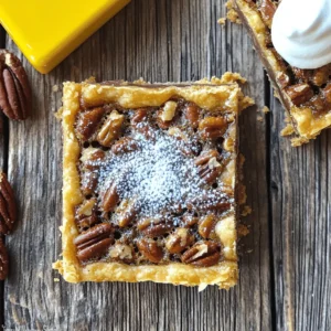 - 1 cup unsalted butter, softened - ½ cup granulated sugar - ½ cup brown sugar, packed - 2 cups all-purpose flour - 1 teaspoon vanilla extract - ½ teaspoon salt - 2 cups pecans, roughly chopped - 3 large eggs - 1 cup light corn syrup - ¼ teaspoon cinnamon - ¼ teaspoon nutmeg - 1 teaspoon vanilla extract (for filling) When measuring flour, scoop it into the cup and level it off. This gives you the right amount without packing it down. For brown sugar, pack it into the cup firmly for accurate measurement. Remember to use a liquid measuring cup for corn syrup to avoid spills. If you don't have unsalted butter, you can use salted butter. Just lower the salt in the recipe. Maple syrup can replace corn syrup if you want a different flavor. For a nut-free version, use sunflower seeds instead of pecans. You can also use almond flour to make the crust gluten-free. These tips and swaps make this recipe easy to customize. Enjoy making your pecan pie bars just the way you like! For the full recipe, refer to the earlier sections. 1. Preheat your oven to 350°F (175°C). Grease a 9x13 inch baking pan or use parchment paper. 2. In a large bowl, cream together 1 cup of softened butter, ½ cup of granulated sugar, and ½ cup of brown sugar. Mix until light and fluffy. 3. Add 2 cups of all-purpose flour, 1 teaspoon of vanilla extract, and ½ teaspoon of salt. Mix until a soft dough forms. 4. Press the dough evenly into the bottom of the prepared pan to make the crust. Prick the dough with a fork to stop bubbling. 1. In a separate bowl, whisk together 3 large eggs, 1 cup of light corn syrup, ¼ teaspoon of cinnamon, ¼ teaspoon of nutmeg, and 1 teaspoon of vanilla extract. Mix well. 2. Stir in 2 cups of roughly chopped pecans. Ensure they are evenly coated in the mixture. Pour this pecan filling over the cooled crust, spreading it evenly. 1. Bake the crust in the preheated oven for 15-18 minutes or until it is slightly golden. Remove it from the oven and let it cool for a few minutes. 2. Return the pan to the oven and bake for another 25-30 minutes. The filling should be set and the pecans golden brown. 3. Allow the bars to cool completely in the pan before slicing into squares or bars. These pecan pie bars are a simple and tasty treat. Enjoy the warm, sweet flavors with family and friends. For more detailed instructions, check the Full Recipe. To avoid a soggy crust, make sure to prick the dough with a fork before baking. This step helps steam escape. Bake the crust until it is slightly golden. This gives it a nice, firm base. Also, let your crust cool for a few minutes before adding the filling. Cooling helps the crust hold its shape. The cooling time is key for the filling too. Let the bars cool completely in the pan after baking. This helps the filling set properly. If you cut them too soon, they may fall apart. Dust the cooled bars with powdered sugar for a beautiful finish. This simple touch makes them look fancy. Pair them with a scoop of vanilla ice cream or a dollop of whipped cream. The cool cream contrasts well with the warm bars. For a fun twist, you can add caramel sauce on top. This adds extra sweetness and flavor. Serve these bars on a colorful platter for a festive look. You can cut them into different shapes, like hearts or stars, for special occasions. Small cupcake liners can add a cute touch too. Use clear glass serving dishes to show off the layers. This lets everyone see the sweet pecans and rich filling. Enjoy your pecan pie bars with friends and family! Remember, these tips will elevate your dish to a new level. For the full recipe, check back at the beginning of the article. {{image_2}} To make gluten-free pecan pie bars, swap all-purpose flour for a gluten-free blend. This blend works well and keeps the bars tasty. You can find blends at most stores. Ensure the blend includes xanthan gum for better texture. Follow the same steps as in the recipe for a delicious treat. For vegan pecan pie bars, replace the eggs with flaxseed meal. Mix 1 tablespoon of flaxseed meal with 3 tablespoons of water. Let it sit for a few minutes to thicken. Use maple syrup instead of corn syrup for sweetness. This will give the bars a rich flavor. You will still have the same wonderful pecan filling. If you love chocolate, add cocoa powder to the filling. Mix in 1/3 cup of cocoa powder when you mix the wet ingredients. This adds a sweet, rich layer to your bars. You can also sprinkle chocolate chips on top before baking. This variation is perfect for chocolate lovers looking for a twist. For the full recipe, be sure to check out the detailed instructions above! To keep your pecan pie bars fresh, follow these tips: - Cool completely before storing. - Cut into squares for easy serving. - Place bars in an airtight container to prevent drying out. - Add parchment paper between layers to avoid sticking. I recommend using a glass or plastic container with a tight lid. This helps maintain moisture. You can store them at room temperature for up to 3 days. For longer storage, keep them in the fridge for up to a week. You can freeze pecan pie bars for later use. Here’s how: - Wrap each bar tightly in plastic wrap. - Place wrapped bars in a freezer-safe bag or container. - Label with the date to track freshness. Frozen bars can last up to 3 months. To enjoy, simply thaw them overnight in the fridge. If you prefer warm bars, here’s how to reheat: - Preheat your oven to 350°F (175°C). - Place bars on a baking sheet. - Heat for about 10 minutes until warm. You can also use a microwave. Heat each bar for 15-20 seconds until warm, but avoid overheating. Enjoy the rich flavors again! You can tell the bars are done when the filling is set and the top is golden brown. The edges should look firm, while the center may have a slight jiggle. Allow the bars to cool in the pan. They will firm up as they cool. Yes, you can make some swaps. For the butter, use coconut oil for a dairy-free option. Maple syrup can replace corn syrup for a different flavor. You can also use a gluten-free flour mix instead of all-purpose flour. Just keep in mind that results may vary. When stored properly, pecan pie bars can last for about five days. Keep them in an airtight container at room temperature. If you want to keep them longer, you can freeze them. Just wrap them tightly in plastic wrap and then place them in a freezer bag. Absolutely! Making them a day ahead works great. This allows the flavors to meld and improves the taste. Just store them in an airtight container. You can also freeze them for up to three months. Thaw them overnight in the fridge before serving. For the Full Recipe, check the dedicated section above. These pecan pie bars are a fun twist on the classic pie. You get all the rich flavors but in a neat, easy-to-handle bar form. Making these bars is simple and quick. You will find joy in each step as you prepare these treats. To start, gather your ingredients. You will need: - 1 cup unsalted butter, softened - ½ cup granulated sugar - ½ cup brown sugar, packed - 2 cups all-purpose flour - 1 teaspoon vanilla extract - ½ teaspoon salt - 2 cups pecans, roughly chopped - 3 large eggs - 1 cup light corn syrup - ¼ teaspoon cinnamon - ¼ teaspoon nutmeg - 1 teaspoon vanilla extract (for filling) In this recipe, you will create a buttery crust. Then, you will mix up a sweet pecan filling. The combination of textures makes these bars special. Follow the step-by-step instructions above for preparation. Each step is clear to make it easy for you. Enjoy the process and the delicious results! You now know how to make delicious pecan pie bars. We discussed the key ingredients, measurement tips, and substitutions. The step-by-step guide helped simplify the baking process. Plus, I shared helpful tips for serving and storing your bars. Enjoy exploring the variations, like vegan or chocolate options. Your pecan pie bars will amaze friends and family. Baking does not have to be hard. With these insights, you’ll bake with confidence and joy. Happy baking!