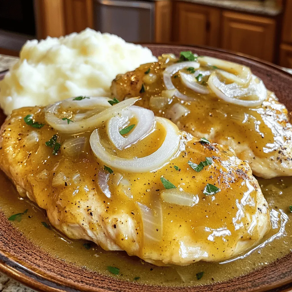 For this easy smothered chicken recipe, you will need: - 4 boneless, skinless chicken breasts - 1 cup flour (for dredging) - 1 teaspoon garlic powder - 1 teaspoon onion powder - 1 teaspoon paprika - Salt and pepper, to taste - 3 tablespoons olive oil - 1 medium onion, thinly sliced - 2 cloves garlic, minced - 2 cups chicken broth - 1 cup heavy cream - 1 teaspoon dried thyme - 1 teaspoon dried parsley - Fresh parsley, chopped for garnish You can easily swap ingredients if needed. Here are some ideas: - Use whole wheat flour instead of regular flour for dredging. - If you don’t have garlic powder, fresh garlic works great. - Replace chicken broth with vegetable broth for a lighter option. - You can use coconut milk instead of heavy cream for a dairy-free version. - Fresh herbs can replace dried thyme and parsley for more flavor. When measuring ingredients, be precise. - For flour, scoop it lightly into the measuring cup, then level it off. - Use a measuring spoon for spices to ensure you add just the right amount. - If using fresh garlic, one clove equals about half a teaspoon minced. - For liquids like broth or cream, use a liquid measuring cup for accuracy. This recipe is simple yet full of flavor. You can find the full recipe in the section above for more details. To make easy smothered chicken, start by seasoning the flour. In a shallow dish, mix flour with garlic powder, onion powder, paprika, salt, and pepper. This step adds great flavor to the chicken. Next, dredge each chicken breast in the seasoned flour. Make sure to shake off any extra flour. This helps the chicken get that nice, golden crust when cooking. Heat the olive oil in a large skillet over medium-high heat. Once the oil is hot, add the dredged chicken breasts. Cook them for about 5-6 minutes on each side. You want them golden brown and cooked through. After that, remove the chicken from the skillet and set it aside. In the same skillet, add the sliced onion. Cook for about 3-4 minutes until they soften. Add the minced garlic and cook for another minute. This makes your kitchen smell amazing! Pour in the chicken broth and bring it to a gentle simmer. Scrape any brown bits from the bottom of the skillet. These bits add extra flavor to your sauce. Stir in the heavy cream, thyme, and parsley. Mix well and let it simmer for about 5 minutes. This thickens the sauce nicely. Now, return the chicken to the skillet. Spoon the creamy sauce over the chicken. Cook for an additional 2-3 minutes. This allows the chicken to soak up some of that delicious sauce. Finally, taste and adjust the seasoning. Add more salt and pepper if needed. Dredging chicken is key to getting that crispy layer. Here are some tips to make it perfect: - Use a shallow dish for easy coating. - Make sure the flour is well-seasoned. - Shake off excess flour to avoid clumps. - For extra crunch, double-dredge the chicken. To plate your easy smothered chicken, serve it on a nice plate. Drizzle the creamy sauce over the top. A sprinkle of chopped fresh parsley adds a nice touch. Pair your dish with mashed potatoes or rice. These sides soak up the sauce well. Enjoy your meal! For the complete recipe, check out the Full Recipe. To make your smothered chicken even tastier, use fresh herbs. Fresh thyme and parsley boost flavor. You can also add a splash of lemon juice for brightness. If you love heat, try adding crushed red pepper flakes. This gives the dish a nice kick. The sauce should be creamy but not too thick. To achieve this, let it simmer gently. If the sauce is too thin, add a bit more flour or let it cook longer. If too thick, stir in a little more chicken broth or cream. Always taste as you go. Adjust salt and pepper for the best flavor. Serve your smothered chicken on a plate drizzled with sauce. Fresh parsley adds a nice touch. Pair it with mashed potatoes or rice to soak up the sauce. Steamed veggies or a simple salad also work well. You can even serve it with crusty bread for dipping. For the full recipe, check out the Easy Smothered Chicken section! {{image_2}} You can easily change the flavor of your Easy Smothered Chicken. Add spices like cayenne or chili powder for heat. If you want a sweet taste, try adding a bit of honey or maple syrup to the sauce. Fresh herbs, like rosemary or basil, can give a bright twist. Experimenting with different flavors makes each meal unique. If you want to switch up the protein, you can use pork or turkey. Pork chops work well in this recipe. Just make sure to adjust the cooking time. Turkey cutlets are also a great choice. They cook fast and soak up the sauce nicely. Each protein brings its own flavor and makes the dish fun. You can make this dish vegetarian by using hearty vegetables. Try using large mushrooms or eggplant slices in place of chicken. These options provide a great texture and hold the sauce well. You can also use tofu for a protein boost. Just make sure to press it to remove excess water before cooking. This way, it absorbs the sauce for added taste. For the broth, use vegetable broth to keep it vegetarian. After you enjoy your Easy Smothered Chicken, store any leftovers in a tight container. Make sure to let the chicken cool down first. Place the chicken and sauce together to keep it moist. Leftovers stay fresh for up to three days in the fridge. To reheat, use a skillet over low heat. Add a splash of chicken broth or water to keep it from drying out. Cover the skillet to help heat evenly. Stir gently until warmed through. You can also use a microwave. Heat in short bursts, stirring in between, to avoid hot spots. If you want to save your Easy Smothered Chicken for later, freezing is a great option. First, let it cool completely. Place it in a freezer-safe bag or container. Remove as much air as possible. It can last up to three months in the freezer. When ready to eat, thaw it overnight in the fridge. Reheat as mentioned above. You can add heat in a few ways. First, mix in cayenne pepper or red pepper flakes. Start with a small amount to test the heat. You can also use a spicy seasoning blend when dredging the chicken. Another option is to add hot sauce to the sauce for a kick. Adjust the spice based on your taste. Enjoy the extra flavor! Yes, skin-on chicken works great for this dish. The skin adds extra flavor and crispiness. Just remember to adjust your cooking time. Skin-on pieces might take a little longer to cook through. Ensure the internal temperature reaches 165°F for safety. The skin will also create a beautiful texture that pairs well with the creamy sauce. Many sides go well with smothered chicken! Here are some favorites: - Mashed potatoes: They soak up the delicious sauce. - Rice: White or brown rice works well to balance the meal. - Steamed vegetables: Broccoli or green beans add color and nutrition. - Cornbread: A sweet, crumbly bread complements the savory chicken. Serve these sides to create a complete, satisfying meal. Check out the Full Recipe for more ideas! This blog post covered everything you need for Easy Smothered Chicken. I provided a list of ingredients and tips for using substitutes. The step-by-step instructions made it easy to cook. You also learned new tricks for flavor and sauce. I shared ways to adjust the recipe, including vegetarian options. Lastly, I covered how to store and reheat leftovers. Enjoy your cooking adventure. You now have the tools to make a delicious meal!