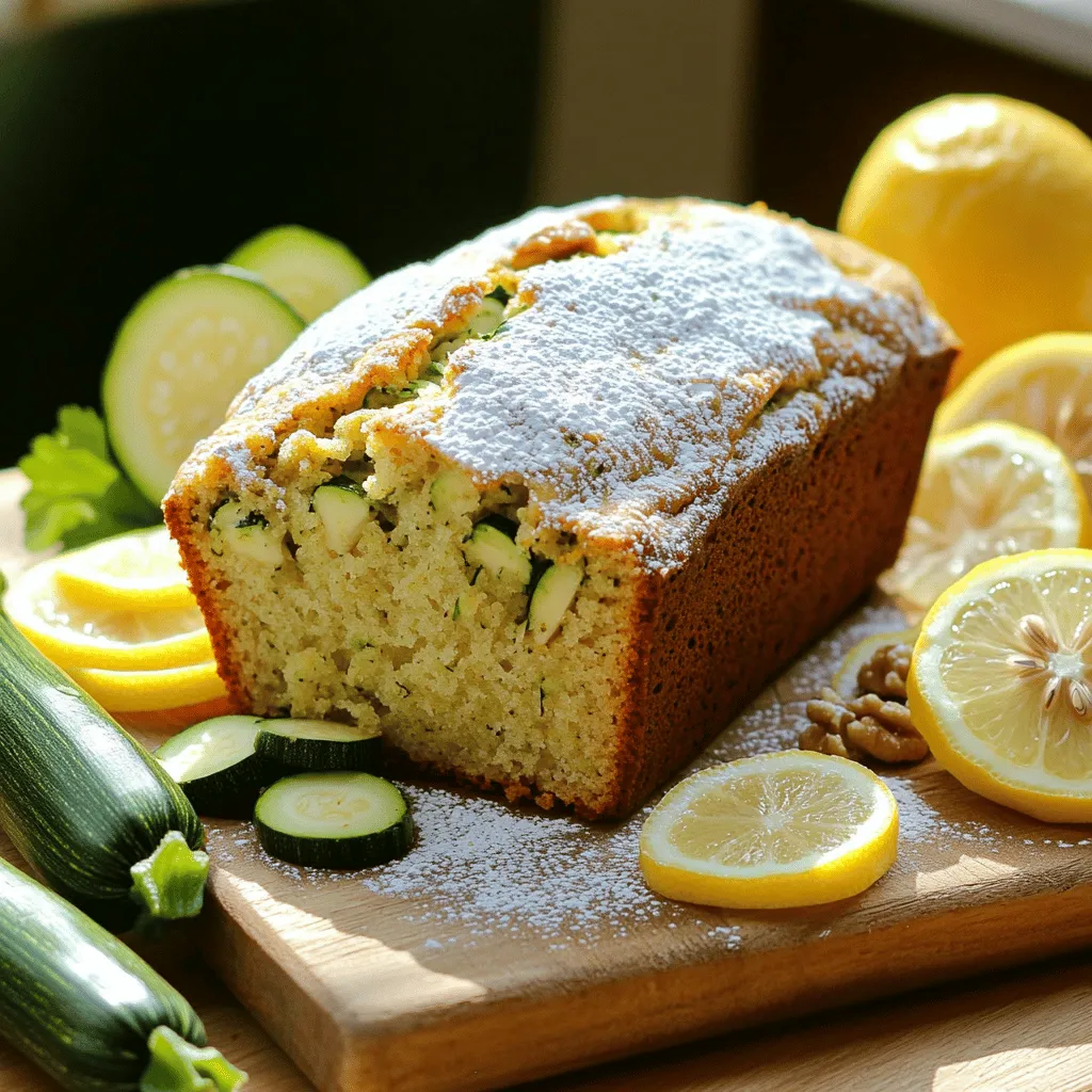 To make this tasty bread, you need some key ingredients. Here’s what you will use: - 1 cup grated zucchini (squeezed to remove excess moisture) - 1 cup granulated sugar - 1/2 cup unsalted butter, softened - 2 large eggs - 2 teaspoons vanilla extract - 1 tablespoon lemon zest - 1/4 cup fresh lemon juice - 1 1/2 cups all-purpose flour - 1 teaspoon baking powder - 1/2 teaspoon baking soda - 1/2 teaspoon salt - 1/2 teaspoon ground cinnamon These ingredients work together to create a moist, flavorful bread. You can easily swap some ingredients if needed. Here are a few ideas: - Butter: Use coconut oil for a dairy-free option. - Sugar: Try using brown sugar for a richer flavor. - Zucchini: You can use yellow squash if you don’t have zucchini. - Eggs: For a vegan version, use flax eggs or applesauce. These swaps can still give you a great taste. Want to make your bread even better? Consider adding these ingredients: - Chopped nuts: Walnuts or pecans add crunch and flavor. - Powdered sugar: Dust the top for a sweet finish. - Spices: A bit more cinnamon or nutmeg can enhance the flavor. Feel free to get creative with your additions! If you want the full recipe, check it out. To start, gather your ingredients. You need grated zucchini, sugar, butter, eggs, vanilla, lemon zest, and lemon juice. Don’t forget the dry ingredients: flour, baking powder, baking soda, salt, and cinnamon. 1. Preheat your oven to 350°F (175°C). Grease a 9x5-inch loaf pan or line it with parchment paper for easy removal. 2. In a large bowl, cream the softened butter and granulated sugar together. Mix them until they are light and fluffy. This takes about 3-4 minutes. 3. Add your eggs one at a time. Mix well after each egg. Then, stir in the vanilla extract, lemon zest, and lemon juice. Make sure everything is well combined. 4. Take another bowl and whisk together the flour, baking powder, baking soda, salt, and ground cinnamon. This helps to evenly mix the dry ingredients. 5. Slowly add the dry mixture to the wet mixture. Mix until just combined. Be careful not to overmix. 6. Fold in the grated zucchini and optional nuts. Make sure they are evenly spread in the batter. Now that the batter is ready, it’s time to bake. 1. Pour the batter into the prepared loaf pan. Smooth the top with a spatula to make it even. 2. Place the loaf pan in the preheated oven. Bake for 50-60 minutes. 3. Keep an eye on it as it bakes. You want to ensure your bread is baked perfectly. 1. To check if it’s done, insert a toothpick into the center of the loaf. If it comes out clean, your bread is ready. 2. Once baked, remove the bread from the oven. Let it cool in the pan for about 10 minutes. 3. After that, transfer it to a wire rack to cool completely. Now that you know the steps, you can enjoy making this delicious Luscious Lemon Zucchini Bread. For the complete recipe, refer back to the Full Recipe section. To make your zucchini bread moist, always use fresh zucchini. Grate it just before mixing. Squeeze out the excess water with a clean kitchen towel. This step keeps the bread from being too wet. Mix in the grated zucchini gently; over mixing can make the bread dense. Adding a bit of lemon juice also helps keep it moist. When grating zucchini, use a box grater or a food processor. Choose the medium hole size for the best texture. Wash the zucchini well before grating. Peel it if you prefer a lighter color. Always remove extra moisture after grating. This step is key to a perfect loaf. Store leftover zucchini bread in an airtight container. This keeps it fresh for up to three days. For longer storage, wrap it in plastic wrap and place it in the fridge. You can also freeze it. Slice the bread before freezing for easy access later. Thaw it overnight in the fridge when you want to enjoy it again. For serving, dust with powdered sugar for a pretty finish. For the full recipe, check out the instructions above. Enjoy baking this treat! {{image_2}} You can make a gluten-free version of this tasty bread. Use gluten-free flour blends instead of all-purpose flour. Many blends work well, but look for one with xanthan gum. This helps the bread hold its shape. Follow the same steps in the Full Recipe to mix and bake. You’ll still get that lovely lemon flavor and moist texture. You can add nuts or dried fruits to change up the flavor. Try walnuts, pecans, or even almonds for a crunchy texture. If you like dried fruits, consider raisins or dried cranberries. Chop them small, so they mix well into the batter. This adds bites of flavor in each slice. Just make sure to adjust the amount slightly to keep the balance. For a sweet finish, drizzle a lemon glaze on top. Mix powdered sugar with lemon juice until smooth. Pour it over the cooled bread for a bright touch. You can also use cream cheese frosting for a richer taste. Blend cream cheese with powdered sugar and a splash of lemon juice. This makes a creamy and zesty topping. These options make your lemon zucchini bread even more delicious! Luscious lemon zucchini bread pairs well with many drinks. Try it with a cool glass of lemonade to enhance the lemon flavor. Hot tea also works great, especially green or herbal tea. Coffee lovers can enjoy this bread with a warm cup of coffee. The rich taste of coffee balances the sweetness of the bread. For a refreshing touch, serve it with iced herbal tea. Each drink adds a unique twist to your meal. You can serve this bread at any time. It makes a great breakfast or snack. Enjoy it at brunch with friends. It’s also perfect for picnics or potlucks. The bright lemon flavor adds cheer to gatherings. You can even serve it at birthday parties or special events. It’s a wonderful treat for holiday celebrations. This bread brings joy to any occasion. If you have leftover bread, don’t worry! You can make delicious French toast with it. Dip slices in egg and milk, then fry until golden. You can also toast it and spread butter on top. Another fun way is to make a bread pudding. Cut it into cubes and bake with eggs and milk. This adds a new twist to your leftovers. You can even turn it into a dessert by adding whipped cream. The options are endless! To keep your Luscious Lemon Zucchini Bread fresh, store it in an airtight container. You can also wrap it in plastic wrap. Place it in a cool, dry spot. This bread stays good for about 3 to 4 days. If you want it to last longer, consider freezing it. Yes, you can freeze Lemon Zucchini Bread. First, let it cool completely. Then wrap it tightly in plastic wrap. After that, place it in a freezer bag. It can stay in the freezer for up to three months. When you're ready to enjoy it, just thaw it overnight in the fridge. Zucchini adds moisture to the bread. When you grate the zucchini, it releases water. This water keeps the bread soft and tender. Using enough fat, like butter, also helps add moisture. Lastly, not overmixing the batter is key to keeping it light. - Other Common Questions about Lemon Zucchini Bread People often ask about adding spices or extra flavors. You can try adding nutmeg or ginger for a twist. Some like to add chocolate chips for a sweet treat. Remember, the zest and juice of lemon bring a bright flavor that everyone loves. If you want the full recipe, check out the details above. This blog post outlined how to make delicious lemon zucchini bread. You learned about key ingredients, helpful substitutions, and extra flavors. I shared step-by-step instructions to prepare, bake, and check for doneness. You found tips for moist bread and storing leftovers. I also offered variations like gluten-free options and serving ideas. Enjoy your baking adventure! With a few simple steps and fun twists, you can create a treat everyone will love. Happy baking!