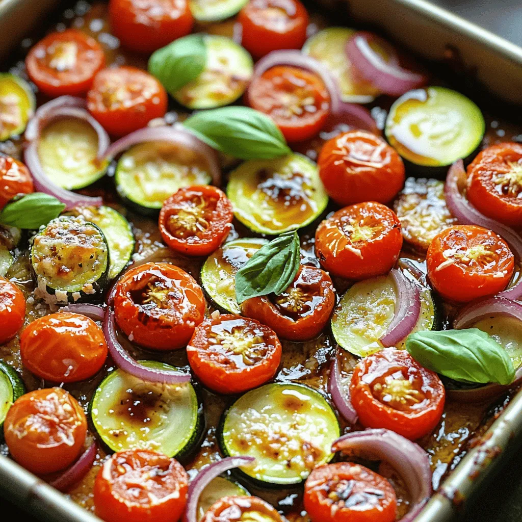 - 3 medium zucchinis - 2 cups cherry tomatoes - 1 medium red onion - Balsamic vinegar - Olive oil - Dried oregano and thyme - Grated Parmesan cheese - Fresh basil leaves for garnish When I think about a simple and tasty dish, the Balsamic Zucchini Tomato Bake comes to mind. This dish shines with fresh veggies and bold flavors. The main ingredients are key. You will need three medium zucchinis, two cups of cherry tomatoes, and one medium red onion. This trio is a great base for any bake. Next, we add flavor enhancers. Balsamic vinegar and olive oil bring richness. Dried oregano and thyme add warmth and depth. Sometimes, I sprinkle grated Parmesan cheese on top for extra creaminess. Fresh basil leaves are a must for garnish. They add a bright, fresh touch. For the full recipe, check out the [Full Recipe]. This dish not only looks appealing but also tastes amazing. I love how the flavors blend together during baking. Each bite is a delightful mix of sweet, tangy, and savory. - Preheat the oven to 400°F (200°C). - Slice zucchinis into rounds. - Halve the cherry tomatoes. - Slice the red onion thinly. First, you need to get your oven hot. Preheating helps the zucchini bake evenly. While the oven heats, prepare your veggies. Slice the zucchinis into rounds. This gives them a nice shape and helps them cook well. Halve the cherry tomatoes; their sweet juice adds flavor. Finally, slice the red onion thin. This adds a nice crunch and sharpness to the dish. - Whisk balsamic mixture. - Toss vegetables with the balsamic mixture. Next, make the balsamic mixture. In a small bowl, whisk together minced garlic, balsamic vinegar, olive oil, dried oregano, dried thyme, salt, and pepper. Taste it; it should be tangy and savory. Now, pour this mixture over your chopped vegetables. Toss them gently until all the veggies are coated. This step is key to infusing flavor throughout the dish. - Transfer to baking dish. - Sprinkle cheese and bake. Now, transfer the vegetable mix to a baking dish. Spread it out evenly to ensure even cooking. If you like cheese, sprinkle grated Parmesan on top. It adds a lovely, creamy finish. Bake in your preheated oven for 25-30 minutes. The zucchini should be tender and caramelized. When it’s done, let it cool a bit. Garnish with fresh basil leaves before serving. Enjoy your Balsamic Zucchini Tomato Bake! For the complete recipe, check the [Full Recipe]. For a rustic look, serve the Balsamic Zucchini Tomato Bake in the dish it was cooked in. This adds charm and warmth to your meal. To enhance the dish's colors, drizzle some extra balsamic reduction over the top. Add a few fresh basil leaves as a final touch. You can pair this bake with a light salad or crusty bread for a complete meal. To ensure the zucchini has the right texture, slice it into even rounds. This helps it cook evenly. If you prefer a firmer zucchini, reduce the baking time. Check the bake at 20 minutes; it may need just a few extra minutes to reach your desired doneness. Consider adding fresh herbs like rosemary or parsley for extra flavor. You can also spice it up with a pinch of red pepper flakes for heat. If you want to make it more filling, add grilled chicken or chickpeas for protein. Quinoa or brown rice can also make great additions for a hearty dish. {{image_2}} You can swap ingredients to change the dish. Try using bell peppers or mushrooms for extra flavor. Carrots and eggplant also work well. If you're avoiding gluten, this recipe is naturally gluten-free. For a dairy-free option, skip the Parmesan cheese or use a plant-based alternative. Want to spice things up? Add red pepper flakes or jalapeños for heat. You can also try different vinegars. Apple cider vinegar or red wine vinegar can change the taste. Each vinegar adds a unique twist to the dish. Grilling is a fun option! It gives the veggies a smoky flavor. Just toss them on a grill until they're tender. If you prefer a slow cooker, you can use it too. Cook on low for about four hours. This method makes the veggies very soft and flavorful. Explore the [Full Recipe] for all the cooking steps and tips! After you serve Balsamic Zucchini Tomato Bake, store leftovers in the fridge. Let the dish cool down first. Then, place it in an airtight container. This helps keep the flavors fresh. Glass containers work best, but plastic ones are fine too. Make sure to seal them tightly. Leftovers can last for up to three days. When you reheat the bake, aim for gentle heat. The best method is to use an oven. Set it to 350°F (175°C). Place the dish in for about 10-15 minutes. This keeps the zucchini tender. Use a cover to keep moisture in. Avoid the microwave, as it can make the zucchini mushy. If you want to freeze this dish, first let it cool completely. Then, divide it into portions. Use freezer-safe containers or bags. Squeeze out as much air as you can. The bake can last for up to three months in the freezer. When you're ready to eat, thaw it in the fridge overnight. Reheat it in the oven for best results. How long does it take to bake Balsamic Zucchini Tomato Bake? Baking this dish takes about 25 to 30 minutes. You want the zucchini tender and caramelized. Can I prepare this dish in advance? Yes, you can prep it a day ahead. Just cover it and store it in the fridge. Is this dish vegan-friendly? Yes, this dish is vegan if you skip the cheese. All other ingredients are plant-based. Is it suitable for gluten-free diets? Absolutely! All ingredients are gluten-free. Enjoy this dish without worry. What can I use instead of balsamic vinegar? You can use red wine vinegar or apple cider vinegar. Both add nice flavor. Can I use dried herbs instead of fresh? Yes, you can use dried herbs. Just remember to use less since they’re stronger. This blog post covered a delicious Balsamic Zucchini Tomato Bake. We discussed key ingredients like zucchinis, cherry tomatoes, and red onion. I shared how to enhance the flavors with balsamic vinegar and olive oil. You learned simple preparation steps, baking tips, and fun variations. In the end, this dish is versatile and easy to make. Enjoy experimenting with flavors and ingredients to personalize your meal. Don’t forget to have fun in the kitchen!