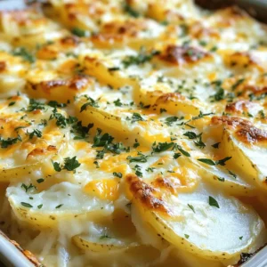 - 4 large russet potatoes, thinly sliced - 2 cups heavy cream - 1 cup grated Gruyère cheese - 1 cup grated sharp cheddar cheese - 3 cloves garlic, minced - 1 tablespoon fresh thyme leaves - 1 tablespoon fresh rosemary, chopped - Salt and pepper to taste - 1 tablespoon butter (for greasing the baking dish) - ¼ cup fresh parsley, chopped (for garnish) When making potato gratin, using the right ingredients matters. Start with russet potatoes. They have a nice starch content, which helps create a creamy texture. Thinly slice them for even cooking. Heavy cream gives the dish its rich, velvety feel. Gruyère cheese adds a nutty flavor, while sharp cheddar brings a bit of tang. Fresh garlic, thyme, and rosemary make the dish aromatic. Use salt and pepper to enhance the flavors. Don't forget to grease the baking dish with butter. This step prevents sticking and adds a touch of flavor. Finally, garnish with parsley for a fresh finish. - Calories per serving: About 400 - Macronutrient breakdown: 25g fat, 30g carbs, 10g protein - Dietary considerations: Not gluten-free; contains dairy. 1. Preheat your oven to 375°F (190°C). 2. Grease a 9x13-inch baking dish with one tablespoon of butter. 3. In a saucepan, heat two cups of heavy cream over medium-low heat. 4. Add three minced garlic cloves, one tablespoon of fresh thyme, and one tablespoon of fresh rosemary. 5. Season with salt and pepper. Stir until warm, about five minutes. 1. Start by arranging half of the sliced russet potatoes in the baking dish. 2. Pour half of the cream mixture evenly over the potatoes. 3. Sprinkle half of the grated Gruyère and sharp cheddar cheese over the top. 4. Repeat by layering the remaining potato slices, adding the rest of the cream mixture, and topping with the final cheese layer. 1. Cover the baking dish with aluminum foil. Bake for 30 minutes. 2. After 30 minutes, remove the foil. Bake for another 25-30 minutes. 3. Look for a golden brown, bubbly top. A knife should easily pierce the potatoes. 4. Allow the gratin to cool for about 10 minutes before serving. 5. Garnish with chopped fresh parsley for a lovely finish. For the full recipe, check out the details above. To get the best potato gratin, you need the right potatoes. I always recommend using russet potatoes. They have a starchy texture that makes them perfect for gratin. Thinly slicing the potatoes is also crucial. Aim for slices about 1/8 inch thick. This helps them cook evenly and absorb the creamy flavors. Use a sharp knife or a mandoline for best results. To add more flavor to your dish, consider using spices and herbs. Fresh thyme and rosemary work great. You can also try adding a pinch of nutmeg for warmth or some paprika for heat. When it comes to cheese, feel free to mix things up. Gruyère and cheddar are classic choices, but you can also try mozzarella for a gooey texture or feta for a salty kick. Potato gratin pairs well with many sides. A simple green salad adds freshness to the rich dish. Roasted vegetables can also complement the flavors nicely. For plating, serve the gratin in individual portions. Make sure each serving has a golden top and a sprinkle of parsley. This adds color and makes your dish look even more inviting. For the full recipe, check out the recipe section. {{image_2}} You can switch up the herbs in your potato gratin. If you prefer something different, try using basil or oregano instead of thyme and rosemary. Fresh herbs add great flavor. For a spicy kick, sprinkle in some chili flakes or paprika. This can change the dish from mild to bold. The heat balances well with the creamy potatoes. Cheese is key in potato gratin, but you can mix it up! Instead of Gruyère and cheddar, use mozzarella for a gooey texture. Feta adds a tangy flavor that makes the dish unique. If you're looking for dairy-free options, try cashew cream and nutritional yeast. Both give a rich taste without dairy. You can easily add new ingredients to your gratin. Fresh spinach or mushrooms can bring extra nutrition and taste. These veggies cook down and blend well with potatoes. If you want to add meat, consider crispy bacon or savory ham. These will add depth and heartiness to your dish. To keep your potato gratin fresh, refrigerate it within two hours of serving. Use an airtight container for the best results. Store it in the fridge for up to three days. If you want to keep it longer, consider freezing. For freezing, let the gratin cool completely. Cut it into portions for easy thawing. Wrap each portion tightly in plastic wrap and then place it in a freezer bag. This way, you can enjoy it later without losing flavor. Frozen potato gratin lasts for about three months. To reheat potato gratin, the oven works best. Preheat it to 350°F (175°C). Place the gratin in an oven-safe dish. Cover it with foil to keep it moist and heat for about 20 minutes. You can also use the microwave. However, this method may make the gratin a bit soggy. To avoid this, heat it in short bursts. Check often to prevent overcooking. Remember, the goal is to enjoy that cheesy, crispy top that makes gratin special. You can prepare potato gratin a day before serving. First, follow the recipe until the baking step. After layering the potatoes and cheese, cover the dish with plastic wrap. Refrigerate it overnight. When you are ready to bake, remove the wrap. Bake it in the oven for 30 minutes at 375°F (190°C). Then, uncover it and bake for 25-30 minutes. This way, you enjoy a warm, cheesy dish without the last-minute rush. Yes, you can make a lighter version. Use milk or a mix of milk and broth instead of cream. For richness, add a bit of cream cheese or Greek yogurt. This keeps the texture creamy while cutting down on fat. You will still get a tasty dish, and it can be just as comforting. Potato gratin can stay fresh in the fridge for 3 to 5 days. Make sure to keep it in an airtight container. If you want to keep it longer, freeze it. It can last up to two months in the freezer. Just remember to let it cool before storing, and label the container with the date. A watery gratin can happen for a few reasons. First, the potatoes may have too much moisture. Always slice them thinly and dry them well. Second, if you use too much cream or broth, it can also make the dish watery. Use the right amount as stated in the Full Recipe. Lastly, avoid covering the dish too tightly while baking. This allows steam to escape, keeping your gratin creamy and not runny. In this article, we covered how to make a creamy potato gratin, focusing on key ingredients and preparation steps. I shared tips for achieving the perfect texture and flavor, along with variations you can try. Remember to store leftovers properly and reheat them for the best taste. This dish is a great way to impress friends and family. Enjoy experimenting with ingredients and flavors to make it your own!