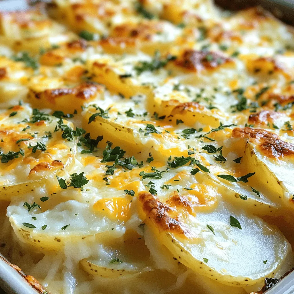 - 4 large russet potatoes, thinly sliced - 2 cups heavy cream - 1 cup grated Gruyère cheese - 1 cup grated sharp cheddar cheese - 3 cloves garlic, minced - 1 tablespoon fresh thyme leaves - 1 tablespoon fresh rosemary, chopped - Salt and pepper to taste - 1 tablespoon butter (for greasing the baking dish) - ¼ cup fresh parsley, chopped (for garnish) When making potato gratin, using the right ingredients matters. Start with russet potatoes. They have a nice starch content, which helps create a creamy texture. Thinly slice them for even cooking. Heavy cream gives the dish its rich, velvety feel. Gruyère cheese adds a nutty flavor, while sharp cheddar brings a bit of tang. Fresh garlic, thyme, and rosemary make the dish aromatic. Use salt and pepper to enhance the flavors. Don't forget to grease the baking dish with butter. This step prevents sticking and adds a touch of flavor. Finally, garnish with parsley for a fresh finish. - Calories per serving: About 400 - Macronutrient breakdown: 25g fat, 30g carbs, 10g protein - Dietary considerations: Not gluten-free; contains dairy. 1. Preheat your oven to 375°F (190°C). 2. Grease a 9x13-inch baking dish with one tablespoon of butter. 3. In a saucepan, heat two cups of heavy cream over medium-low heat. 4. Add three minced garlic cloves, one tablespoon of fresh thyme, and one tablespoon of fresh rosemary. 5. Season with salt and pepper. Stir until warm, about five minutes. 1. Start by arranging half of the sliced russet potatoes in the baking dish. 2. Pour half of the cream mixture evenly over the potatoes. 3. Sprinkle half of the grated Gruyère and sharp cheddar cheese over the top. 4. Repeat by layering the remaining potato slices, adding the rest of the cream mixture, and topping with the final cheese layer. 1. Cover the baking dish with aluminum foil. Bake for 30 minutes. 2. After 30 minutes, remove the foil. Bake for another 25-30 minutes. 3. Look for a golden brown, bubbly top. A knife should easily pierce the potatoes. 4. Allow the gratin to cool for about 10 minutes before serving. 5. Garnish with chopped fresh parsley for a lovely finish. For the full recipe, check out the details above. To get the best potato gratin, you need the right potatoes. I always recommend using russet potatoes. They have a starchy texture that makes them perfect for gratin. Thinly slicing the potatoes is also crucial. Aim for slices about 1/8 inch thick. This helps them cook evenly and absorb the creamy flavors. Use a sharp knife or a mandoline for best results. To add more flavor to your dish, consider using spices and herbs. Fresh thyme and rosemary work great. You can also try adding a pinch of nutmeg for warmth or some paprika for heat. When it comes to cheese, feel free to mix things up. Gruyère and cheddar are classic choices, but you can also try mozzarella for a gooey texture or feta for a salty kick. Potato gratin pairs well with many sides. A simple green salad adds freshness to the rich dish. Roasted vegetables can also complement the flavors nicely. For plating, serve the gratin in individual portions. Make sure each serving has a golden top and a sprinkle of parsley. This adds color and makes your dish look even more inviting. For the full recipe, check out the recipe section. {{image_2}} You can switch up the herbs in your potato gratin. If you prefer something different, try using basil or oregano instead of thyme and rosemary. Fresh herbs add great flavor. For a spicy kick, sprinkle in some chili flakes or paprika. This can change the dish from mild to bold. The heat balances well with the creamy potatoes. Cheese is key in potato gratin, but you can mix it up! Instead of Gruyère and cheddar, use mozzarella for a gooey texture. Feta adds a tangy flavor that makes the dish unique. If you're looking for dairy-free options, try cashew cream and nutritional yeast. Both give a rich taste without dairy. You can easily add new ingredients to your gratin. Fresh spinach or mushrooms can bring extra nutrition and taste. These veggies cook down and blend well with potatoes. If you want to add meat, consider crispy bacon or savory ham. These will add depth and heartiness to your dish. To keep your potato gratin fresh, refrigerate it within two hours of serving. Use an airtight container for the best results. Store it in the fridge for up to three days. If you want to keep it longer, consider freezing. For freezing, let the gratin cool completely. Cut it into portions for easy thawing. Wrap each portion tightly in plastic wrap and then place it in a freezer bag. This way, you can enjoy it later without losing flavor. Frozen potato gratin lasts for about three months. To reheat potato gratin, the oven works best. Preheat it to 350°F (175°C). Place the gratin in an oven-safe dish. Cover it with foil to keep it moist and heat for about 20 minutes. You can also use the microwave. However, this method may make the gratin a bit soggy. To avoid this, heat it in short bursts. Check often to prevent overcooking. Remember, the goal is to enjoy that cheesy, crispy top that makes gratin special. You can prepare potato gratin a day before serving. First, follow the recipe until the baking step. After layering the potatoes and cheese, cover the dish with plastic wrap. Refrigerate it overnight. When you are ready to bake, remove the wrap. Bake it in the oven for 30 minutes at 375°F (190°C). Then, uncover it and bake for 25-30 minutes. This way, you enjoy a warm, cheesy dish without the last-minute rush. Yes, you can make a lighter version. Use milk or a mix of milk and broth instead of cream. For richness, add a bit of cream cheese or Greek yogurt. This keeps the texture creamy while cutting down on fat. You will still get a tasty dish, and it can be just as comforting. Potato gratin can stay fresh in the fridge for 3 to 5 days. Make sure to keep it in an airtight container. If you want to keep it longer, freeze it. It can last up to two months in the freezer. Just remember to let it cool before storing, and label the container with the date. A watery gratin can happen for a few reasons. First, the potatoes may have too much moisture. Always slice them thinly and dry them well. Second, if you use too much cream or broth, it can also make the dish watery. Use the right amount as stated in the Full Recipe. Lastly, avoid covering the dish too tightly while baking. This allows steam to escape, keeping your gratin creamy and not runny. In this article, we covered how to make a creamy potato gratin, focusing on key ingredients and preparation steps. I shared tips for achieving the perfect texture and flavor, along with variations you can try. Remember to store leftovers properly and reheat them for the best taste. This dish is a great way to impress friends and family. Enjoy experimenting with ingredients and flavors to make it your own!