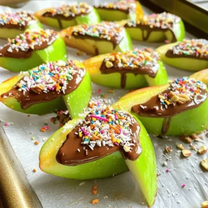To make dipped apple slices on a stick, gather these simple ingredients: - 2 large apples (any variety) - 1 cup semi-sweet chocolate chips - 1 tablespoon coconut oil (or vegetable oil) - 1/2 cup crushed nuts (optional: walnuts, almonds, or peanuts) - 1/2 cup shredded coconut - 1/2 cup rainbow sprinkles - Lollipop sticks or wooden skewers These ingredients create a fun and tasty treat. You can choose any type of apple. I love using crisp varieties like Fuji or Granny Smith. The chocolate chips and coconut oil blend well together. This mix makes the chocolate smooth and easy to dip. You can add crushed nuts, shredded coconut, or rainbow sprinkles for extra flavor and texture. Lollipop sticks or wooden skewers help you enjoy the apples without sticky fingers. Plus, they make a great presentation! For the full recipe, check out the instructions to make your dipped apple slices. First, wash and dry your apples. This step helps remove dirt and wax. Next, cut each apple into eight equal wedges. Be sure to remove the core so they are easy to eat. Once cut, insert a lollipop stick or wooden skewer into the wide end of each apple slice. Make sure the stick is secure. Now, let's melt the chocolate. In a microwave-safe bowl, combine one cup of chocolate chips with one tablespoon of coconut oil. Microwave this mixture in 30-second intervals. Stir well between each interval until it becomes smooth. This should take about one to two minutes. It’s time to dip! Take each apple slice and dip it into the melted chocolate. Make sure the slice is evenly coated. Allow any excess chocolate to drip off. While the chocolate is still wet, you can add your choice of toppings. Try crushed nuts, shredded coconut, or rainbow sprinkles for a fun twist. Once decorated, place the dipped apple slices on a parchment-lined baking sheet. After you have dipped all the slices, refrigerate them for at least 30 minutes. This helps the chocolate set and makes them a cool treat to enjoy later. For the full recipe, check out the details above! To get a nice even chocolate coat on your apple slices, start with warm chocolate. Make sure you microwave the chocolate chips with coconut oil until it melts smoothly. Dip each slice fully and let the excess chocolate drip off. This helps avoid clumps. If clumps happen, gently reheat the chocolate and stir it again. Serving your dipped apple slices can be a fun part! Arrange the slices on a platter, standing them up for a pretty display. You can also place them in a cup or jar for a fun party look. Try adding colorful garnishes, like mini chocolate chips or extra sprinkles around the base. This makes it more exciting! Be careful with knives when cutting apples. Always cut away from your body and keep fingers clear. When coring, use a safe tool or ask for help if you need it. After dipping, store your apple slices in the fridge. Keep them in a sealed container to stay fresh. This also keeps your kitchen safe from spills! {{image_2}} You can switch up the chocolate in this recipe for fun. Try using white chocolate. It melts well and tastes great. You can also use flavored chocolates, like caramel or mint. These can give your apple slices a new twist. If you want a healthier option, consider yogurt. Greek yogurt adds protein and tang. You can also use peanut butter for a nutty flavor. Just spread a thin layer on each slice. Spread it carefully to keep the apple's shape. Toppings can make your dipped apple slices even better. Try using granola for a crunchy texture. Crushed cookies add sweetness and fun. You can even mix in some chocolate chips for extra flavor. Seasonal toppings are a great idea too. In fall, you might sprinkle pumpkin spice on top. You can use colorful sprinkles for birthdays or parties. This makes your treat look festive and fun. Apples are great, but other fruits work well too. Pears are soft and sweet, making them a good choice. Bananas also dip nicely and add a creamy taste. For a fruit platter, mix different fruits together. You can combine apple slices, pear wedges, and banana pieces. This adds variety and makes it more colorful. The Full Recipe helps you explore these options for a delightful dessert! To keep your dipped apple slices fresh, store them in the fridge. This helps to keep the chocolate from melting and the apples from browning. Use an airtight container to prevent moisture from getting in. If you don’t have one, wrap them tightly in plastic wrap. Make sure to place parchment paper between layers if you stack them. This prevents the slices from sticking together. Dipped apple slices stay fresh for about 3 to 5 days in the fridge. After that, they may lose their crunch and taste. Signs that they should not be consumed include a sour smell or a slimy texture. If the apples start to brown noticeably, it’s best to throw them out. Enjoy them while they are fresh for the best taste! For the full recipe, check out the details above. Yes, you can use many fruits. Some great options include bananas, pears, or strawberries. These fruits also taste great dipped in chocolate. The key is to choose fruits that are firm and easy to cut into slices. This way, they hold up well on the stick. You can even mix different fruits together for a fun platter. To make dipped apple slices healthier, consider using dark chocolate. Dark chocolate has less sugar and more nutrients than milk chocolate. You can also use yogurt instead of chocolate. Greek yogurt adds protein and a creamy texture. For toppings, try using nuts or seeds instead of sprinkles. They add crunch and healthy fats. If you have leftover dipped apple slices, store them in the fridge. Use an airtight container to keep them fresh. If you have excess chocolate, let it cool and harden. You can then break it into pieces for snacks. Another fun idea is to use the leftover chocolate to dip pretzels or other fruits. Get creative and enjoy! Dipped apple slices are a fun treat anyone can make. We covered ingredients, easy steps, and safety tips. You can mix and match toppings and chocolate types to suit your taste. Whether for a party or a snack, these treats are sure to impress. Remember to store them well for the best taste. Explore all the fun variations and make this simple recipe your own! Enjoy creating a sweet experience that everyone will love.