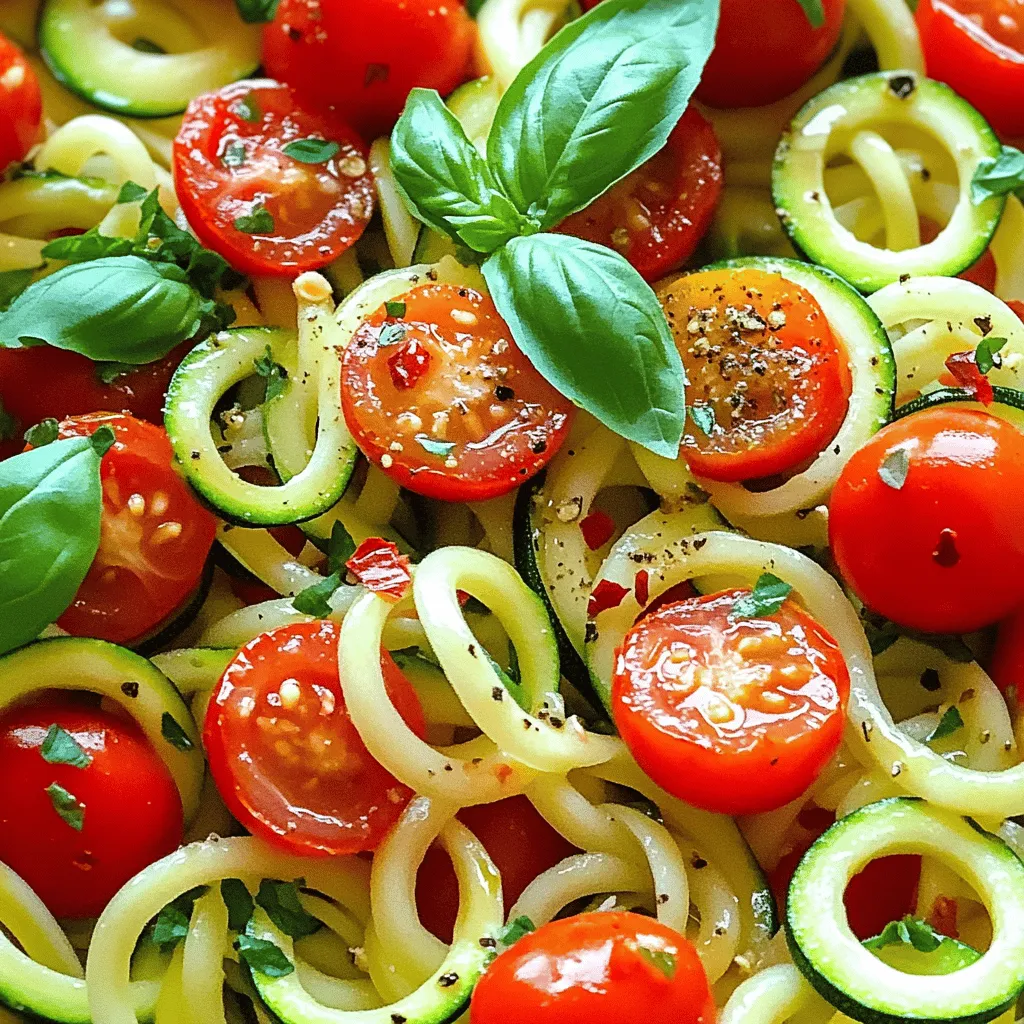 - Zucchini - Cherry tomatoes - Garlic - Fresh basil When I create Tomato Zucchini Pasta, I always start with fresh produce. Zucchini brings a mild flavor and lovely texture. I love to spiralize it for a fun twist. Cherry tomatoes add a burst of sweetness. I choose ripe ones for the best taste. Garlic adds a strong aroma and depth. Fresh basil finishes the dish with a bright touch. - Olive oil - Dried oregano - Red pepper flakes (optional) - Salt and pepper In my pantry, I keep a few staples ready. Olive oil is my go-to for cooking; it adds richness. Dried oregano gives the dish warmth and earthiness. I sometimes add red pepper flakes for heat, but it's optional. Salt and pepper enhance all the flavors, making them pop. - Grated Parmesan cheese For those who love cheese, I suggest grated Parmesan. It melts nicely and adds a savory note. It also gives a nice finish to the pasta. If you want to skip dairy, feel free to leave it out. You can find the full recipe [here](#). - Spiralizing the zucchini Start by washing the zucchinis. Cut off the ends. Use a spiralizer to make thin noodles. If you don’t have a spiralizer, a vegetable peeler works too. Just slice the zucchini into long strips. - Halving the cherry tomatoes Rinse the cherry tomatoes and place them on a cutting board. Use a sharp knife to cut each tomato in half. This helps them cook faster and release their juices. - Mincing the garlic Take your garlic cloves and peel them. Place them on the board and chop them finely. This will bring out their strong flavor in the dish. - Heating the olive oil Grab a large skillet and set it on medium heat. Pour in the olive oil. Let it heat for about a minute until it shimmers. - Sautéing garlic and tomatoes Add the minced garlic to the skillet. Stir it for about a minute. Then, toss in the halved cherry tomatoes. Cook them for 5-7 minutes. Stir often until they soften and release their juices. - Adding zucchini and seasoning Now, stir in the spiralized zucchini and dried oregano. Cook for another 3-5 minutes. You want the zucchini to be tender but still a bit crunchy. If you like heat, sprinkle in some red pepper flakes. Season with salt and pepper to taste. - Stirring in fresh basil After removing the skillet from heat, add the chopped fresh basil. Stir well to mix the flavors. - Serving suggestions with Parmesan cheese Serve your pasta hot. You can top it with grated Parmesan cheese if you like. This adds a nice creamy texture to the dish. Enjoy your fresh and flavorful Tomato Zucchini Pasta! For the complete recipe, check the [Full Recipe]. To avoid soggy zucchini, cook it quickly. First, spiralize your zucchini, then drain it for a few minutes. This step helps remove extra water. When cooking, add the zucchini last. This way, it stays firm. For perfectly sautéing garlic, use medium heat. Add garlic to hot oil and stir for about one minute. Watch it closely to prevent burning. Once it turns golden, it’s ready to add other ingredients. Adjusting spice levels is easy. If you like heat, add more red pepper flakes. Start with a small amount, taste, and add more if needed. You control the spice! If you don’t have zucchini, try yellow squash or carrots. Both can be spiralized and add great flavor. For tomatoes, use diced canned tomatoes or sun-dried tomatoes for a twist. Each option gives a different taste. For cheese, if you want a vegan option, use nutritional yeast. It adds a cheesy flavor. You can also use vegan cheese shreds that melt well. Pair this dish with crusty bread or a fresh salad. A simple green salad with lemon vinaigrette works great. It adds a nice crunch and balances the meal. This dish shines for casual dinners or family gatherings. Serve it at summer barbecues or cozy nights in. The bright colors and fresh taste make it a crowd-pleaser. For the full recipe, check out the section above. {{image_2}} You can make Tomato Zucchini Pasta even better with protein. Adding grilled chicken gives the dish a nice boost. Just slice cooked chicken and mix it in. It adds flavor and makes it filling. If you love seafood, try incorporating shrimp. Cook the shrimp in the skillet until pink. Then, add it to the pasta for a tasty twist. For those who need gluten-free meals, you have options! You can use gluten-free pasta alternatives. Look for brands made from rice or quinoa. They work well and taste great with this dish. You can easily make this dish vegan. Just omit the cheese. Instead, sprinkle nutritional yeast on top. It adds a cheesy flavor without using dairy. You’ll still enjoy a rich taste while keeping it plant-based. For the full recipe, check out the [Full Recipe]. To keep your Tomato Zucchini Pasta fresh, let it cool first. Place it in a clean container. Use an airtight container for best results. This helps keep the flavors locked in and prevents spills. Store it in the fridge for up to three days. If you want to eat it later, freezing is a good option. When you reheat, do it gently. Use a skillet over low heat. Add a splash of water or olive oil to keep it moist. Stir often to warm it evenly. This method keeps the zucchini from getting mushy. You can also use a microwave. Heat in short bursts, stirring in between. If you want to freeze your Tomato Zucchini Pasta, start by cooling it down. Use freezer-safe containers or bags to prevent freezer burn. It can last up to three months in the freezer. When you're ready to eat, thaw it overnight in the fridge. Reheat thoroughly before serving. This keeps the flavors bright and tasty. Enjoy your meal anytime with these easy storage tips! For the complete recipe, check out the Full Recipe. To add more flavor, use fresh herbs like basil and parsley. You can also try adding a splash of lemon juice for brightness. A sprinkle of good-quality olive oil enhances the taste, too. If you want heat, add red pepper flakes. You might also sauté onions with garlic for a sweet base. These tips will make your dish pop with flavor. Yes, you can use regular pasta if you prefer. Just cook it according to the package instructions. Spiralized zucchini serves as a low-carb option, but pasta brings a classic taste. Mix both for a fun texture. This way, you can enjoy the best of both worlds in your meal. Yes, Tomato Zucchini Pasta is healthy! Zucchini has low calories and lots of fiber. Cherry tomatoes are packed with vitamins. This dish is great for a balanced meal. Plus, you can skip cheese for a lighter option. With fresh ingredients, you get a nutritious meal that tastes great. Serve your Tomato Zucchini Pasta with a side salad for crunch. Garlic bread makes a tasty pairing, too. Try a glass of white wine to complement the flavors. You can also add grilled chicken or shrimp for extra protein. These sides elevate your meal and make it even more satisfying. In this blog post, we explored making a delicious Tomato Zucchini Pasta. We covered fresh ingredients, pantry staples, and optional toppings. You learned step-by-step instructions for preparation, cooking, and finishing touches. We shared tips for cooking and ingredient swaps, plus storage and reheating advice. In conclusion, this dish is healthy and easy to customize. Enjoy trying different variations and sharing it with others!