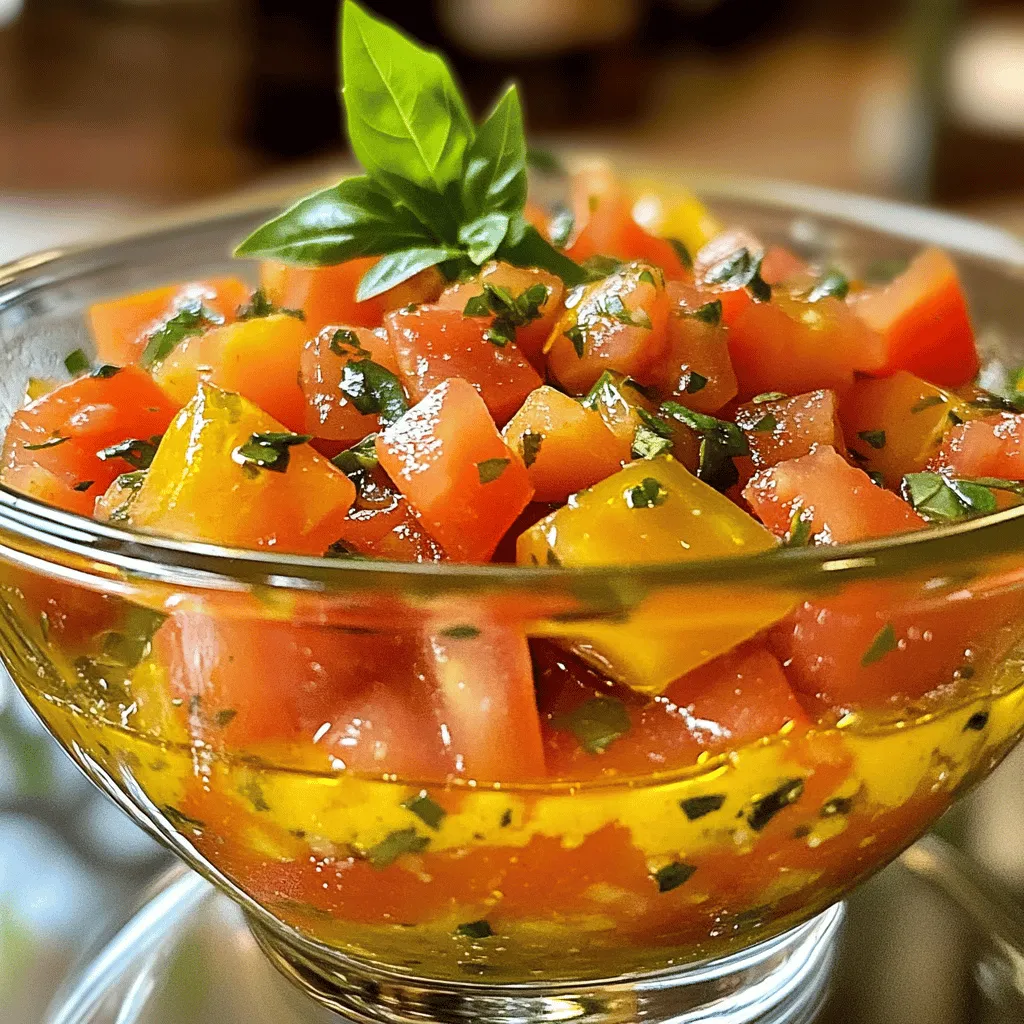 The base of our Easy Fresh Tomato Vinaigrette is simple and flavorful. You need: - 3 medium ripe tomatoes, diced - 1/4 cup extra-virgin olive oil - 2 tablespoons apple cider vinegar These fresh tomatoes bring a burst of sweetness. The olive oil adds richness, while apple cider vinegar gives a tangy kick. To enhance this dressing, add a few more ingredients: - 1 tablespoon Dijon mustard - 1 garlic clove, minced - 1 teaspoon honey (optional for sweetness) Dijon mustard adds depth and creaminess. Garlic gives it a nice zing, and honey balances the acidity if you prefer a sweeter taste. Seasoning elevates the flavor. You will need: - Salt and freshly ground black pepper to taste - Fresh basil leaves, chopped (for garnish) Salt and pepper bring out the natural flavors. Fresh basil adds a fragrant touch, making your vinaigrette look and taste fresh. For the Full Recipe, check the detailed steps to create this vibrant sauce. - Add diced tomatoes to a medium bowl. - Sprinkle with salt to release juices. Start by chopping your tomatoes. I like to use ripe ones for the best taste. Place the diced tomatoes into a bowl. Then, sprinkle salt over them. This step is key. The salt helps the tomatoes release their juices. Let them sit for about five minutes. This waiting time enhances the flavor of the tomatoes. - Whisk olive oil, vinegar, mustard, garlic, and honey. - Combine until well mixed. Next, grab a small bowl. In it, whisk together olive oil and apple cider vinegar. Add Dijon mustard, minced garlic, and honey. If you want a bit of sweetness, use the honey. Whisk until the mixture is smooth and creamy. This vinaigrette brings a nice balance of tangy and sweet flavors. - Pour vinaigrette over tomatoes. - Gently toss and adjust seasoning. - Allow the vinaigrette to sit for flavor melding. Now, pour the vinaigrette over your tomatoes. Gently toss them together. This mixes the flavors nicely. Taste and adjust the seasoning with more salt or pepper if needed. Let the vinaigrette sit for about ten minutes. This waiting allows the flavors to meld. For a touch of fresh flavor, fold in chopped basil just before serving. You can find the full recipe above for more details on preparation. To make your Easy Fresh Tomato Vinaigrette shine, let it rest for at least 10 minutes. This time allows the flavors to blend beautifully. You will notice a big difference in taste. High-quality extra-virgin olive oil makes a huge impact too. It adds depth and richness that lower-quality oils can’t match. Always choose the best you can find. Your vinaigrette deserves it! Serve your vinaigrette in a clear glass jar or bowl. This way, you can show off the vibrant colors of the tomatoes and basil. A little garnish can go a long way. Add a basil sprig on top for a pop of green. It makes the dish look fresh and inviting. This small touch can impress your guests! Fresh tomatoes are packed with vitamins. They provide vitamin C, potassium, and antioxidants. These nutrients are great for your health! Olive oil is also a star player. It has healthy fats that can support heart health. Plus, this vinaigrette is low in calories. You can enjoy it without guilt. It’s a delicious way to add flavor and nutrition to your meals! {{image_2}} You can easily change this sauce. Swap tomatoes for other fresh veggies, like cucumbers or bell peppers. Each option gives a new taste and texture. You can also add herbs like oregano or parsley. Fresh herbs add a bright flavor that lifts the sauce. Adjust the sweetness to fit your taste. You can increase or decrease honey based on what you like. If you prefer a tangy twist, try different vinegars. Balsamic or red wine vinegar can add depth and a unique flavor profile. Consider adding capers or shallots for an extra twist. Capers bring a salty kick, while shallots add a mild onion flavor. If you want some heat, sprinkle in red pepper flakes. This gives the vinaigrette a spicy bite that pairs well with summer dishes. For more ideas, check out the Full Recipe. To keep your Easy Fresh Tomato Vinaigrette fresh, store it properly. - Place it in an airtight container in the fridge. - Use it within a week for the best taste and freshness. - Freezing this vinaigrette is not a good idea. - The texture changes when frozen, making it less enjoyable. - It’s best enjoyed fresh to savor all the flavors. - When using leftovers, shake or whisk the vinaigrette well. - If the flavor seems dull, add a splash of vinegar. - This little trick gives it a nice flavor boost. Enjoy your Easy Fresh Tomato Vinaigrette as a delightful summer sauce! For the complete recipe, check out the [Full Recipe]. Easy Fresh Tomato Vinaigrette lasts about one week in the fridge. Store it in an airtight container. The flavors will stay fresh for a good while, but it’s best to use it in that time frame. After a week, the taste might change, and the texture could become watery. Yes, you can make this vinaigrette in advance. Just prepare it a few hours before you plan to serve. Making it ahead of time allows the flavors to blend better. If you want to prep it even earlier, you can store it for up to three days. Just remember to give it a good stir before serving. Yes, this vinaigrette is very versatile. It is gluten-free and vegan. You can enjoy it on salads, grilled veggies, or even as a dip. If you're watching carbs, this vinaigrette fits that diet too. The ingredients are simple and healthy, making it a great choice for many eating styles. This blog post highlighted how to make a fresh tomato vinaigrette with simple steps. We started with fresh ingredients, then moved to making the vinaigrette, and ended with tips and variations. Remember, allow your vinaigrette to rest for flavor and present it well. Enjoy the health benefits and delicious taste of your creation. With these ideas, you can customize the vinaigrette to fit your taste. Keep it fresh and tasty for the best results. Happy cooking!