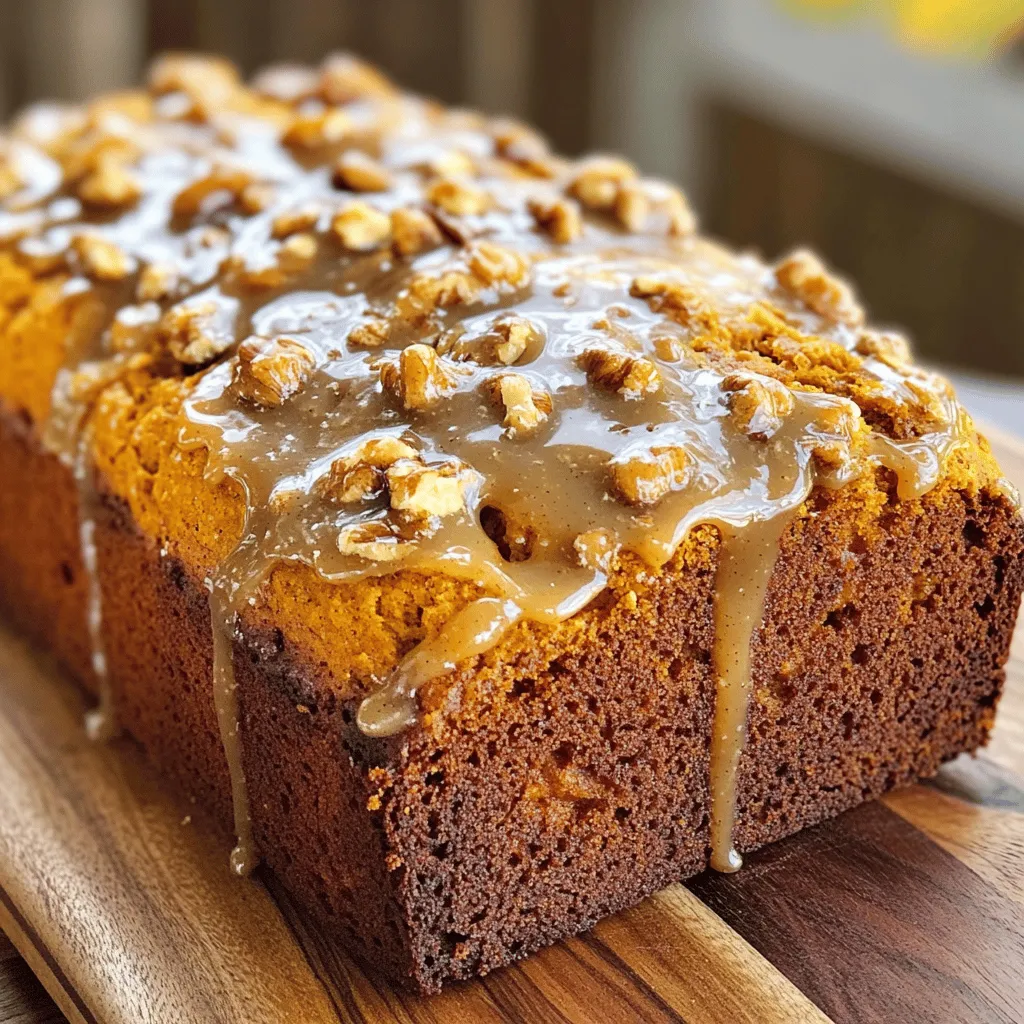 - 1 ½ cups pumpkin puree - ½ cup unsalted butter, melted - 1 cup brown sugar - ½ cup granulated sugar - 3 large eggs - 1 teaspoon vanilla extract Pumpkin puree gives the bread its rich flavor and moist texture. Unsalted butter adds a creamy base. The mix of brown and granulated sugars creates sweetness and depth. Eggs help bind everything together and add fluffiness. Vanilla extract brightens the overall taste. - 2 cups all-purpose flour - 1 teaspoon baking soda - ½ teaspoon baking powder - 1 teaspoon ground cinnamon - ½ teaspoon ground nutmeg - ½ teaspoon salt - 1 cup chopped walnuts (optional) All-purpose flour is essential for structure. Baking soda and baking powder help the bread rise. Spices like cinnamon and nutmeg add warmth and flavor. Salt balances the sweetness. If you like nuts, chopped walnuts add a lovely crunch. - 4 tablespoons unsalted butter - ½ cup powdered sugar - 2 tablespoons pure maple syrup - 1-2 tablespoons milk (as needed for consistency) Unsalted butter is used for the glaze to keep it rich. Powdered sugar dissolves easily and gives a smooth finish. Pure maple syrup adds a sweet, earthy taste. Milk helps adjust the glaze's thickness, making it perfect for drizzling. For the complete recipe, check out the [Full Recipe]. - Preheat the oven to 350°F (175°C). - Grease and flour a 9x5 inch loaf pan. This helps the bread slide out easily. - In a large bowl, combine the pumpkin puree, melted butter, brown sugar, granulated sugar, eggs, and vanilla extract. - Beat this mixture until smooth and creamy. This gives your bread a rich flavor. - In a separate bowl, whisk together the flour, baking soda, baking powder, ground cinnamon, ground nutmeg, and salt. - Make sure there are no lumps in the mix. This helps the bread rise evenly. - Slowly fold the dry ingredients into the wet mixture. - Stir gently until just combined. Overmixing can make the bread tough. - Pour the batter into the prepared loaf pan. Smooth the top with a spatula. - Bake for 55-65 minutes. Check with a toothpick; it should come out clean. - Let the bread cool in the pan for about 10 minutes. Then, transfer it to a wire rack. - In a small saucepan, melt the butter for the glaze over medium heat. Cook until it turns brown and smells nutty. This takes about 4-5 minutes. Be careful not to burn it. To make the best pumpkin bread, avoid overmixing the batter. Overmixing can make your loaf tough. Mix just until you see no dry flour. This ensures a tender and fluffy texture. Use a toothpick to test if the bread is done. Insert it into the center of the loaf. If it comes out clean or with a few moist crumbs, your bread is ready. This simple test helps you avoid undercooking or overcooking the bread. Brown the butter carefully to get that rich flavor. Heat it over medium heat and watch closely. When it turns golden brown and smells nutty, it’s ready. Be cautious; burnt butter tastes bitter. When mixing the glaze, add milk a little at a time. You want it to be pourable but not too thin. If it feels too thick, just add more milk until you reach the right consistency. To slice and serve the bread, wait until it cools completely. Use a sharp knife for neat slices. Serve each piece with a sprinkle of cinnamon on top for added flavor. For a decorative touch, drizzle extra glaze over each slice. You can also add a few chopped walnuts on top. This not only looks great but also adds more texture and taste to your dish. For the complete recipe, check out the Full Recipe. {{image_2}} You can make your butter pumpkin bread even more exciting with fun add-ins. Consider nuts like pecans or almonds for a crunchy bite. Chopped walnuts work well too. If you like chocolate, add in some chocolate chips. They melt and create gooey pockets of joy. Dried fruits like cranberries or raisins offer a sweet surprise. Just sprinkle them in the batter before baking. If you need gluten-free options, swap the all-purpose flour for a gluten-free blend. Many brands work well in baking. For a vegan version, replace the eggs with flax eggs. Mix one tablespoon of ground flaxseed with three tablespoons of water. Let it sit until it thickens. Use melted coconut oil instead of butter for the moisture. This keeps the bread rich and tasty without animal products. Want more flavor? You can tweak the spices to your liking. Try adding ginger or cloves for a warm touch. Some people love a hint of cardamom too. As for the maple syrup, different types bring unique tastes. Dark maple syrup offers a bolder flavor. Light syrup has a milder sweetness. Experiment to find what you like best. I recommend storing your leftover pumpkin bread at room temperature. It keeps the bread soft and tasty. Wrap it well in plastic wrap or aluminum foil. This prevents it from drying out. You can also put it in an airtight container. If you live in a warm area, consider refrigerating it. Just remember that it may dry out a bit in the fridge. To freeze your pumpkin bread, first, let it cool completely. Then, wrap it tightly in plastic wrap. You can also use aluminum foil for extra protection. Place the wrapped loaf in a freezer bag. This helps keep out air and moisture. When you want to enjoy it, take it out and thaw it in the fridge overnight. For a quick method, you can leave it at room temperature for a few hours. Your pumpkin bread can last up to four days at room temperature. If stored in the fridge, it can last about a week. Signs of spoilage include a dry texture or a strange smell. If you see mold, throw it away. Always trust your senses to make sure it’s safe to eat. What is the best way to tell if the bread is done baking? To check if the bread is done, insert a toothpick in the center. If it comes out clean, your bread is ready. If it has batter on it, bake a bit longer. The bread should also feel firm to the touch. Can I use fresh pumpkin instead of puree? Yes, you can use fresh pumpkin. Just cook and puree it until smooth. Make sure to drain any excess water. This way, you keep the flavor and moisture right for the bread. How do I thicken the maple brown butter glaze? To thicken the glaze, add more powdered sugar. Mix it in slowly until you reach your desired thickness. If it's too thick, add a little milk to loosen it up. Can I make the glaze ahead of time? Yes, you can make the glaze ahead of time. Just store it in the fridge. Reheat gently when ready to use. Stir well before drizzling over the bread. Can I make mini loaves instead of one large loaf? Absolutely! You can make mini loaves. Just adjust the baking time to about 25-30 minutes. Check with a toothpick to ensure they are done. What are the best spices to use for flavoring pumpkin bread? The classic spices are cinnamon and nutmeg. You can also add ginger or allspice for a warm flavor. Experiment with what you like best! In this blog post, we explored how to make delicious butter pumpkin bread. We covered key ingredients, step-by-step instructions, tips for perfecting your bread, and variations. This recipe is easy and fun. You can customize it with nuts or spices to match your taste. Remember to store leftovers properly to keep them fresh. Enjoy sharing this treat with family and friends, or savor it yourself. Baking can create joy and warmth in your home. Happy baking!