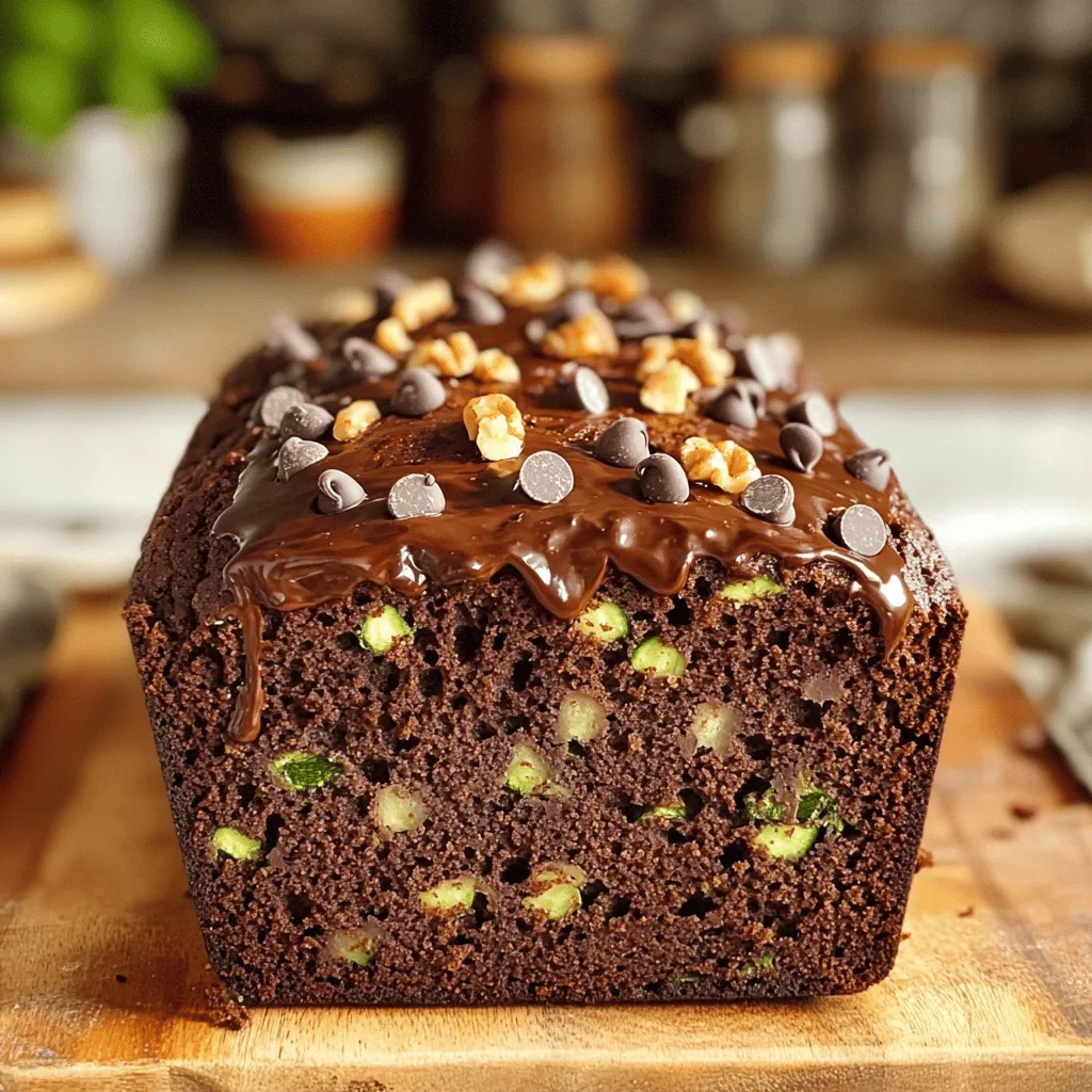 To make this delicious bread, you need some key items: - 1 medium zucchini, grated (about 1 cup) - 1 cup all-purpose flour - 1/2 cup cocoa powder - 1/2 teaspoon baking soda - 1 teaspoon baking powder - 1/4 teaspoon salt - 1/2 cup maple syrup - 1/2 cup unsweetened applesauce - 1/4 cup almond milk (or any plant-based milk) - 1 teaspoon vanilla extract - 1/2 cup dairy-free chocolate chips - 1/4 cup chopped walnuts (optional) These ingredients create a moist and rich bread. The grated zucchini adds moisture without a strong flavor. The cocoa powder gives a deep chocolate taste. You can enhance your bread with a few extra goodies: - Dairy-free chocolate chips - Chopped walnuts Adding chocolate chips makes each slice extra sweet. Walnuts bring a nice crunch and healthy fats. Feel free to mix and match based on your taste! If you want to change things up, here are some swaps: - Use agave syrup or honey instead of maple syrup. - Try oat milk or soy milk instead of almond milk. These substitutions keep your bread tasty while adjusting for dietary needs or preferences. Experiment to find your perfect blend! For the full recipe, check the section above. First, you need to preheat your oven to 350°F (175°C). This step is key for the bread to rise well. While the oven heats, grease a 9x5 inch loaf pan. If you prefer, you can line it with parchment paper. This makes it easier to remove the bread later. In a large bowl, combine the grated zucchini with maple syrup, applesauce, almond milk, and vanilla. Use a spatula to mix well until everything blends smoothly. The zucchini adds moisture and helps keep the bread soft. Make sure there are no dry spots. In a separate bowl, whisk together the flour, cocoa powder, baking soda, baking powder, and salt. Whisking helps to break up any lumps in the dry mix. This step is important for even flavor and texture in your bread. Now, gently add the dry mixture to the wet ingredients. Stir with a spatula until just combined. Avoid overmixing; it's okay if the batter has a few lumps. Overmixing can make the bread tough. Fold in the dairy-free chocolate chips and walnuts if you choose to use them. This adds great texture and flavor. Make sure to distribute them evenly throughout the batter for the best taste in every bite. Pour the batter into your prepared loaf pan. Spread it evenly. Bake in the preheated oven for 50-60 minutes. Check doneness by inserting a toothpick into the center. If it comes out clean, your bread is ready. Once done, let the loaf cool in the pan for about 10 minutes before moving it to a wire rack. You can find the full recipe above for more details. To get soft and fluffy bread, follow these tips: - Use fresh zucchini. Grate it just before mixing. - Do not overmix the batter. Stir gently until combined. - Let the batter rest for a few minutes before baking. This helps with rising. - Ensure your baking powder and baking soda are fresh. Old leavening agents can lead to dense bread. For extra flavor, consider adding: - A pinch of cinnamon. It pairs well with chocolate. - A splash of almond extract for a nutty twist. - A few drops of peppermint extract for a refreshing kick. - Chopped fresh mint or basil for a unique touch. To keep your bread fresh: - Store it in an airtight container at room temperature. - For longer storage, wrap it in plastic wrap and freeze. - To reheat, slice and pop it in the toaster for a crispy edge. - Alternatively, warm slices in the microwave for a soft texture. This recipe is simple and rewarding. Enjoy the deliciousness and share it with friends! You can find the Full Recipe linked above. {{image_2}} You can easily make this vegan chocolate zucchini bread gluten-free. Simply replace all-purpose flour with gluten-free flour blends. Look for blends that contain a mix of rice flour, tapioca starch, and potato starch. These blends work well and provide a nice texture. You may also try almond flour for a nutty flavor, but adjust the amount since it absorbs more moisture. If you want different sweeteners, there are many options. You can use agave syrup instead of maple syrup for a lighter taste. Coconut sugar is another great choice, adding a hint of caramel flavor. You can also try using date paste for a more natural sweetness. Each sweetener can change the flavor slightly, so feel free to experiment and find what you like best. Adding flavors can make this bread even more exciting. You might consider adding spices like cinnamon or nutmeg for warmth. If you enjoy a bit of zest, orange or lemon zest can brighten the flavor. You can also fold in chopped fruits like bananas or apples for added moisture and sweetness. These small changes can create a unique twist on a classic recipe. Store your bread in an airtight container. Keep it in a cool, dry place. This helps maintain its moisture and flavor. If you have leftovers, it can last for about three days at room temperature. For longer freshness, consider refrigerating it. Wrap it well in plastic wrap before placing it in the fridge. To freeze your bread, follow these steps: 1. Allow the bread to cool completely after baking. 2. Wrap it tightly in plastic wrap. 3. Place the wrapped bread in a freezer-safe bag or container. 4. Label it with the date for easy reference. 5. To thaw, remove it from the freezer and let it sit at room temperature for a few hours. You can also thaw it overnight in the fridge. At room temperature, the bread stays fresh for about three days. If you refrigerate it, it can last up to a week. Freezing extends its life up to three months. This way, you can enjoy your vegan chocolate zucchini bread anytime! For the best taste, eat it fresh. For the full recipe, check out the earlier section. Yes, you can use other flours. Whole wheat flour adds fiber and flavor. Almond flour gives a nutty taste, but it changes texture. Gluten-free flour blends work, too. Just ensure the blend has xanthan gum for structure. If you lack zucchini, use carrots or mashed bananas. Grated carrots add sweetness and moisture. Mashed bananas give a rich taste. Both options change flavor but keep the bread moist. Check with a toothpick to test doneness. Insert it into the center of the loaf. If it comes out clean, the bread is ready. If it has wet batter, bake longer. Usually, it takes 50-60 minutes. Yes, this recipe uses maple syrup and applesauce. Maple syrup is a great natural sweetener. Applesauce adds moisture and a hint of sweetness. Together, they create a well-balanced flavor without refined sugar. Absolutely! Just omit the walnuts from the recipe. Replace almond milk with oat or soy milk for a nut-free option. This keeps the recipe safe for those with nut allergies while still being delicious. This blog post showed you how to make vegan chocolate zucchini bread. You learned about essential and optional ingredients, plus common substitutions. I also detailed step-by-step instructions for mixing, baking, and enhancing flavors. You found tips for storage and variations to explore. In conclusion, making this bread is fun and simple. It’s a delicious way to enjoy healthier baked goods. Experiment with flavors and find what you love most. Happy baking!