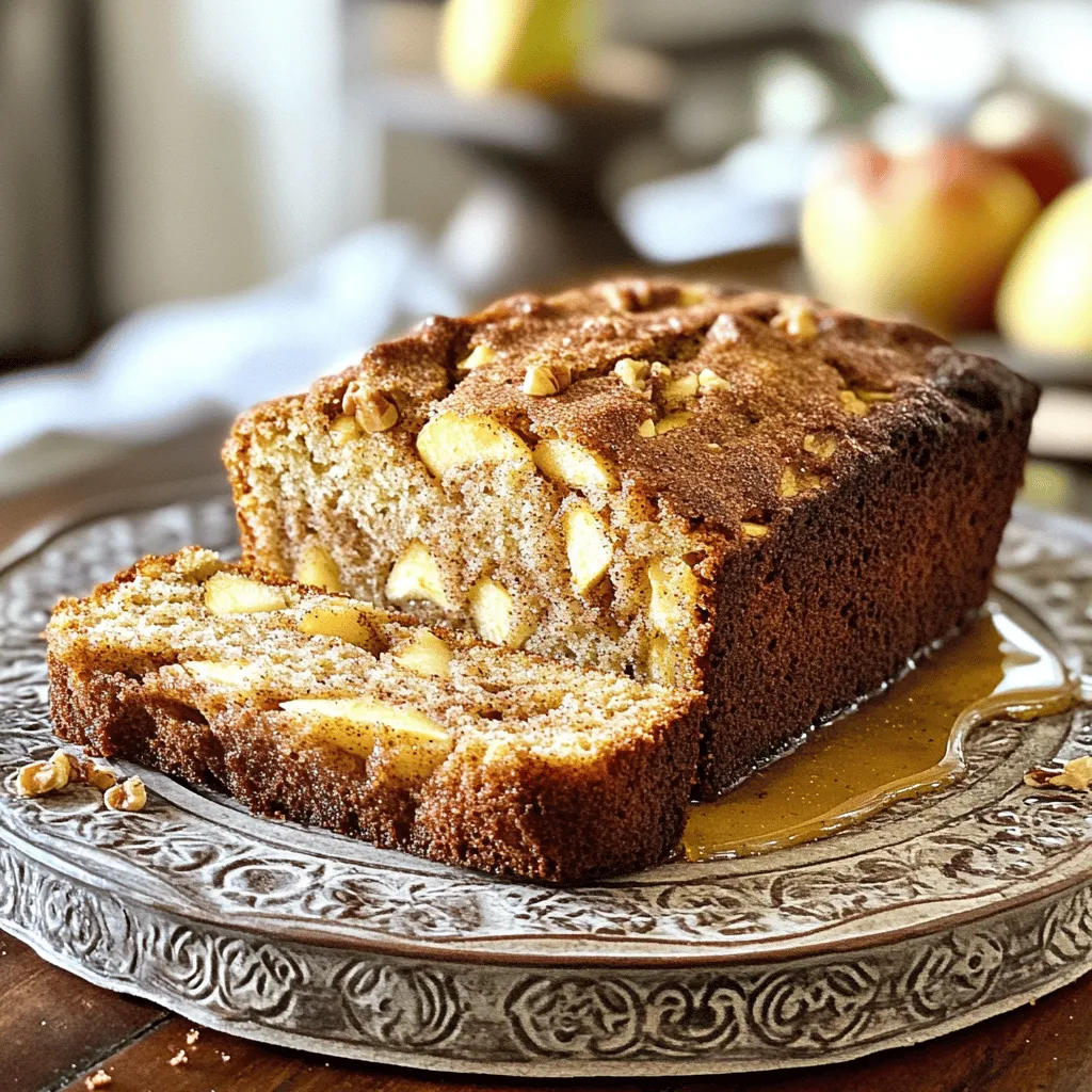 - 2 cups all-purpose flour - 1 ½ teaspoons baking powder - ½ teaspoon baking soda - 1 teaspoon ground cinnamon - 1 cup granulated sugar - ½ cup unsalted butter, softened - 1 tablespoon brown sugar (for topping) - 2 large eggs - 1 teaspoon vanilla extract - 1 cup Greek yogurt (or sour cream) - 2 cups apples, peeled and diced (about 2 medium apples) - ½ cup chopped walnuts (optional) Gathering the right ingredients is key to making a great apple cinnamon loaf. Start with your main ingredients. The flour, baking powder, baking soda, and cinnamon create the base. Each of these adds structure and flavor to the loaf. Next, sweeteners and fats bring out the warm taste. Granulated sugar and softened butter create a lovely texture. The brown sugar on top adds a sweet crunch. The eggs and dairy help bind everything together. Large eggs provide moisture and richness. Vanilla extract gives a nice aroma. Greek yogurt or sour cream adds a creamy touch that keeps the loaf moist. Finally, the stars of the show are the produce and nuts. Fresh, diced apples add sweetness and juiciness. I love using two medium apples for the best flavor. If you want, add chopped walnuts for a nutty crunch. For the full recipe, check out the details above. Happy baking! - Preheat the oven to 350°F (175°C). - Grease a 9x5 inch loaf pan. Start by getting your oven ready. This step is key for the perfect bake. While the oven heats, grease your loaf pan. I like to use unsalted butter for this. It helps the loaf come out easily later. - Combine dry ingredients in a bowl. - Cream together butter and sugar until fluffy. In a medium bowl, mix the dry ingredients: flour, baking powder, baking soda, cinnamon, and salt. This helps evenly spread the flavors. In a larger bowl, cream the softened butter and sugar together. Use an electric mixer for about 3-4 minutes. The mix should look light and fluffy. - Add eggs and vanilla, mixing until combined. - Gently mix in the Greek yogurt. Next, add the eggs one by one. Mix well after each addition. Then, pour in the vanilla extract and blend. Now, gently fold in the Greek yogurt. This makes your loaf moist and adds a nice tang. - Combine dry and wet ingredients until just mixed. - Fold in apples and walnuts. Now, it’s time to mix the dry and wet ingredients. Add the dry mix to the wet mix slowly. Mix until just combined to keep your loaf light. Finally, fold in the diced apples and walnuts. This adds great texture and flavor. - Transfer batter to the loaf pan. - Sprinkle brown sugar and cinnamon mixture on top. - Bake for 55 to 65 minutes. Spoon the batter into your prepared loaf pan. Smooth the top with a spatula. In a small bowl, mix brown sugar and cinnamon. Sprinkle this on top of the batter for a sweet crust. Bake the loaf for 55 to 65 minutes. Check with a toothpick to see if it’s done. - Cool in the pan for 10 minutes. - Transfer to a wire rack and serve. Once baked, let the loaf cool in the pan for about 10 minutes. Then, move it to a wire rack. This allows air to circulate and keeps it from getting soggy. Slice and serve your delicious apple cinnamon loaf warm or at room temperature. You can find the full recipe above for more details. Enjoy! - Use fresh apples for juiciness. Fresh apples add a burst of flavor. - Don’t overmix the batter for a tender loaf. Mix just until combined for best results. When you use fresh apples, pick apples that are crisp and sweet. Varieties like Honeycrisp or Fuji work well. They keep their shape and add moisture. If you overmix, the loaf can turn out tough. Just a gentle fold is enough. - Check for doneness using a toothpick. Insert it in the center; it should come out clean. - Adjust baking time based on altitude. Higher altitudes may need longer baking times. Toothpicks are a handy tool for checking your loaf. If the toothpick has wet batter, give it more time. At high altitudes, your loaf may bake faster. Keep an eye on it to avoid overbaking. - Serve sliced with honey or maple syrup. This adds a sweet touch to each bite. - Garnish with additional cinnamon. A sprinkle on top looks and tastes great. When serving, slice the loaf neatly. A drizzle of honey or maple syrup makes it special. A little cinnamon on top enhances the flavor and makes it pretty. These little touches elevate your apple cinnamon loaf to a delightful dish. For the complete method, check the Full Recipe. {{image_2}} If you want a gluten-free option, use almond flour instead of all-purpose flour. This swap keeps the loaf tasty and light. To make a vegan apple cinnamon loaf, you can use flax eggs. Mix one tablespoon of flaxseed meal with three tablespoons of water. Let it sit for five minutes until it thickens. It works well in this recipe! To boost the flavor, add dried fruit like raisins or cranberries to the batter. These fruits add sweetness and texture. You can also incorporate spices like nutmeg or ginger. A pinch of nutmeg brings warmth, while ginger adds a nice zing. Feel free to experiment with different nuts. Pecans add a lovely crunch and flavor. If you want a sweeter twist, swap walnuts for chocolate chips. They melt beautifully and create a delightful surprise in every slice. For the full recipe, refer to the Apple Cinnamon Loaf section above. Keep your apple cinnamon loaf in an airtight container. It stays fresh at room temperature for up to 3 days. This way, you can enjoy a slice whenever you crave something sweet. If you want to keep it longer, refrigerate the loaf. It will last for up to a week. For even longer storage, you can freeze it. Wrap it tightly and freeze for up to 3 months. When you're ready to eat, just thaw it in the fridge. To enjoy your loaf warm, microwave slices for a few seconds. This makes it soft and cozy. If you prefer a crispy texture, toast it in a toaster oven. This will give you a delightful crunch that pairs well with the soft inside. For the full recipe, refer back to the section above. Yes, pears or peaches make great substitutes. Both fruits add sweetness and moisture. They blend well with cinnamon. Try using equal amounts as you would for apples. Sour cream or buttermilk can be used as alternatives. Both options keep the loaf moist and soft. They add a nice tangy flavor too. You can use any of these in the same amount as Greek yogurt. A toothpick inserted should come out clean or with a few crumbs. This test helps check the center's doneness. If you see wet batter, bake it a bit longer. Keep a close eye on it during the last few minutes. Check local bakeries or grocery stores in the bakery section. Many places offer fresh baked goods. You might find different brands and styles. Just look for a nice golden crust and a sweet scent. Use a gluten-free flour blend in place of all-purpose flour. Many blends work well for baking. Just measure the same amount as the regular flour. This swap allows everyone to enjoy this tasty treat! For the full recipe, check out the details above. This recipe combines simple ingredients and easy steps for a delicious apple cinnamon loaf. By following the easy instructions, you can ensure a moist and flavorful treat. Don’t forget the variations to make this loaf your own! Store it well for lasting enjoyment. Now, you can impress friends and family with your baking skills. Enjoy your creation and share it with those you love!