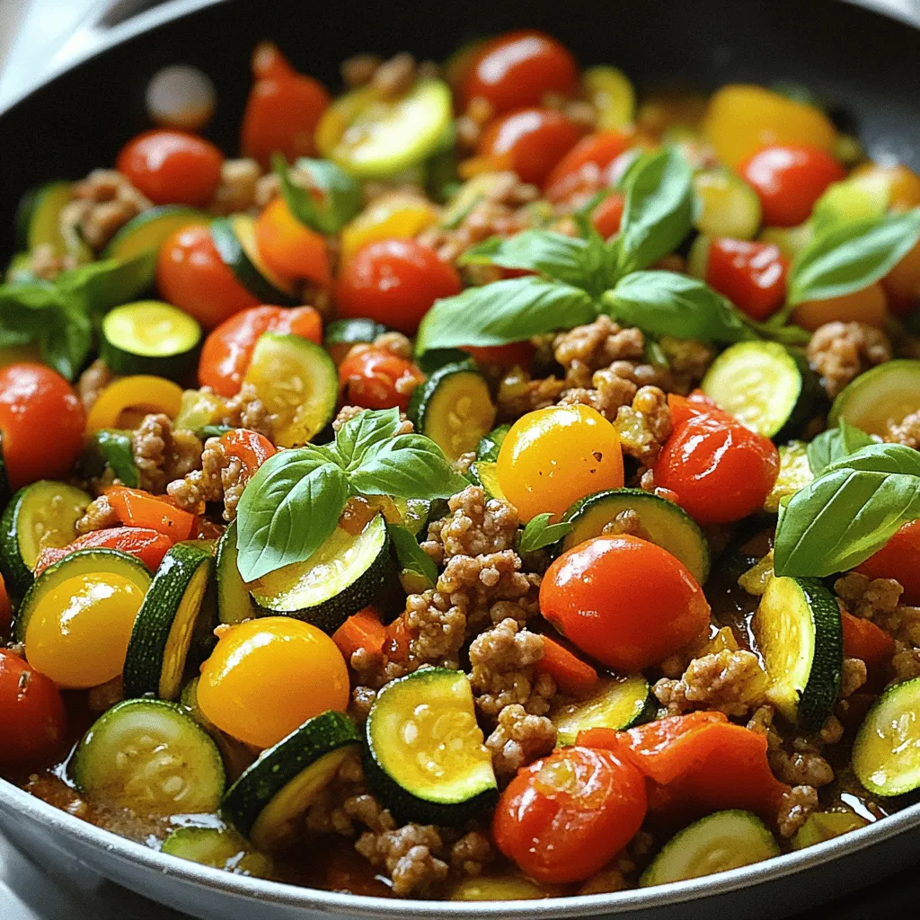 - Ground turkey - Zucchini - Bell pepper - Onion - Garlic To make a tasty turkey and zucchini skillet, you need fresh, simple ingredients. Ground turkey is the star here. It's lean and cooks quickly. Zucchini adds a nice texture and flavor. You can use one or two medium zucchinis, diced into cubes. A bell pepper, either red or yellow, brings color and sweetness. Finely chopped onion and minced garlic round out the base. These two ingredients create a fragrant aroma that fills your kitchen. - Dried oregano - Smoked paprika - Salt and black pepper Spices bring your dish to life. I love using dried oregano for its earthy taste. Smoked paprika adds a hint of warmth and depth. A little salt and black pepper are key to enhancing all the flavors. Just remember, you can adjust these to match your taste. - Fresh basil leaves To finish off your turkey and zucchini skillet, consider fresh basil leaves. They add a burst of color and a fresh flavor. Simply sprinkle them on top before serving for an extra pop! For the full recipe, check out the details above. 1. First, heat two tablespoons of olive oil in a large skillet over medium heat. This helps to get the right flavor. 2. Next, add the finely chopped onion. Sauté it for 2-3 minutes until it becomes soft and clear. 3. Then, stir in the minced garlic. Cook it for another minute. You want to smell that great aroma. 4. Now, increase the heat to medium-high and add the ground turkey. Cook it until it turns brown. Break it apart with a spatula for about 5-7 minutes. 1. Once the turkey is cooked, season it with dried oregano, smoked paprika, salt, and black pepper. Mix everything well. 2. Add the diced zucchinis and bell pepper to the skillet. Stir and cook for 5 minutes. This keeps the veggies crisp. 3. Next, fold in the halved cherry tomatoes. Cook for another 2-3 minutes until they soften slightly. 1. Remove the skillet from heat. 2. Garnish with fresh basil leaves. This adds a nice touch of color and freshness. 3. Serve your turkey and zucchini skillet warm. Enjoy this quick and flavorful meal! For the full recipe, check out the details above. - Choosing the right turkey: Use lean ground turkey. It has less fat and cooks well. Look for a turkey that is 93% lean or higher. This keeps the dish light and flavorful. - Ensuring vegetables maintain texture: Cut the zucchini and bell pepper into even pieces. This helps them cook at the same rate. Don’t overcook them. They should remain slightly crisp for the best texture. - Best side dishes to pair: Serve this dish with a side salad. A simple green salad with lemon dressing works great. Brown rice or quinoa also pairs well for a filling meal. - Ideal plates and presentation tips: Use a wide, shallow bowl to serve. This allows the colors to shine. Garnish with fresh basil leaves before serving. It adds a nice touch and fresh flavor. - Low-calorie substitutes: Replace ground turkey with chicken or turkey breast. You can also use cauliflower rice instead of brown rice. This cuts calories while adding fiber. - Incorporating more vegetables: Add more veggies like spinach or mushrooms. You can also mix in kale or carrots. This boosts nutrition and flavor without many extra calories. For the complete recipe, see the [Full Recipe]. {{image_2}} You can change the ground turkey for other meats. Ground chicken or beef works well. Each choice gives a different taste and texture. If you want to keep it light, try ground turkey. You can also swap out zucchini. Try bell peppers, squash, or even carrots. Each veggie adds its own flavor and nutrition. This lets you make the dish your own. Add more spices or sauces to kick up the taste. A dash of chili powder can add heat. If you like sweetness, a splash of soy sauce makes it savory. Incorporate fresh herbs for a bright flavor. Try thyme or cilantro mixed in. These herbs can change the taste and make it fresh. For a gluten-free dish, check your sauces. Most spices are gluten-free, but some sauces may contain it. Simple swaps keep the dish safe for all diets. If you want a vegetarian option, use plant-based meat or beans. Mushrooms also make a hearty substitute. This way, you can enjoy the meal without meat. For the full recipe, check the section above. To keep your Turkey and Zucchini Skillet fresh, use an airtight container. Glass or BPA-free plastic containers work well. Make sure to let the skillet cool down before sealing it. Store it in the fridge for up to three days. When you are ready to enjoy leftovers, you can reheat them in two ways. The stovetop is best for keeping flavors intact. Heat a pan over medium heat, then add the skillet contents. Stir often until warm. If you use a microwave, place the skillet in a microwave-safe bowl. Cover it with a lid or wrap to keep moisture in. Heat for one minute, then stir and check if it's hot. Repeat as needed. You can freeze the Turkey and Zucchini Skillet for longer storage. First, let it cool completely. Then, transfer it to a freezer-safe container or bag. Squeeze out as much air as possible before sealing. This dish can stay frozen for up to three months. When ready to eat, thaw it overnight in the fridge before reheating. For the complete recipe, check the Full Recipe section above to get started. It only takes 25 minutes to make this dish. You need 10 minutes to prep the ingredients and 15 minutes to cook. This quick meal fits well into busy days. You can easily whip it up for lunch or dinner. Yes, you can use frozen zucchini. Frozen zucchini is handy when fresh zucchini is not available. However, fresh zucchini has a better texture and flavor. If you use frozen, make sure to drain any extra water before adding it to the skillet. This helps keep the dish from becoming too watery. You can pair this skillet with many sides. Here are some great options: - Quinoa or rice for added fiber. - A fresh green salad for crunch. - Whole-grain bread to soak up flavors. - Roasted potatoes for a hearty side. Yes, this recipe is quite healthy! Ground turkey is a lean protein that is low in fat. Zucchini and bell peppers add vitamins and minerals. Olive oil provides healthy fats, while garlic boosts flavor with health benefits. This dish is packed with nutrients and can fit into many diets. For those looking to eat well, it’s a great choice. For the full recipe, check the section above. This blog post covers a great turkey and zucchini skillet recipe. We explored key ingredients and spices that enhance flavor. You learned step-by-step instructions and useful tips for cooking and serving. We also discussed variations and storage methods to keep your meal fresh. In the end, this dish is easy to make and adaptable for your needs. Enjoy this healthy meal with your favorite side, knowing you can customize it as you wish!