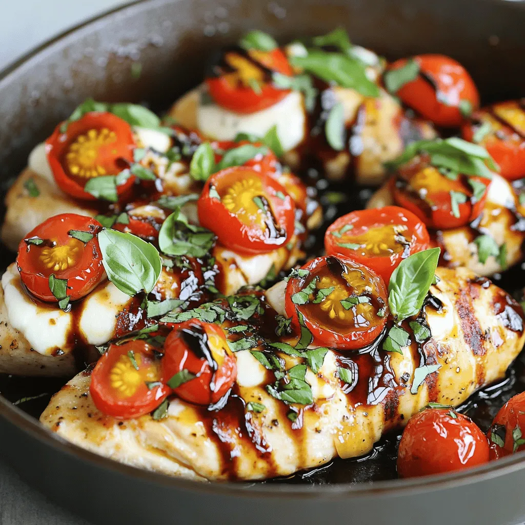 To make bruschetta chicken, you need these main ingredients: - 4 boneless, skinless chicken breasts - 2 cups cherry tomatoes, quartered - 1 cup fresh basil, chopped - 1 cup mozzarella cheese, shredded - 2 tablespoons balsamic vinegar - 3 tablespoons olive oil - 3 cloves garlic, minced - Salt and pepper to taste - 1 teaspoon dried oregano These ingredients bring vibrant flavors and textures to the dish. The chicken serves as a hearty base, while the tomatoes and basil add brightness. You can enhance your bruschetta chicken with optional ingredients: - Balsamic glaze for drizzling - Fresh parsley for garnish - Red onion for a sharp flavor These ingredients can add a twist to your dish. Balsamic glaze gives a sweet finish, while parsley adds freshness. To cook bruschetta chicken, gather these tools: - Oven-safe skillet - Medium bowl for mixing - Knife and cutting board - Measuring spoons and cups Using the right tools makes cooking easier. An oven-safe skillet is key for seamless cooking from stovetop to oven. If you want to see the full recipe, check it out [here](Full Recipe). First, gather all your ingredients. You need: - 4 boneless, skinless chicken breasts - 2 cups cherry tomatoes, quartered - 1 cup fresh basil, chopped - 1 cup mozzarella cheese, shredded - 2 tablespoons balsamic vinegar - 3 tablespoons olive oil - 3 cloves garlic, minced - Salt and pepper to taste - 1 teaspoon dried oregano - Balsamic glaze for drizzling (optional) Preheat your oven to 400°F (200°C). In a bowl, mix the cherry tomatoes, basil, garlic, balsamic vinegar, 1 tablespoon of olive oil, salt, and pepper. Let this sit for a bit. It will enhance the flavors. Next, season both sides of the chicken breasts with salt, pepper, and oregano. Heat 2 tablespoons of olive oil in an oven-safe skillet over medium-high heat. When hot, add the chicken breasts. Sear each side for about 4-5 minutes until they turn golden brown. After browning, take the skillet off the heat. Spoon the tomato mixture over each chicken breast. Top with the shredded mozzarella cheese. Now, put the skillet in the preheated oven. Bake for 20-25 minutes until the chicken is cooked through and the cheese is melted and bubbly. Once it's done, remove the skillet from the oven and let it rest for 5 minutes. For a special touch, drizzle with balsamic glaze before serving. Enjoy your delicious bruschetta chicken! For the full recipe, you can refer back to the beginning. To cook chicken perfectly, start with even thickness. Pound the chicken breasts to about one inch thick. This helps them cook evenly. Season both sides well with salt, pepper, and oregano. For best results, use a hot skillet. Sear the chicken for 4-5 minutes on each side until golden brown. This gives it a nice crust. Finally, bake it in the oven to finish cooking. This method keeps the chicken juicy and tender. Marinades add great flavor to your chicken. Mix balsamic vinegar, olive oil, and minced garlic in a bowl. Add salt and pepper for taste. Let the chicken sit in this mix for at least 30 minutes. If you have time, marinate it overnight in the fridge. This allows the chicken to absorb more flavor. You can also toss in fresh herbs like basil. The longer it marinates, the tastier it becomes. Presentation matters when serving bruschetta chicken. Start with a warm plate for serving. Place the chicken in the center. Spoon some of the marinated tomato mixture over the top. Sprinkle fresh basil on for color. A drizzle of balsamic glaze adds a nice touch. Serve with a side of green salad or crusty bread. This makes for a beautiful and tasty meal. Check out the Full Recipe for more details! {{image_2}} You can switch up the chicken for other proteins. Try using turkey breasts or pork chops. These options cook similarly and hold the bruschetta toppings well. For a seafood twist, use salmon fillets. The rich flavor of salmon pairs nicely with the fresh toppings. Just adjust the cooking time to ensure everything cooks evenly. If you prefer a meatless meal, there are great options. Grilled portobello mushrooms make an excellent base. They are thick and juicy, perfect for holding toppings. You can also try firm tofu. Press the tofu to remove excess water, then grill or bake until golden. Top with the same fresh tomato mix for a satisfying dish. Get creative with your toppings! Besides the classic tomato and basil, consider using roasted red peppers or artichokes. They add a nice flavor and texture. You could also sprinkle some feta cheese for a tangy twist. For a kick, add jalapeños or a drizzle of hot sauce. Experiment with flavors to find what you love best! For the full recipe, check out the details above. To keep your leftover bruschetta chicken fresh, let it cool first. Then, place it in an airtight container. Store it in the fridge for up to three days. Make sure to keep the chicken and toppings separate if you want the best texture. If you want to prepare meals ahead, freezing is a great option. Wrap each piece of bruschetta chicken tightly in plastic wrap. Then, place them in a freezer-safe bag or container. This way, it can last up to three months. When you're ready to eat, just thaw it overnight in the fridge. To reheat bruschetta chicken, preheat your oven to 350°F (175°C). Place the chicken on a baking sheet. Cover it with foil to keep it moist. Heat for about 15 to 20 minutes, or until warmed through. You can also use the microwave, but it may make the chicken a bit dry. Enjoy your delicious leftovers! Yes, you can use different cheeses. Cheddar or feta can add a nice twist. You can also try goat cheese for a tangy flavor. Just remember to adjust the amount based on how strong you want the cheese taste to be. Experimenting with cheese can make your bruschetta chicken unique. To check if the chicken is done, use a meat thermometer. The internal temperature should reach 165°F (75°C). If you don’t have a thermometer, you can cut into the chicken. The meat should be white, not pink or red. Juices should run clear, too. Always check in the thickest part of the chicken for the best results. Bruschetta chicken pairs well with many sides. Here are some tasty options: - Garlic bread for a crunchy bite - A fresh garden salad for a light touch - Steamed vegetables like broccoli or green beans - Pasta with olive oil or marinara sauce These sides balance the flavors and make a complete meal. Enjoy your cooking adventure with the full recipe! Bruschetta chicken is simple and fun to make. You learned about key ingredients, tools, and steps to cook it perfectly. Remember to use marinades for extra flavor and try different toppings or proteins. Proper storage will keep leftovers fresh for later. This dish is great for any meal, and you can tailor it to fit your taste. Enjoy cooking and sharing your bruschetta chicken creations with loved ones. It’s a dish that brings joy and flavor to the table.
