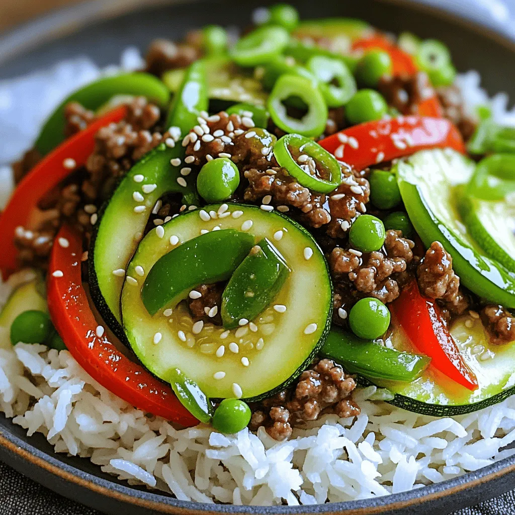 - 1 lb lean ground beef - 2 medium zucchinis, sliced into thin half-moons - 1 red bell pepper, sliced - 1 cup snap peas, trimmed - 3 cloves garlic, minced - 2 tablespoons fresh ginger, grated - 3 tablespoons soy sauce (or tamari for gluten-free) - 1 tablespoon sesame oil - 1 tablespoon olive oil - 1 teaspoon crushed red pepper flakes (optional) - 2 green onions, sliced (for garnish) - Sesame seeds (for garnish) For a tasty and healthy stir-fry, you want fresh and crisp ingredients. Use lean ground beef for protein. The zucchinis add moisture and crunch. Bell peppers give a sweet flavor, while snap peas add a nice snap. Garlic and ginger will boost the taste. Soy sauce brings saltiness, and sesame oil adds a nutty flavor. This dish is low in calories but high in protein and fiber. Each serving has about 300 calories. You will get around 25 grams of protein, 15 grams of fat, and 10 grams of carbs. This makes it a balanced meal option. If you want to change the beef, use chicken, turkey, or tofu. For a gluten-free option, use tamari instead of soy sauce. You can also swap in different veggies like broccoli or carrots. To make this dish, you need to prepare your ingredients first. Here’s how: - Ground beef: Use 1 lb of lean ground beef. This keeps the dish healthy. - Zucchini: Slice 2 medium zucchinis into thin half-moons. This helps them cook quickly. - Bell pepper: Slice 1 red bell pepper. This adds a nice color and taste. - Snap peas: Trim 1 cup of snap peas. They add a lovely crunch. - Garlic: Mince 3 cloves of garlic. This gives great flavor. - Ginger: Grate 2 tablespoons of fresh ginger for a zesty kick. - Soy sauce: Measure out 3 tablespoons. Use tamari if you want it gluten-free. - Oils: You’ll need 1 tablespoon of sesame oil and 1 tablespoon of olive oil. - Red pepper flakes: If you like heat, grab 1 teaspoon of crushed red pepper flakes. - Green onions and sesame seeds: These are for garnishing. For kitchen tools, use a large skillet or wok, a spatula, and a sharp knife. These will make cooking easy and fun! Start your stir-fry by heating oil in your skillet. 1. Heat 1 tablespoon of olive oil over medium-high heat. This is key for browning the beef. 2. Add the ground beef. Break it apart with a spatula. Cook until it’s brown, about 5-7 minutes. Drain excess fat if needed. 3. Push the beef to one side of the skillet. Add minced garlic and grated ginger to the other side. Sauté for about 30 seconds until fragrant. 4. Now, add the sliced zucchinis, red bell pepper, and snap peas. Stir everything together and cook for another 5-7 minutes. You want the veggies tender but still crisp. 5. Pour 3 tablespoons of soy sauce and 1 tablespoon of sesame oil over the stir-fry. If you like some heat, add the crushed red pepper flakes. Toss all ingredients together to coat evenly. Now for the last steps to bring it all together: 1. Cook for an additional 2 minutes. This lets the flavors blend well. Remove from heat. 2. Garnish your dish with sliced green onions and sesame seeds. This adds color and a nice touch. For more details, check out the [Full Recipe]. Enjoy your Healthy Zucchini Beef Stir-Fry! To keep your veggies crunchy, cook them quickly over high heat. Stir often to catch any hot spots. I suggest adding the zucchini and bell peppers after the beef. This helps them stay firm. For beef, avoid overcooking by using a meat thermometer. Aim for 160°F for ground beef. This way, the beef stays juicy and tender. You can add many flavors to this stir-fry. Try adding sliced mushrooms or carrots for extra texture. For a twist, toss in some chopped cilantro or basil at the end. For sauces, soy sauce is great, but you can switch it up with teriyaki or hoisin sauce. A touch of lime juice also brightens the dish. This stir-fry pairs well with jasmine rice or quinoa. The grains soak up the flavors nicely. You can also serve it with cauliflower rice for a low-carb option. For drinks, try iced tea or sparkling water with lemon. These drinks complement the meal's flavors well. You can find the full recipe [here](#Full Recipe). {{image_2}} You can easily adjust this recipe to fit different diets. For a vegan option, swap the lean ground beef with plant-based meat. It gives you the same texture without the meat. You can find many brands at your local store. Just follow the same cooking steps as in the full recipe. If you need a gluten-free dish, use tamari instead of soy sauce. Tamari has a similar flavor but is safe for gluten-free diets. Always check labels to ensure there are no hidden gluten sources. Feel free to get creative with your veggies. You can use broccoli, carrots, or bell peppers. Each adds its own taste and color. Mushrooms also work great for an earthy flavor. Mix and match based on what you have at home. When it comes to sauces, try teriyaki or oyster sauce for a different kick. You can even add a splash of lime juice for brightness. Each sauce changes the dish while keeping it tasty. Serving ideas can elevate your meal. Try placing the stir-fry over jasmine rice or quinoa for a filling dish. You can also use cauliflower rice for a low-carb option. For meal prep, divide the stir-fry into containers. It keeps well in the fridge for quick lunches. This way, you enjoy a healthy meal on busy days. You can also serve it cold as a salad; just add some greens! To store your Healthy Zucchini Beef Stir-Fry, use an airtight container. Keep the dish in the fridge. It will stay fresh for up to three days. This way, you can enjoy it again without losing flavor. If you want to freeze the stir-fry, let it cool first. Then, transfer it to a freezer-safe bag. Squeeze out the air to prevent freezer burn. It can last up to three months in the freezer. When you’re ready to eat, thaw it overnight in the fridge. For reheating, the best method is to use a pan. Heat it on medium-low and add a splash of water. Stir it often to keep it moist. You can also use the microwave. Just cover it with a damp paper towel to keep it from drying out. Enjoy your leftovers without losing any taste! Cutting zucchini in the right way makes a big difference. I like to slice it into thin half-moons. This shape cooks evenly and blends well with other veggies. You can also cut it into thin strips if you prefer. Just make sure the pieces are uniform. This way, they all cook at the same pace. Yes, you can prep the stir-fry ahead of time! Chop your veggies and meat a day before. Store them separately in the fridge. When you are ready to cook, just heat everything up quickly. This saves time and helps you enjoy a fresh meal even on busy days. This stir-fry pairs well with many sides. Here are a few ideas: - Jasmine rice - Quinoa - Cauliflower rice - Noodles - A fresh salad These sides balance the meal and add extra flavor. If you want more heat, add crushed red pepper flakes. You can also try sliced fresh chili peppers or a dash of hot sauce. Add these during cooking for the best flavor. Just be sure to start small, then taste and adjust to your liking. This blog post covered a tasty and healthy Zucchini Beef Stir-Fry. You learned about fresh ingredients, cooking steps, and helpful tips. I shared ways to personalize your dish with substitutions and variations. Storing and reheating leftovers was also discussed. In summary, this stir-fry is simple, healthy, and full of flavor. It’s a great choice for any meal. Enjoy cooking and making it your own!