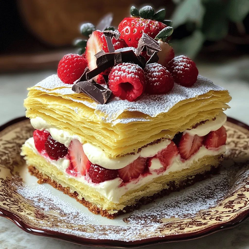 Napoleon Cake has roots in French cuisine. It is named after the famous French leader, but the name might confuse many. The cake likely came from Russia. Russian chefs adopted the French puff pastry. They created a layered dessert that became popular. The cake features layers of puff pastry and cream. It is rich and satisfying, perfect for special occasions. In many cultures, Napoleon Cake signifies celebration. It is often served at birthdays, weddings, and holidays. The layers symbolize unity and joy. Families cherish sharing this cake with loved ones. Each bite offers a taste of history and tradition. It connects people through shared experiences and memories. Serve Napoleon Cake chilled for the best taste. You can slice it into squares for easy serving. Decorate the top with powdered sugar and berries. Chocolate shavings add a nice touch, too. Pair it with a hot cup of tea or coffee. This combination makes for a delightful treat. You can find the Full Recipe to create this amazing dessert and impress your guests! To make a delicious Napoleon cake, you need the following: - 1 package of puff pastry (2 sheets), thawed - 2 cups whole milk - 1 cup granulated sugar - 1/3 cup all-purpose flour - 4 large egg yolks - 1 tsp vanilla extract - 1/4 tsp salt - 1/2 cup unsalted butter, softened - 1 cup heavy cream - 2 tablespoons powdered sugar - Fresh berries (strawberries or raspberries) for garnish - Chocolate shavings for decor When you gather your ingredients, consider these tips: - Puff Pastry: You can use store-bought or homemade puff pastry. If you want a lighter version, try phyllo dough. - Milk: Whole milk gives the best flavor and creaminess. You can use almond or oat milk for a dairy-free option. - Sugar: Granulated sugar works best, but you can use coconut sugar for a healthier choice. - Egg Yolks: They provide richness. If you need an egg-free version, try silken tofu blended until smooth. - Heavy Cream: This adds a lovely richness. Coconut cream is a good dairy-free substitute. Using high-quality ingredients makes a big difference. Here are some tips: - Freshness: Always check the expiry dates on dairy products. Fresh eggs yield better flavor and texture. - Butter: Use unsalted butter for better control over salt levels. Choose a good brand for the best flavor. - Vanilla Extract: Pure vanilla extract enhances the cake's taste. Avoid imitation vanilla for a richer flavor. With these ingredients and tips, you are ready to make a stunning Napoleon cake that will impress everyone. Don't forget to check the Full Recipe for detailed steps! To start, you need to make the puff pastry. First, preheat your oven to 400°F (200°C). This step is key for a nice puff. Grab a baking sheet and line it with parchment paper. Next, roll out each sheet of puff pastry. Make it thinner and larger, if you can. Don’t forget to trim it into a rectangle if you want a neat look. Use a fork to prick the surface. This helps keep it from puffing too much. Bake the pastry for 15-20 minutes until it turns golden brown. After baking, let it cool completely. Now, let’s make the pastry cream. In a medium saucepan, mix the whole milk, 1/2 cup of sugar, and salt. Heat this over medium heat until it steams. In a separate bowl, whisk together the flour and egg yolks until they are smooth. Once the milk is hot, slowly add half of it to the egg yolk mix, whisking as you go. Then pour this mix back into the saucepan. Cook while stirring constantly until it thickens and bubbles. Remove it from heat, then stir in the vanilla extract and softened butter. Let this cream cool to room temperature. It’s time to assemble the cake! Place one layer of puff pastry on a serving platter. Spread half of the cooled pastry cream over the top. Then, add the second layer of puff pastry and spread the remaining cream on top. Finally, place the last layer of puff pastry on top. Cover the cake with plastic wrap and refrigerate it for at least 4 hours. Chilling helps all the flavors blend well. Before serving, dust the top with powdered sugar. Garnish with fresh berries and chocolate shavings for a beautiful touch. For the full recipe, check out [Full Recipe]. Enjoy your delicious creation! {{image_2}} When making Napoleon cake, some mistakes can spoil the fun. Here are common ones to watch out for: - Overworking the Puff Pastry: If you roll it too much, the layers may not rise well. Keep it cold and work quickly. - Underbaking the Pastry: If the pastry isn’t golden brown, it may be soggy. Always bake until golden for a crisp texture. - Rushing the Pastry Cream: Cooking too fast can cause lumps. Stir slowly and watch closely for thickening. To make your Napoleon cake even better, try these tips: - Add Zest: A little lemon or orange zest in the pastry cream adds a fresh touch. - Use Infused Milk: Steep vanilla beans in the milk for a richer flavor. - Experiment with Cream: Swap heavy cream with flavored whipped cream, like coffee or chocolate. Presentation makes a big difference. Here are some ideas to impress: - Slice Neatly: Use a sharp knife for clean cuts and showcase the layers. - Garnish Creatively: Fresh berries and chocolate shavings make it look stunning. - Serve with a Sauce: Drizzle extra pastry cream or berry sauce on each plate for extra flair. By focusing on these tips, you can create a delightful Napoleon cake that shines at any gathering. For a full recipe, check out the detailed steps above. You can switch up the flavor of Napoleon cake with fun ideas. Try adding lemon zest to the pastry cream for a fresh twist. Chocolate lovers can mix cocoa powder into the cream for a rich taste. You might also add almond extract instead of vanilla. This gives the cake a nutty flavor that is warm and inviting. Don't be shy! Experimenting with flavors makes your cake unique. Layering is key to a great Napoleon cake. You can stack more than three layers if you want a tall cake. Use thin slices of fruit, like peaches or bananas, between the pastry layers. It adds color and taste. For a crunchy texture, consider mixing crushed nuts, like pistachios, into the cream. This will give your cake a delightful crunch in every bite. Using seasonal ingredients can elevate your cake. In spring, fresh strawberries can brighten the dish. In fall, pumpkin spice can bring warmth and comfort. Winter calls for rich flavors like dark chocolate or peppermint. Summer is perfect for berries or stone fruits. Incorporating seasonal ingredients not only adds flavor but also makes your cake feel fresh and relevant. Explore these variations to make your own delightful Napoleon cake. For a full recipe, check out the detailed steps above. Napoleon Cake can last about 3 to 4 days in the fridge. After that, the puff pastry can get soggy. To keep it fresh, store it in an airtight container. Yes, you can make Napoleon Cake a day in advance. After you assemble it, chill it overnight. This helps the flavors blend well. Just make sure to add any toppings right before serving. You can find Napoleon Cake at many bakeries or dessert shops. Some grocery stores may sell it too. If you want a special flavor, check a local bakery. They often have unique twists on this classic treat. - Other common questions related to preparation and variations: - Can I use different flavors for the cream? Yes! Try adding chocolate or coffee for new tastes. - What can I use instead of puff pastry? You can use phyllo dough or make a sponge cake for a different texture. - Is there a gluten-free option? Yes! Use gluten-free flour for the cream and a gluten-free pastry. If you’d like to try making this delightful treat, check out the Full Recipe above for a guide! Napoleon Cake is a delightful dessert with rich history and cultural ties. We explored its origins, key ingredients, and how to prepare it step-by-step. From assembly tips to tasty variations, making this cake can be simple and fun. Remember, perfection lies in avoiding common mistakes and using high-quality ingredients. Embrace creativity by trying different flavors or seasonal ingredients. Napoleon Cake offers joy for any occasion, making it a treat worth mastering. Enjoy every bite of this classic pastry!