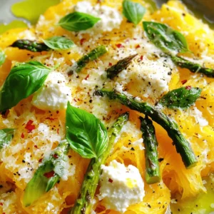 - 1 medium spaghetti squash - 1 cup asparagus, trimmed and cut into 1-inch pieces - 1 cup ricotta cheese - 1 tablespoon olive oil - 2 cloves garlic, minced - 1 teaspoon lemon zest - 2 tablespoons fresh lemon juice - ¼ teaspoon red pepper flakes (optional) - Salt and pepper to taste - Fresh basil leaves for garnish - Grated Parmesan cheese for serving (optional) The main star of this dish is the spaghetti squash. It has a unique texture and shape. When cooked, it transforms into spaghetti-like strands. I love how it soaks up the flavors of the other ingredients. Asparagus adds a nice crunch and fresh taste. Its green color brightens the dish. I recommend using fresh asparagus for the best flavor. Ricotta cheese brings a creamy, rich element to the meal. It pairs well with the lemon juice and zest. This blend creates a delightful taste. You will also need some olive oil for cooking and garlic for flavor. The garlic gives a warm, savory aroma. Lemon zest and juice add brightness and a hint of tang. If you enjoy spice, consider adding red pepper flakes to the mix. Make sure to have salt and pepper on hand. They enhance all the flavors in this dish. Fresh basil leaves work great as a garnish. Lastly, some grated Parmesan cheese is optional but adds a nice touch. For the full recipe, check out the detailed instructions provided. Enjoy cooking this tasty dish! First, let’s roast the spaghetti squash. Preheat your oven to 400°F (200°C). Cut the squash in half lengthwise and scoop out the seeds. Place both halves, cut-side down, on a baking sheet lined with parchment paper. Roast for about 30 to 40 minutes. To check if it’s done, poke it with a fork. The flesh should be tender and easy to shred. For perfect texture, do not overcook it. When you take it out, let it cool for a few minutes. While the squash roasts, you can cook the asparagus. Heat olive oil in a skillet over medium heat. Add minced garlic and sauté for about 1 minute until it smells good. Then, stir in the asparagus pieces. Cook for about 4 to 5 minutes. Make sure the asparagus stays crisp. You want it tender but not mushy. Once done, remove it from heat and set it aside. Now, it’s time to mix everything. Use a fork to scrape the squash into a large bowl. Add the cooked asparagus, ricotta cheese, lemon zest, lemon juice, and optional red pepper flakes. Gently mix everything together for even distribution. This helps the flavors blend well. For a nice touch, return the mixture to the squash shells or a serving dish. To present your dish, garnish with fresh basil leaves and sprinkle grated Parmesan cheese on top if you like. Enjoy your meal! You can find the full recipe [here](#). - Achieving the best flavor profiles: Start with fresh asparagus. It packs a punch of flavor. Use ripe lemons for zest and juice. The zest adds brightness, while the juice balances the dish. A touch of red pepper flakes offers a nice kick, but adjust to your taste. - Adjusting seasoning preferences: Taste as you go. Add salt and pepper in small amounts. This helps you control the dish's flavor. If you prefer a creamier dish, add more ricotta. For a tangy twist, increase the lemon juice. - Overcooking the squash or asparagus: Keep a close eye when roasting the squash. It should be tender but not mushy. Asparagus needs just a few minutes in the pan. You want it vibrant and slightly crisp. - Misproportions in ingredients: Follow the recipe closely. Too much ricotta can overwhelm the dish. If you add extra lemon, it might become too sour. Balance is key for a great taste. {{image_2}} You can boost your dish with extra vegetables. Here are some ideas: - Cherry tomatoes: Add them for sweetness. - Spinach: It brings a nice green touch. - Bell peppers: They add crunch and color. If you want protein, try these options: - Grilled chicken: It's a classic choice. - Shrimp: They cook quickly and add flavor. - Tofu: A great option for a plant-based meal. This dish is easy to adapt for different diets. - Gluten-free: Spaghetti squash is naturally gluten-free. Enjoy it without worry. - Vegan: Swap ricotta with cashew cheese or silken tofu. For lower calories, reduce ricotta cheese. You can use less oil or skip the cheese. This keeps the dish light yet tasty. After enjoying your spaghetti squash with asparagus and ricotta, you may have some leftovers. To keep them fresh, store them in the fridge. Place the dish in an airtight container. This helps to lock in moisture and flavor. The leftovers will stay good for about 3-4 days. If you want to save them longer, consider freezing. First, let the dish cool down completely. Then, transfer it to a freezer-safe container. Make sure to remove as much air as possible. This prevents freezer burn. You can freeze it for up to 2-3 months. When it’s time to enjoy your leftovers, reheating correctly matters. The best method is to use the oven. Preheat it to 350°F (175°C). Place your spaghetti squash in an oven-safe dish. Cover it with foil to keep moisture in. Heat for about 15-20 minutes or until warm. You can also use the microwave. Place the dish in a microwave-safe bowl and cover it with a damp paper towel. Heat in short bursts of 1-2 minutes, stirring in between. This helps to keep the texture and flavor intact. Avoid overheating, as this can dry out the dish. To tell if spaghetti squash is done, look for a few signs. The skin should feel soft when you press it. You also want to see some browning on the cut sides. A fork should easily pierce the flesh. To test, you can poke it with a fork. If it goes in with little effort, it’s ready. Cook it longer if it feels hard. Yes, you can make this dish ahead of time. To save time, roast your squash and cook the asparagus a day before. Then, mix them with the ricotta right before serving. Store the components in separate airtight containers in the fridge. This way, you keep the flavors fresh until you are ready to eat. You can serve many sides with spaghetti squash. A light salad with mixed greens pairs well. Try garlic bread for a nice crunch. For a complete meal, add grilled chicken or shrimp. These choices enhance your dish and add protein to fill you up. In this post, we explored making spaghetti squash with asparagus and ricotta. We discussed key ingredients and provided step-by-step cooking instructions. I shared tips to boost flavor and avoid common mistakes. You can try fun variations and learn how to store leftovers. This dish is healthy, simple, and can fit many diets. With these tips, you can enjoy a tasty meal that delights. Try it out, and let your kitchen shine!
