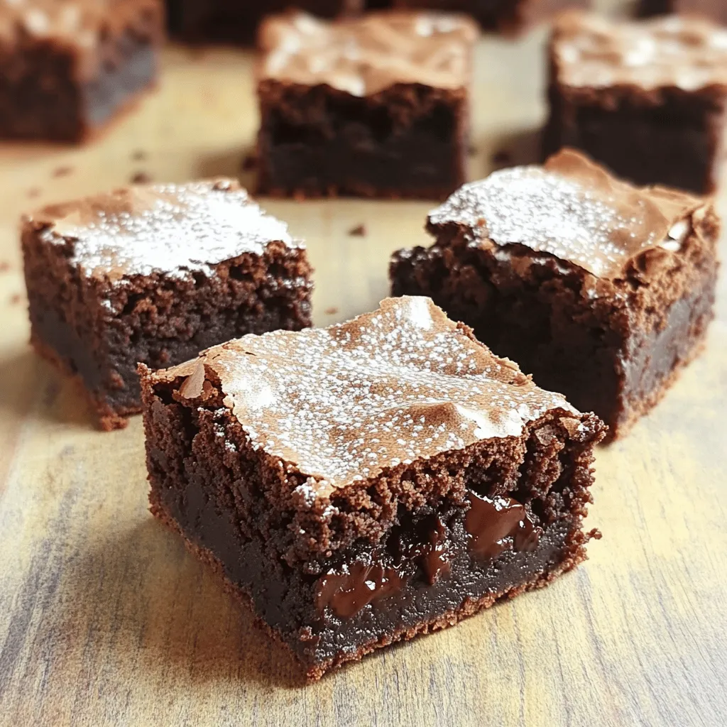 To make the best brownies ever, you need some key ingredients. Here’s what you will need: - 1 cup unsalted butter, melted - 2 cups granulated sugar - 4 large eggs - 1 tablespoon vanilla extract - 1 cup all-purpose flour - 1 cup unsweetened cocoa powder - 1/2 teaspoon baking powder - 1/2 teaspoon salt - 1 cup dark chocolate chips These ingredients blend together to create a rich, fudgy texture. The melted butter adds moisture, while the sugar gives sweetness. Eggs help bind everything, making them soft and chewy. The cocoa powder is what makes them chocolatey and delicious! Want to jazz up your brownies? Here are some tasty optional add-ins: - 1/2 cup walnuts, chopped - Sea salt flakes for topping - Swirls of peanut butter or caramel Adding walnuts gives a nice crunch. A sprinkle of sea salt on top balances the sweetness and enhances flavor. Swirling in peanut butter or caramel adds a fun twist, making your brownies even more special. If you have dietary needs, you can still enjoy these brownies. Here are some easy swaps: - Use coconut oil instead of butter for a dairy-free option. - Replace eggs with 1/4 cup applesauce for a vegan version. - Substitute gluten-free flour for all-purpose flour if you need gluten-free brownies. These substitutions keep the brownies tasty while fitting your diet. Enjoy the joy of baking without worry! For the full recipe, check out Fudgy Delight Brownies. Start by gathering all your ingredients. You need butter, sugar, eggs, and more. Measure each item precisely. This step is key for great brownies. Preheat your oven to 350°F (175°C). Grease a 9x13 inch baking pan with butter or cooking spray. This helps the brownies come out easily. In a large bowl, add the melted butter and granulated sugar. Mix them well until the mixture looks smooth. This may take about two minutes. Next, add the eggs one at a time. Mix each egg thoroughly before adding the next. Finally, stir in the vanilla extract. This adds a nice flavor to your brownies. In a separate bowl, sift the all-purpose flour, cocoa powder, baking powder, and salt. Sifting makes the dry ingredients lighter. Gradually add the dry mix to the wet mixture. Stir gently until just combined. Be careful not to overmix. This can make your brownies tough. Pour the brownie batter into the greased pan. Spread it evenly with a spatula. Bake in the oven for 25-30 minutes. To check if they are done, insert a toothpick in the center. It should come out with a few moist crumbs. Let the brownies cool in the pan before cutting them into squares. Enjoy your fudgy delight brownies! For more details, check the Full Recipe. To get fudgy brownies, use more fat and less flour. This adds moisture. Stick to the recipe's butter and sugar amounts. For chewy brownies, add more flour and reduce the fat a bit. Fudgy brownies will feel soft and dense. Chewy brownies will have a springy texture. Test both and see which you like best! One big mistake is overmixing the batter. This makes brownies tough, not tender. Mix just until you see no dry flour. Another mistake is not measuring ingredients correctly. Use a scale or measuring cups for accuracy. Also, don’t bake brownies too long. They should be soft in the middle when done. A toothpick should have a few moist crumbs. Start by mixing wet ingredients well. This ensures even flavor. Then, sift the dry ingredients to break up lumps. When combining, use a gentle folding motion. This helps keep air in the batter. Add chocolate chips last to avoid breaking them. Follow these steps, and your brownies will be great! If you want the full recipe, check out the Fudgy Delight Brownies section. {{image_2}} This fudgy delight brownie recipe is truly rich and chocolatey. You start with simple ingredients, like butter, sugar, and cocoa powder. The secret lies in the perfect balance of these ingredients. This recipe calls for dark chocolate chips that melt into gooey pockets of goodness. When you take a bite, it feels like a warm hug. Follow the full recipe to make these treats at home. Want to enjoy brownies without gluten? You can use alternative flours. Almond flour and coconut flour work well. These flours add a nice flavor and texture. Replace all-purpose flour with an equal amount of almond flour. If using coconut flour, only use one-fourth the amount. Coconut flour absorbs more moisture, so you may need extra eggs or liquid in the mix. This way, your brownies stay moist and fudgy. Brownies don’t have to be just chocolate. You can add extracts for new flavors! Try adding a teaspoon of peppermint or almond extract. These flavors mix well with chocolate. You can also add mix-ins like nuts, caramel, or even fruit. Chopped cherries or raspberries can bring a fruity twist. Be bold and experiment; you might find a new favorite flavor! To keep your brownies fresh, store them in an airtight container. Place a piece of parchment paper between layers. This helps prevent sticking. Store them at room temperature for up to four days. If you want them to last longer, consider refrigeration. Just remember to bring them back to room temp before serving for the best taste. Freezing brownies is simple and smart. First, let them cool completely. Then, cut them into squares. Wrap each piece in plastic wrap. Place the wrapped brownies in a freezer bag. They can last for up to three months in the freezer. When you want to enjoy them, just take out a piece and let it thaw for about 30 minutes. Reheating brownies can bring back their fudgy goodness. Use a microwave for quick results. Heat each brownie for about 10-15 seconds. Check to see if it’s warm enough. If you want a crispy edge, try the oven. Preheat it to 350°F (175°C) and warm them for 5-10 minutes. This way, they stay tasty and delightful. For the ultimate treat, add a scoop of ice cream when you serve! You can check if your brownies are done by inserting a toothpick into the center. If it comes out with a few moist crumbs, they are ready. If it’s wet with batter, they need more time. I usually bake mine for 25 to 30 minutes. Remember, they will continue to cook a bit after you take them out. Yes, you can make brownies without eggs! You can use unsweetened applesauce or mashed bananas as a substitute. Use 1/4 cup of either for each egg in the recipe. This keeps the brownies moist and adds a little sweetness. Another option is to use flaxseed meal mixed with water. Mix 1 tablespoon of flaxseed meal with 2.5 tablespoons of water to replace one egg. Cocoa powder and chocolate both add rich flavor to brownies, but they are not the same. Cocoa powder is made from cocoa beans with most of the fat removed. It has a strong chocolate flavor but less fat. Chocolate, like dark chocolate or semi-sweet chocolate, contains cocoa solids and cocoa butter. This extra fat makes brownies richer and fudgier. If you want cake-like brownies, use a bit more flour in the recipe. You can also add baking soda or baking powder to create a lighter texture. These ingredients help the brownies rise, making them fluffier. Baking them for a shorter time can also help, so keep an eye on them! If your brownies are too dry, try adding a little more fat, like melted butter or oil. You can also mix in a tablespoon of milk to the batter before baking. Another tip is to underbake them slightly next time. Brownies should be moist and fudgy, not dry and crumbly. To make the best brownies, you need the right ingredients and steps. Start with essential items to create a rich base. Don't forget optional add-ins for extra flavor. Follow our step-by-step guide for perfect mixing and baking. Remember these tips to avoid mistakes and get the texture you want. Explore different variations like fudgy delights or gluten-free options. Store brownies right to keep them fresh. With this knowledge, you can bake brownies that everyone will love. Enjoy the process. Happy baking!