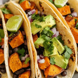- 2 medium sweet potatoes, peeled and diced - 1 can (15 oz) black beans, rinsed and drained - 1 tablespoon olive oil - 1 teaspoon ground cumin - 1 teaspoon smoked paprika - 1/2 teaspoon chili powder - Salt and pepper to taste - 8 small corn tortillas - 1 avocado, sliced - 1/4 cup red onion, finely diced - 1/4 cup fresh cilantro, chopped - 1 lime, cut into wedges - Optional: Hot sauce for serving Gather these ingredients to make delicious roasted sweet potato and black bean tacos. The sweet potatoes bring a nice sweetness, while the black beans add protein and texture. The spices make everything taste great together. You can also customize your tacos with your favorite toppings. For the full recipe, check the section above. - Preheat your oven to 425°F (220°C). - Toss sweet potatoes with olive oil and seasonings. Start by peeling and dicing two medium sweet potatoes. Next, place them in a large bowl. Drizzle one tablespoon of olive oil over the sweet potatoes. Add one teaspoon of ground cumin, one teaspoon of smoked paprika, and half a teaspoon of chili powder. Season with salt and pepper to taste. Toss everything until the sweet potatoes are well coated. - Spread on a baking sheet and roast for 25-30 minutes. - Stir halfway through for even cooking. After preparing the sweet potatoes, spread them out on a baking sheet in a single layer. This helps them roast evenly. Place the baking sheet in the oven and roast for about 25 to 30 minutes. Halfway through, take them out and stir the sweet potatoes. This step ensures they cook evenly and get nice and tender. - Warm black beans in a saucepan for 5 minutes. - Heat corn tortillas on a pan or in the oven. While the sweet potatoes roast, open a can of black beans. Rinse and drain them well. In a small saucepan, warm the black beans over medium heat for about 5 minutes. Stir occasionally and add salt and pepper to taste. For the corn tortillas, heat them in a pan for about 30 seconds on each side until warm and soft. Alternatively, wrap them in foil and place them in the oven during the last 10 minutes of roasting. - Layer roasted sweet potatoes and black beans on each tortilla. - Top with avocado, red onion, and cilantro. When the sweet potatoes are done, it’s time to assemble the tacos. Take a warm corn tortilla and add a generous spoonful of roasted sweet potatoes. Next, add a scoop of black beans on top. To finish, layer slices of avocado, diced red onion, and fresh cilantro. You can find the full recipe [here]. Enjoy your tasty tacos! - Use parchment paper for easier cleanup. It keeps the sweet potatoes from sticking. - Check for tenderness by piercing with a fork. They should feel soft and give easily. - Add fresh lime juice for brightness. It boosts the taste of the tacos. - Experiment with spices to suit your taste. Try adding garlic powder or cayenne for a kick. - Use flour tortillas for a different texture. They are soft and hold fillings well. - Consider soft taco or larger burrito sizes. Larger tortillas can fit more delicious filling. These tips will help you make the best roasted sweet potato and black bean tacos. For the complete process, refer to the Full Recipe. {{image_2}} You can add grilled chicken or shrimp to these tacos for extra protein. Both options work well with the sweet potatoes. If you want a creamy touch, crumble feta or goat cheese over the top. This adds flavor and richness. If you want to switch things up, replace black beans with lentils or chickpeas. Both options are tasty and high in protein. You can also use butternut squash instead of sweet potatoes. It has a nice sweetness and pairs perfectly with spices. For some heat, try adding pickled jalapeños. They give a nice kick to your tacos. You can also add cheese, sour cream, or yogurt for added richness. These toppings will make your tacos even more delicious. For the full recipe, check out the complete details above. Enjoy experimenting with these variations to find your perfect taco! Store leftover tacos in an airtight container. This keeps them fresh. You can refrigerate them for up to 3 days. If you want to enjoy them later, make sure they are cooled first. You can freeze roasted sweet potatoes and black beans separately. This works well for future meals. When you are ready to eat, just thaw and reheat the ingredients. Reheat in the oven for a crispy texture. Preheat your oven to 350°F (175°C) and heat for about 10 minutes. You can also use the microwave for quick meals. Just cover the tacos with a damp paper towel to keep them moist. Yes, you can prepare the roasted sweet potatoes and black beans ahead of time. Store them in an airtight container in the fridge for up to three days. When you're ready to eat, just warm them up and assemble your tacos. You can use pinto beans, kidney beans, or even lentils. Each option brings a different taste and texture to your tacos. If you want a creamier texture, try mashed avocado instead. To add some heat, you can sprinkle in more chili powder or add diced jalapeños. You might also drizzle your favorite hot sauce on top. Experiment until you find the perfect spice level for you. Yes, these tacos are gluten-free as long as you use corn tortillas. Always check the labels to ensure they are certified gluten-free if you have a gluten sensitivity. Heat them in a dry skillet over medium heat for about 30 seconds on each side. You can also wrap them in foil and warm them in the oven during the last 10 minutes of roasting the sweet potatoes. To boost protein, consider adding grilled chicken, sautéed shrimp, or crumbled feta cheese. You can also top your tacos with Greek yogurt for added creaminess and protein. For the complete recipe, check the Full Recipe section. These roasted sweet potato and black bean tacos are simple and tasty. You blend fresh ingredients like sweet potatoes and black beans, seasoned just right. With optional toppings like avocado and cilantro, you can customize them to your liking. Think about adding protein or different toppings for more variety. Remember, these tacos store well in the fridge or freeze easily. Enjoy this easy meal anytime, and feel free to get creative!