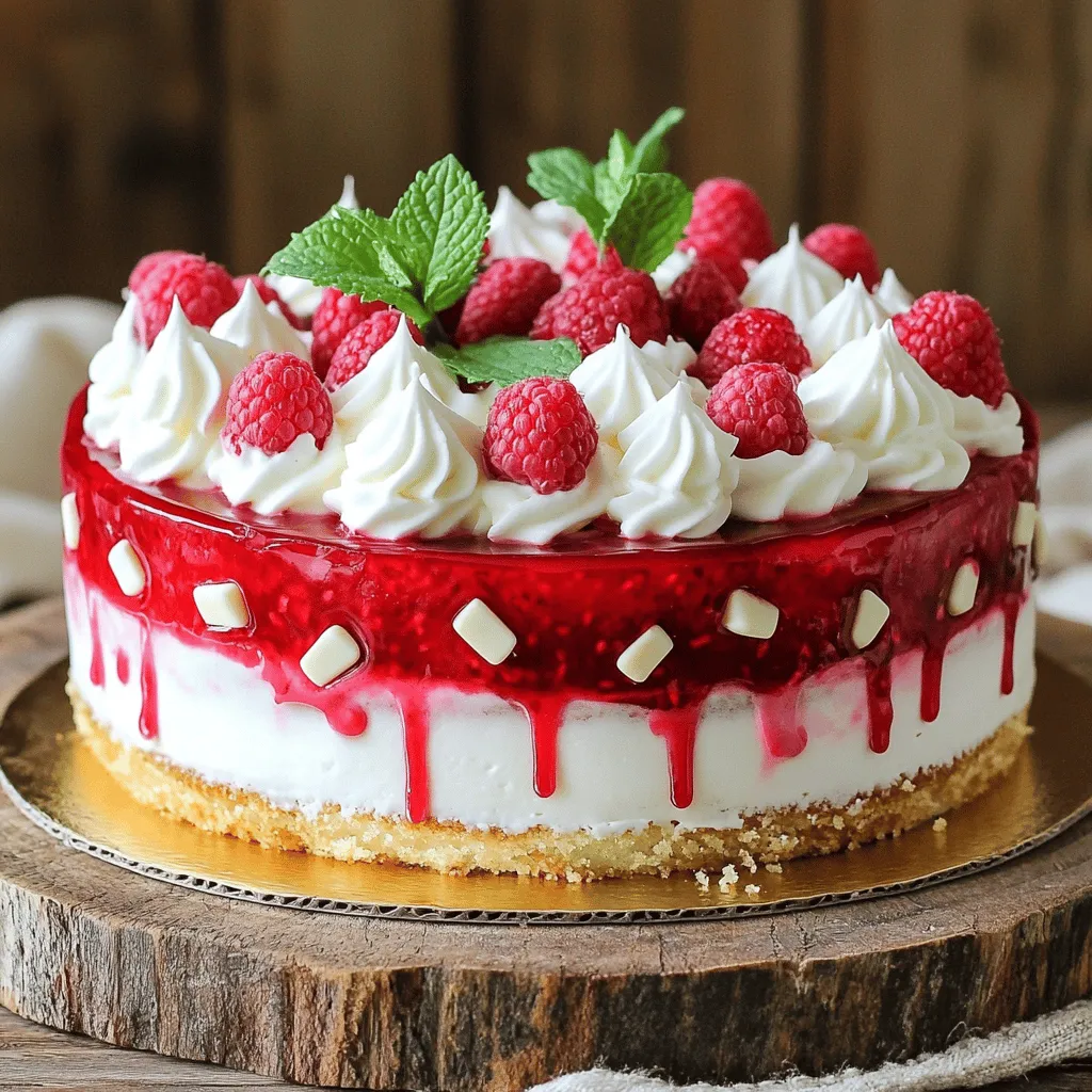 Here’s a detailed list of the ingredients you need for this delightful White Chocolate Raspberry Cake: - 1 ½ cups all-purpose flour - 1 cup granulated sugar - ½ cup unsalted butter, softened - 2 large eggs - 2 teaspoons baking powder - ½ teaspoon salt - 1 cup milk - 1 teaspoon vanilla extract - 1 cup white chocolate chips - 1 cup fresh raspberries - ½ cup raspberry puree - Whipped cream, for topping - Optional: fresh mint leaves for garnish You can find the full recipe, which guides you step by step, right here. Each ingredient plays a key role in making this cake rich and flavorful. The white chocolate chips add a creamy sweetness, while the fresh raspberries provide a tart contrast. This balance makes every bite a true delight. Using fresh ingredients will ensure that your cake tastes amazing. Don't forget to gather everything before you start for a smooth baking experience! - Preheat your oven to 350°F (175°C). - Prepare two 9-inch round cake pans. Grease and flour them well. - In a bowl, whisk together the flour, baking powder, and salt. - In another bowl, cream the softened butter and sugar until light. - Add the eggs one at a time, then mix in the vanilla. - Gradually add the dry ingredients to the butter mix, alternating with the milk. - Start and end with the dry mix. Stir gently just until combined. - Fold in the white chocolate chips and fresh raspberries. Be gentle to keep the raspberries whole. - Divide the batter evenly between the prepared pans. - Bake for about 25-30 minutes. Check doneness with a toothpick. - Once done, let the cakes cool in the pans for 10 minutes. Then, move them to wire racks to cool completely. - Place one cake layer on a serving platter. - Drizzle raspberry puree over the first layer, then add a dollop of whipped cream. - Top with the second cake layer. - Frost the entire cake with whipped cream. Drizzle more raspberry puree on top. - Garnish with fresh mint leaves for a nice touch. You can find the Full Recipe in the previous section. Enjoy every bite of this delightful treat! To get the best cake, start with the right oven temperature. Preheat your oven to 350°F (175°C). This helps the cake rise evenly. If your oven runs hot or cold, it can change the bake time and texture. Next, properly grease and flour your cake pans. Use unsalted butter to grease the pans. Then, add a light dusting of flour. This prevents sticking and helps the cakes come out smoothly. To boost flavor, consider adding different extracts. Almond or coconut extract can add a nice twist to your cake. Just a teaspoon can make a big difference. Using premium chocolate is also key. High-quality white chocolate chips melt better and provide richer taste. Look for brands with high cocoa butter content for the best flavor. When it comes to presenting your cake, creativity shines. You can layer fresh raspberries on top for a pop of color. Drizzling raspberry puree over the whipped cream adds a beautiful touch. For alternative toppings, consider crushed pistachios or toasted coconut. These add texture and flavor. Fresh mint leaves also make a lovely garnish, giving your cake an elegant finish. {{image_2}} You can try fun twists on this cake. One great idea is a white chocolate and almond cake. Just add almond extract to the batter. It pairs well with the sweet white chocolate. Another tasty option is a lemon raspberry twist. Add lemon zest and lemon juice to the batter. This brightens the cake and adds a nice zing. It also enhances the raspberry flavor. Both variations give you new ways to enjoy this cake. You might need a gluten-free option. You can swap the all-purpose flour for a gluten-free blend. Make sure it has a good mix of starches. This will give you a nice texture. For a dairy-free cake, use coconut milk instead of regular milk. You can also try dairy-free butter. This helps keep the cake moist and tasty. Both options let everyone enjoy the cake, no matter their diet. Serving this cake with ice cream is a hit. A scoop of vanilla or raspberry ice cream adds creaminess. It balances the sweetness of the cake. Fresh fruits like strawberries or blueberries also make a lovely pair. They add freshness and color to your plate. For drinks, serve with sparkling water or a fruity lemonade. These drinks enhance the cake’s flavors and keep things light. You can also try a nice cup of tea. It makes for a cozy treat. Explore the [Full Recipe] for more tips and details on making this cake. To keep your white chocolate raspberry cake fresh, store it in the fridge. Place it in an airtight container. This helps prevent it from drying out. You can also cover it tightly with plastic wrap. If you have leftover slices, you can freeze them. Wrap each slice in plastic wrap and place them in a freezer bag. This keeps them tasty for later. When you're ready to enjoy a slice, reheating is easy. Take a slice from the fridge or freezer. If it’s frozen, let it thaw at room temperature for about 30 minutes. For warm cake, use a microwave. Heat each slice for about 10-15 seconds. Check to see if it’s warm enough for your taste. If not, heat it for a few more seconds. When stored properly, your cake will stay fresh for about 3 to 4 days in the fridge. If you freeze it, the cake can last for up to 3 months. Just remember, the sooner you eat it, the better it will taste! Keeping track of these tips helps you enjoy your cake at its best. To make this cake from scratch, follow these steps: 1. Preheat your oven to 350°F (175°C) and prepare two cake pans. 2. Mix the dry ingredients in a bowl. 3. Cream butter and sugar until light. 4. Add eggs and vanilla, and mix well. 5. Alternate adding dry mix and milk to the batter. 6. Fold in white chocolate chips and fresh raspberries. 7. Divide the batter, bake for 25-30 minutes, and let cool. These steps create a soft and tasty cake. For the full recipe, check out the Full Recipe section. Yes, you can use frozen raspberries. They work well in the cake. However, they may add more moisture. This could make the cake a bit denser. If you use them, try not to thaw them first. Fold them in gently to keep some shape. The secret lies in the ingredients and methods. Use fresh milk and butter. Eggs add richness too. Do not overmix the batter. This can make the cake tough. Also, check for doneness early. It helps keep the cake moist. For great layers, ensure even baking. Tap the pans before baking to remove air bubbles. Bake until a toothpick comes out clean. Let the layers cool fully before stacking. This helps avoid sliding or breaking. Look for local bakeries that specialize in gourmet cakes. Many offer creative flavors. You can also check online for delivery options. Websites like Yelp or Google can help you find the best-rated spots in your area. To make this cake gluten-free, swap the all-purpose flour for a gluten-free blend. Ensure the blend has xanthan gum for structure. This keeps the cake light and fluffy. Always check labels to avoid hidden gluten in other ingredients. We covered everything you need to make a delicious White Chocolate Raspberry Cake. From gathering easy ingredients to baking and decorating, this cake is fun to create. Remember to use fresh raspberries for the best taste. Don’t hesitate to try variations and tips for extra flavor. Proper storage will keep your cake fresh for longer. Enjoy every slice, and share with friends and family. This cake is sure to impress!
