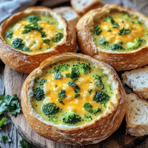 - 4 cups broccoli florets - 1 medium onion, diced - 3 cloves garlic, minced - 1 cup carrots, diced - 4 tablespoons unsalted butter - 4 tablespoons all-purpose flour - 4 cups vegetable broth - 2 cups whole milk - 2 cups sharp cheddar cheese, shredded - 1 teaspoon mustard powder - Salt and pepper to taste - 4 large sourdough bread loaves - Extra cheddar cheese for topping - Fresh parsley, chopped for garnish To make Cheesy Broccoli Cheddar Soup in Bread Bowls, you need fresh and simple ingredients. Start with broccoli florets; they add a nice green color and great taste. Use a medium onion and three cloves of minced garlic for a strong base flavor. Diced carrots give the soup sweetness and a nice texture. Next, we need butter. Unsalted butter helps the soup be rich without extra salt. Flour helps thicken the soup. Vegetable broth adds depth and flavor. Whole milk makes the soup creamy, while sharp cheddar cheese provides that classic cheese flavor we love. Mustard powder gives a unique twist, and salt and pepper enhance all the flavors. Lastly, we need sourdough bread loaves. These will serve as bowls for our soup. For the finishing touch, we’ll add extra cheddar cheese on top before baking. And don’t forget fresh parsley; it adds a pop of color and freshness to the dish. Gather these ingredients, and you’ll be ready to create a comforting soup that fills you up! To start, I melt butter in a large pot over medium heat. Then, I add the diced onion. This step takes about 3-4 minutes. I want the onion to become soft and clear. Next, I stir in minced garlic and diced carrots. I cook this mix for 2 more minutes. The aroma fills the kitchen. Now, I create a roux. I sprinkle flour over the softened vegetables. It is important to stir constantly for about 2 minutes. This helps the flour mix well and cook lightly. After that, I gradually whisk in the vegetable broth. I bring this to a gentle simmer and lower the heat. I let it cook for about 10 minutes. Next, I add the broccoli florets to the pot. I simmer it until the broccoli is tender, about 5-7 minutes. Afterward, I pour in the whole milk and stir to blend. I add mustard powder, salt, and pepper to taste. Finally, I slowly mix in shredded cheddar cheese. I keep stirring until it melts and the soup is smooth. While the soup simmers, I preheat the oven to 375°F (190°C). I cut the tops off the sourdough loaves and hollow out the insides carefully. This creates the perfect bowls for my soup. I place these hollowed bread bowls on a baking sheet. I fill each loaf with cheesy broccoli soup and top it with extra cheddar cheese. I bake them for 10-12 minutes. The cheese should be bubbly, and the bread gets a nice crust. To make your soup just right, adjust the thickness with flour or broth. If it's too thick, add more broth slowly. If it’s too thin, mix a bit of flour with water, then stir it in. For seasoning, taste as you go. A little salt and pepper can make a big difference. The best cheese for melting is sharp cheddar. It gives a great flavor and melts smoothly. You can also mix in some Gruyère for a nutty taste. Just remember to use fresh cheese that you shred yourself. Pre-shredded cheese often has additives that prevent it from melting well. To keep your bread crusty, bake the bowls filled with soup. The heat will crisp the outer layer while keeping the inside soft. Avoid filling them too early. If you let them sit too long, the bread will get soggy. If sourdough isn't your thing, try other bread options. A crusty baguette or a soft pretzel roll works great too. Just make sure they can hold the soup without breaking. This way, you enjoy every tasty bite. {{image_2}} You can easily adjust this cheesy broccoli cheddar soup for different diets. - Gluten-free options: Use gluten-free flour instead of all-purpose flour to make the roux. This keeps the soup creamy without the gluten. - Dairy-free substitutes: Replace whole milk with almond milk or oat milk. Use a dairy-free cheese blend to keep the cheesy flavor. Boost the flavor of your soup with simple additions. - Adding spices or herbs: Consider adding a pinch of cayenne pepper for heat. Fresh thyme or dill can add a nice touch too. - Incorporating proteins like chicken or bacon: You can stir in cooked chicken for extra protein. Crumbled bacon on top adds a nice crunch and smoky flavor. Feel free to mix and match these ideas! They make this dish even more fun and tasty. To store your cheesy broccoli cheddar soup, let it cool first. Use an airtight container to keep it fresh. The soup can stay in the fridge for about 3 to 4 days. If you want to keep it longer, freeze it for up to 2 months. For bread bowls, it's best to store them separately from the soup. Wrap each bowl in plastic wrap. This keeps them from getting soggy. Use the bread bowls within 1 to 2 days for the best taste. When reheating your soup, use a pot on the stove. Heat it over medium heat. Stir often until it's hot all the way through. You can also use a microwave. Place the soup in a microwave-safe bowl. Heat it in short bursts, stirring in between. To revive your bread bowls, you can bake them again. Preheat your oven to 350°F (175°C). Place the hollowed bread bowls on a baking sheet for about 5 minutes. This will make them warm and a bit crispy again. Enjoy your delicious soup in freshly warmed bread bowls! Yes, you can use frozen broccoli. It is quick and convenient. Just thaw it first, then add it to the soup when the recipe calls for fresh broccoli. Frozen broccoli cooks faster, so reduce the cooking time by a few minutes. To thicken the soup, try a few methods. First, add more flour during the roux stage. Another option is to blend part of the soup with an immersion blender. You can also add a bit more cheese, which will add flavor and thickness. Pair this soup with crusty bread, a side salad, or some fresh fruit. You can also serve it with a light sandwich, like turkey or ham. These options will complement the rich flavors of the soup well. Yes, you can make the soup ahead of time. Store it in the fridge for up to three days. Just reheat it on the stove over low heat. If you plan to freeze it, leave out the cheese until you reheat. This keeps the cheese smooth and creamy. This blog post showed you how to make cheesy broccoli cheddar soup in tasty bread bowls. You learned about the ingredients, cooking steps, and helpful tips for perfecting your dish. We also explored variations and ways to store leftovers. In the end, this dish is fun to make and share. It warms you up and satisfies your cravings. Enjoy making it your own with different ingredients or flavors. Cooking can be a joyful adventure!