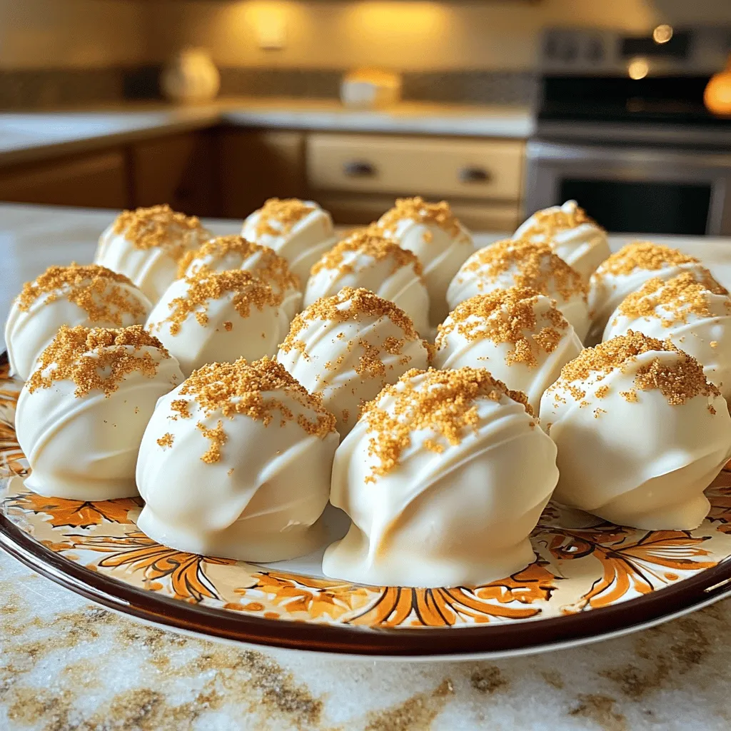 - 8 oz cream cheese, softened - 1 cup pumpkin puree - 1 cup powdered sugar The base of these truffles is a smooth mix of cream cheese, pumpkin puree, and powdered sugar. Cream cheese gives a rich and creamy feel. Pumpkin puree adds a warm flavor that screams fall. The powdered sugar sweetens the mix and balances the tanginess of the cream cheese. - 1 teaspoon vanilla extract - 1 teaspoon pumpkin pie spice - 1/2 cup crushed graham crackers - 1 cup white chocolate chips - 1 tablespoon coconut oil (optional) Next, we add vanilla extract for warmth and depth. Pumpkin pie spice brings in that cozy, spiced flavor we all love. Crushed graham crackers add texture and a hint of crunch. To coat the truffles, we melt white chocolate chips with coconut oil. The coconut oil helps the chocolate coat smoothly. - Extra crushed graham crackers for coating Finally, we use extra crushed graham crackers to coat the truffles. This adds a delightful crunch and looks great too. The truffles become little bites of joy, perfect for any occasion! Start by gathering your ingredients. In a large bowl, beat 8 oz of softened cream cheese with 1 cup of pumpkin puree. Mix until the blend is smooth and creamy. Next, add 1 cup of powdered sugar, 1 teaspoon of vanilla extract, and 1 teaspoon of pumpkin pie spice. Stir it all together until well combined. Finally, fold in 1/2 cup of crushed graham crackers. This step adds texture and flavor to your truffles. Once your cheesecake mixture is ready, cover the bowl with plastic wrap. Place it in the fridge for about 30 minutes. This chilling process helps the mixture firm up, making it easier to handle. After chilling, scoop out about 1 tablespoon of the mixture. Roll it into small balls using your hands. Place these truffles on a baking sheet lined with parchment paper. Now it's time to coat your truffles. In a microwave-safe bowl, melt 1 cup of white chocolate chips. If you like, add 1 tablespoon of coconut oil to the chocolate. This will help it stay smooth. Heat the mixture in 30-second intervals, stirring in between, until it's fully melted. Dip each truffle into the melted chocolate. Let any excess chocolate drip off. Then, roll the truffle in extra crushed graham crackers for a crunchy coating. After coating, place the truffles back on the parchment paper. Refrigerate them for about 15 minutes to set the chocolate. Enjoy your delicious pumpkin cheesecake truffles! To make your truffles stand out, presentation is key. Arrange the truffles on a decorative plate. You can sprinkle a bit of pumpkin pie spice on top for a warm touch. Using mini cupcake liners for each truffle adds charm and makes serving easy. Sweetness can make or break your truffles. If you prefer a sweeter bite, add more powdered sugar. For a less sweet flavor, cut back a little. When rolling your truffles, wet your hands slightly. This helps prevent sticking. Aim for uniform balls to ensure even coating. If your mixture feels too soft, chill it longer. A firmer mix makes rolling easier. For chocolate coating, if the chocolate is too thick, add more coconut oil. This will help it glide smoothly over the truffles. If you face any issues, don’t worry! Cooking is about learning and having fun. {{image_2}} You can easily change the flavors of your pumpkin cheesecake truffles. - Chocolate pumpkin truffles: Use dark or milk chocolate instead of white chocolate. Melt the chocolate and dip the truffles for a rich taste. This twist adds depth to the classic pumpkin flavor. - Nutty pumpkin truffles: Add chopped nuts like walnuts or pecans into the cheesecake mixture. This adds crunch and a lovely nutty flavor, making them even more delightful. Swapping ingredients can keep the joy alive in your truffle-making. - Using different types of chocolate: While white chocolate is creamy, you can try semi-sweet or milk chocolate. Each type brings a unique taste and sweetness level to the truffles. - Gluten-free options: Use gluten-free graham crackers to make the truffles safe for those with gluten allergies. Many brands offer great-tasting options that work well. The way you serve your truffles can enhance the experience. - Pairing with beverages: These truffles go well with coffee, chai, or hot cocoa. The warmth of the drinks complements the cool truffles perfectly. - Seasonal serving ideas: Serve these truffles at fall gatherings or holiday parties. Arrange them on a decorative plate and sprinkle some pumpkin pie spice on top for a festive touch. To keep your Pumpkin Cheesecake Truffles fresh, refrigeration is key. I suggest placing them in an airtight container. This method helps prevent moisture and odors from affecting the flavor. Line the container with parchment paper to avoid sticking. If you want to save truffles for later, you can freeze them. First, place the truffles on a baking sheet in a single layer. Freeze them until solid, about 1-2 hours. Then, transfer the frozen truffles into a freezer-safe bag or container. Label it with the date for easy reference. In the fridge, these truffles last about one week. Store them properly to maximize their freshness. To tell if they’ve gone bad, watch for changes in texture or smell. If the truffles feel sticky or have an off odor, it's time to toss them. By following these storage tips, you can enjoy your Pumpkin Cheesecake Truffles for days! To make these truffles vegan, swap the cream cheese for a vegan cream cheese. Use maple syrup instead of powdered sugar for sweetness. You can also use dairy-free chocolate chips instead of white chocolate. Coconut oil is still an option for smooth melting. This makes a creamy, tasty treat without any animal products. Yes, you can use fresh pumpkin. Start by roasting a small pumpkin. Cut it in half, remove the seeds, and place it cut-side down on a baking sheet. Roast at 400°F for about 30 minutes or until soft. Scoop out the flesh and blend it until smooth. This fresh puree will add a bright flavor to your truffles. For a party, arrange the truffles on a decorative plate. You can use mini cupcake liners for a neat look. Sprinkle some pumpkin pie spice on top for a special touch. Keep them chilled until serving to maintain the best texture. Small, bite-sized servings work best for guests. Absolutely! You can prepare the truffles a day in advance. Just follow the recipe, then store them in the fridge in an airtight container. They hold their taste and texture well. If you want to make them even earlier, freeze the truffles. Just let them thaw in the fridge before serving for the best results. This blog post covered everything you need for pumpkin cheesecake truffles. You learned about essential ingredients, easy steps, tips for perfect texture, and creative variations. We also discussed how to store your truffles and answered common questions. These treats are fun to make and share. With a little creativity, you can impress at any gathering. Enjoy making your pumpkin cheesecake truffles and savor every bite!