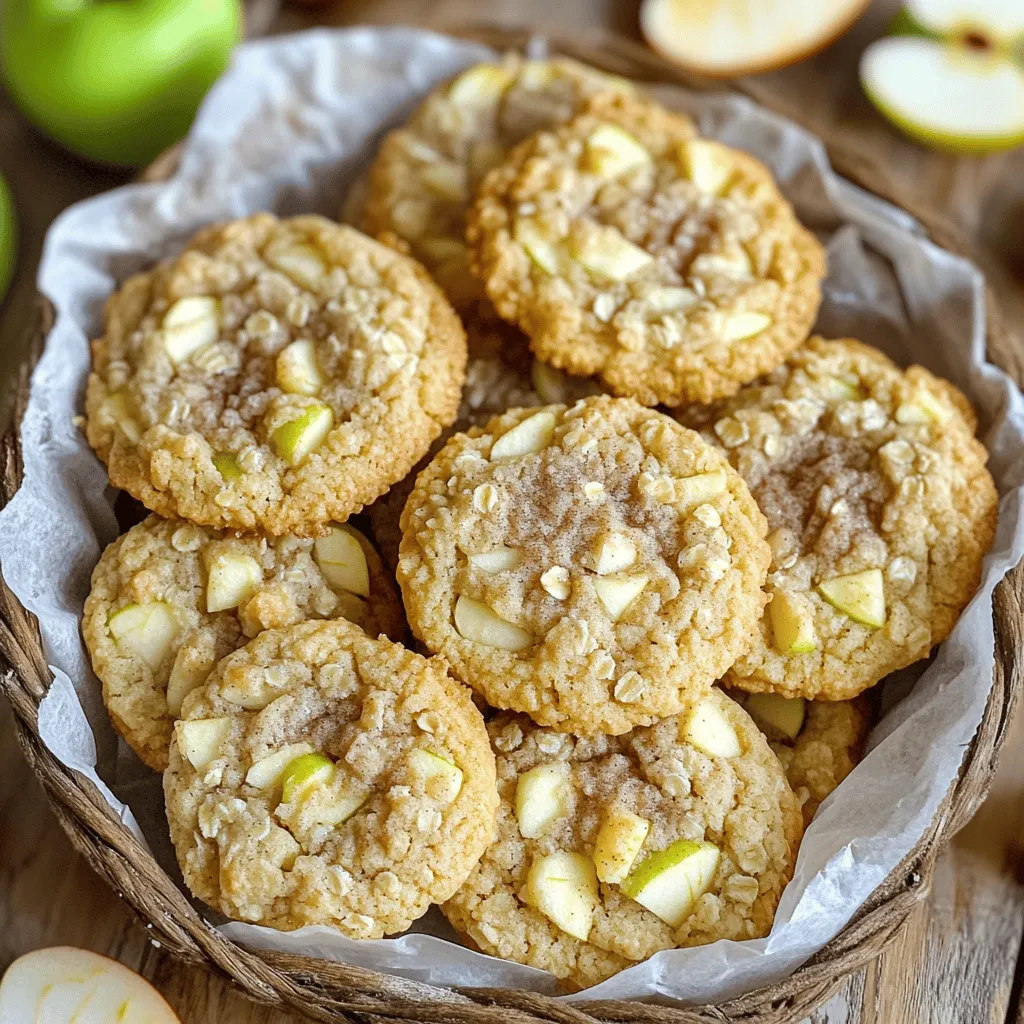 To make these delightful apple crumb cookies, gather the following: - 1 cup unsalted butter, softened - 1 cup brown sugar, packed - 1/2 cup granulated sugar - 1 large egg - 1 teaspoon vanilla extract - 2 cups all-purpose flour - 1 teaspoon baking soda - 1/2 teaspoon salt - 1 teaspoon ground cinnamon - 1 1/2 cups finely chopped apples (preferably Granny Smith) - 1/2 cup oats - 1/2 cup chopped walnuts or pecans (optional) - 1/4 cup granulated sugar (for topping) - 1 teaspoon ground cinnamon (for topping) If you need to swap some ingredients, here are good options: - Use coconut oil instead of butter for a dairy-free version. - Replace brown sugar with coconut sugar for a lower glycemic index. - Use gluten-free flour if you need a gluten-free option. - Apples can be swapped with pears or other tart fruits for a twist. To make your cookies even better, consider these add-ins: - Add 1/2 cup of raisins for extra sweetness. - Stir in some chocolate chips for a chocolatey treat. - Mix in a splash of caramel sauce for a rich flavor. - Top with a drizzle of icing for added sweetness and style. These simple yet tasty tweaks help you personalize your cookies. Enjoy experimenting with flavors! 1. Preheat the Oven: Start by preheating your oven to 350°F (175°C). This helps the cookies bake evenly. 2. Prepare the Baking Sheet: Line a baking sheet with parchment paper. This prevents the cookies from sticking. 3. Mix the Butter and Sugars: In a large bowl, cream together 1 cup of softened butter, 1 cup of brown sugar, and 1/2 cup of granulated sugar. Mix until it's light and fluffy. 4. Add Egg and Vanilla: Crack in 1 large egg and add 1 teaspoon of vanilla extract. Stir until fully combined. 5. Combine Dry Ingredients: In another bowl, whisk 2 cups of all-purpose flour, 1 teaspoon of baking soda, 1/2 teaspoon of salt, and 1 teaspoon of ground cinnamon. 6. Mix Wet and Dry Ingredients: Gradually add the dry mix to the wet mix. Stir until just combined. 7. Fold in Extras: Gently fold in 1 1/2 cups of finely chopped apples, 1/2 cup of oats, and 1/2 cup of chopped walnuts or pecans if you want. 1. Scoop the Dough: Use a spoon or cookie scoop to drop rounded tablespoons of dough onto the prepared baking sheet. Space them about 2 inches apart. 2. Prepare the Topping: In a small bowl, mix 1/4 cup of granulated sugar with 1 teaspoon of ground cinnamon. Sprinkle about a teaspoon on each cookie mound. 3. Bake the Cookies: Place the baking sheet in the oven. Bake for 12-15 minutes, or until the edges are golden and the center is set. 1. Cool on the Sheet: After baking, let the cookies cool on the baking sheet for 5 minutes. This helps them firm up. 2. Transfer to a Wire Rack: Carefully move the cookies to a wire rack to cool completely. This keeps them from getting soggy. Now you have delicious apple crumb cookies ready to enjoy! Serve your apple crumb cookies warm for the best taste. They pair well with vanilla ice cream or whipped cream. You can also add a drizzle of caramel sauce on top. For a fun twist, try serving them with a hot cup of cider. This adds a cozy touch that everyone will love. To make perfect cookies, use softened butter. It should be soft but not melted. Cream the butter and sugars until light and fluffy. This step helps create a nice texture. Always preheat your oven to 350°F (175°C). This ensures even baking. Space the cookie dough about 2 inches apart on the baking sheet. This gives them room to spread. Keep an eye on them, as baking times can vary. Aim for golden edges and a soft center. You can easily change this recipe to fit your taste. Try different types of apples, like Honeycrisp or Fuji, for a new flavor. You can add chocolate chips or dried fruit for more texture. If you love spices, add nutmeg or ginger for a warm kick. For a crunch, sprinkle extra oats or nuts on top. Feel free to mix and match to make these cookies your own! {{image_2}} You can make these cookies gluten-free. Replace all-purpose flour with a gluten-free blend. Many brands offer good options. Make sure the blend has xanthan gum. This helps the cookies hold together. The taste and texture will still be great! To make vegan apple crumb cookies, swap the butter and egg. Use coconut oil or vegan butter instead. For the egg, you can use flaxseed meal. Mix one tablespoon of flaxseed with three tablespoons of water. Let it sit for a few minutes to thicken. These changes keep the cookies tasty and soft. You can add fun flavors to your cookies. Consider mixing in chocolate chips for a sweet twist. Caramel bits can add a nice gooey texture. Dried cranberries or raisins work well too. Just remember to keep the total mix-ins at about one cup. This keeps the dough balanced and delicious. To keep your apple crumb cookies fresh, place them in an airtight container. Make sure they are cool before you store them. They stay good at room temperature for up to five days. For longer freshness, you can store them in the fridge. Just remember to seal them well to avoid drying out. If you want to keep your cookies for a while, freezing is a great option. First, let the cookies cool completely. Then, place them in a single layer on a baking sheet. Freeze them for about an hour. After they are firm, transfer the cookies to a freezer bag. They can last up to three months in the freezer. When you’re ready to enjoy, just thaw them at room temperature. To enjoy your cookies warm, reheating is easy. Preheat your oven to 350°F (175°C). Place the cookies on a baking sheet lined with parchment paper. Heat them for about 5 to 7 minutes, just until warm. You can also use a microwave. Heat each cookie for about 10 to 15 seconds. This keeps them soft and tasty. Yes, you can use other apples. Granny Smith apples work best for this recipe. They have a nice tartness. You can also try Honeycrisp or Fuji apples. Just make sure they are firm and not too soft. To avoid cakey cookies, do not overmix your dough. Mix just until the flour is combined. Also, keep an eye on your baking time. Remove the cookies when the edges are golden. This step helps keep them chewy, not cakey. Yes, you can make the dough ahead. After mixing, wrap it tightly in plastic wrap. Store it in the fridge for up to three days. You can also freeze it for longer. Just thaw it in the fridge before baking. This makes it easy to enjoy fresh cookies anytime! We explored how to make delicious apple crumb cookies from scratch. You learned the key ingredients, helpful substitutions, and fun add-ins. I shared step-by-step instructions for prep, baking, and cooling. With tips on serving and customizing, your cookies can shine. We discussed variations, storage, and answered common questions. Remember, you can adapt this recipe to fit your needs. Enjoy baking and sharing these treats with family and friends!