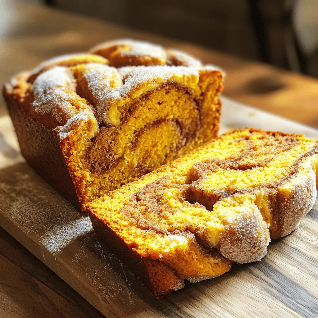 - 1 ¾ cups all-purpose flour - 1 teaspoon baking soda - ½ teaspoon baking powder - ½ teaspoon salt - 1 teaspoon ground cinnamon - ½ teaspoon ground nutmeg - ½ teaspoon ground ginger - ½ cup unsalted butter, softened - 1 cup granulated sugar - 2 large eggs - 1 cup canned pumpkin puree - ½ cup buttermilk - 1 teaspoon vanilla extract - ½ cup packed brown sugar - 1 tablespoon ground cinnamon When I make this cinnamon sugar swirl pumpkin bread, I start with the dry ingredients. Mixing these well is key. You need flour, baking soda, baking powder, salt, and spices. The spices give the bread warmth and flavor. I use ground cinnamon, nutmeg, and ginger. These spices blend perfectly with pumpkin. Next, I focus on the wet ingredients. I use softened unsalted butter and granulated sugar, which I mix until fluffy. This makes the bread light. Then, I add eggs, pumpkin puree, buttermilk, and vanilla extract. Each of these adds moisture and richness. The pumpkin puree gives it a lovely color and taste. Finally, I make the cinnamon sugar mixture. This is simple: just brown sugar and ground cinnamon. It’s what makes the swirl so delightful. When you layer this mixture in the batter, it creates sweet pockets of cinnamon goodness. With all these ingredients prepped, you’re ready to bake a delicious loaf of cinnamon sugar swirl pumpkin bread! First, set your oven to 350°F (175°C). This helps the bread bake evenly. Next, take a 9x5-inch loaf pan. You can grease it with butter or line it with parchment paper. Lining the pan makes it easy to remove the bread later. In a medium bowl, mix the dry ingredients. Combine the flour, baking soda, baking powder, salt, and spices. Use a whisk for even mixing. In another large bowl, cream together the softened butter and granulated sugar. Use an electric mixer for about 2-3 minutes. It should be light and fluffy. Add the eggs one at a time, mixing well after each. Then, add the pumpkin puree, buttermilk, and vanilla extract. Mix until smooth. Gradually add the dry mixture into the wet mixture. Stir gently until just combined. Be careful not to overmix; this keeps the bread soft. In a small bowl, mix the brown sugar and cinnamon. This makes the cinnamon sugar mixture for swirling. Pour half of the pumpkin batter into the loaf pan. Next, sprinkle half of the cinnamon sugar on top. Pour the remaining batter over this layer. Finally, add the rest of the cinnamon sugar on top. To create the swirl, use a knife or toothpick. Gently move it through the batter and cinnamon sugar. This will give a nice marbled effect. Now, place the loaf pan in the preheated oven. Bake for 60-70 minutes. To check if it's done, insert a toothpick into the center. If it comes out clean, your bread is ready. Once baked, take it out of the oven. Let it cool in the pan for about 10-15 minutes. After that, move it to a wire rack to cool completely. Measuring ingredients is key. Use dry measuring cups for flour and sugar. Spoon flour into the cup, then level it off with a knife. This gives you the right amount. If your batter is too thick, add a splash more buttermilk. If it’s too thin, add a bit more flour. Overmixing can ruin your bread. Mix just until the dry and wet ingredients blend. Also, don’t rush the cooling process. Letting the bread cool in the pan helps it set. If you skip this step, it may fall apart when you slice it. Want to change the flavor? Add nuts like walnuts or pecans. Chopped chocolate chips can also make it sweeter. Just fold them into the batter before baking. You can also change the spices. Add more cinnamon or a pinch of cloves for a warm kick. Adjust the spices to fit your taste. {{image_2}} You can change your pumpkin bread to suit your taste. Here are two fun ideas: - Adding nuts: Chopped walnuts or pecans add a nice crunch. Just fold in about half a cup. This adds texture and flavor. You can toast the nuts first for a deeper taste. - Making it gluten-free: Use gluten-free flour blends instead of all-purpose flour. Look for blends that contain xanthan gum. This helps the bread rise and hold its shape. You can enjoy your pumpkin bread in different ways: - Warm or cold: Serve it warm right out of the oven. It’s also great cold for breakfast or a snack. - With spreads: Spread butter or cream cheese on a slice for richness. You can also try jam for a fruity twist. Each spread adds its own flavor, so mix and match! To keep your pumpkin bread fresh, store it at room temperature. Place it in an airtight container. This will help it stay moist for up to four days. If you notice it getting stale, you can slice it up. This makes it easy to grab a piece whenever you want. For longer storage, you can refrigerate it. Wrap the bread tightly in plastic wrap and then foil. This helps prevent fridge odors from getting in. It will last about a week this way. Freezing is a great way to save any leftover slices. Start by letting the bread cool completely. Then, slice it into pieces. Wrap each slice in plastic wrap. Then place them in a freezer bag. Make sure to remove as much air as possible. This helps to keep the bread fresh. When you want to enjoy a slice, take it out of the freezer. You can thaw it in the fridge overnight or at room temperature for a few hours. If you want it warm, pop it in the microwave for a few seconds. This keeps the bread soft and tasty. Yes, you can use fresh pumpkin! To do this, pick a small sugar pumpkin. Cut it in half and scoop out the seeds. Roast the halves cut-side down on a baking sheet at 350°F (175°C) for about 45 minutes. Once soft, scoop the flesh and mash it. You need about one cup of mashed pumpkin for this recipe. Fresh pumpkin has a different texture. It might be a bit wetter, so adjust your flour by a tablespoon if needed. Look for a few signs. First, the bread should rise and turn a golden brown. You can also gently press the top; it should spring back. If you insert a toothpick, it should come out clean or with a few crumbs. Another great sign is the aroma. If your kitchen smells amazing, your bread is likely done! Absolutely! Replace the eggs with flax eggs. Just mix one tablespoon of ground flaxseed with three tablespoons of water for each egg. Let it sit for five minutes to thicken. For the buttermilk, use plant-based milk with a splash of vinegar or lemon juice. You can also use vegan butter instead of regular butter. These swaps will keep your bread moist and tasty! You now have all the tools to create delicious pumpkin bread. We reviewed key ingredients, from dry spices to wet elements. I shared step-by-step instructions to mix and bake your bread perfectly. You learned baking tips to avoid common mistakes, and we explored fun variations. Finally, I offered storage info to keep your bread fresh. With these insights, you can bake with confidence and enjoy every slice.
