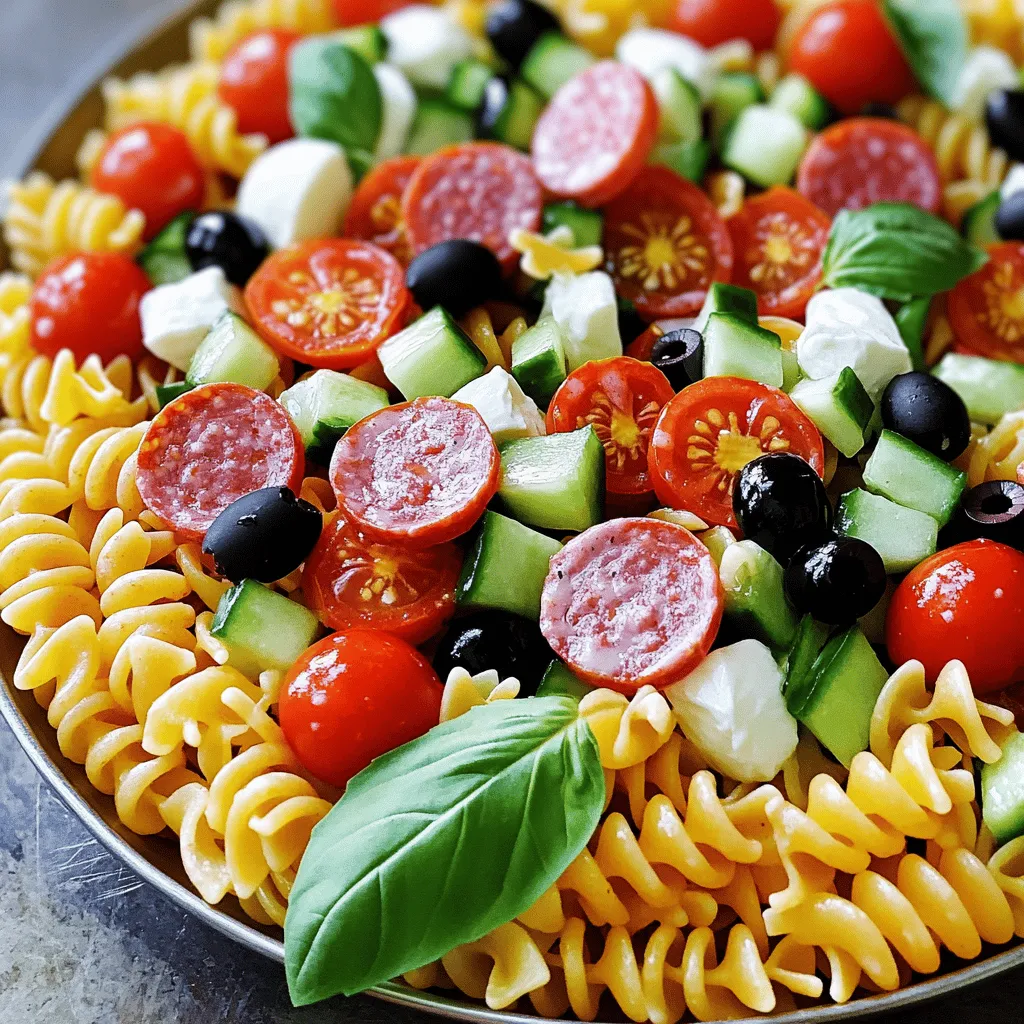 - 8 oz rotini or penne pasta - 1 cup cherry tomatoes, halved - 1 cup cucumber, diced - 1/2 red bell pepper, diced - 1/2 cup pepperoni slices - 1/2 cup mozzarella cheese, cubed - 1/4 cup black olives, sliced - 1/4 cup pepperoncini, sliced (optional) - 1/3 cup Italian dressing - 1 tablespoon olive oil - Salt and pepper to taste - Fresh basil leaves for garnishing This pasta salad is colorful and fun. Kids love the bright colors and tasty bites. The rotini or penne pasta gives a good base. I like using rotini because it holds the dressing well. The cherry tomatoes add a sweet burst, while cucumbers bring a nice crunch. Red bell peppers add a pop of color and sweet flavor. The pepperoni and mozzarella cheese make it feel like pizza. Kids enjoy these flavors, and they are easy to eat. Black olives add a salty touch, and pepperoncini can add a little heat, if desired. The Italian dressing ties everything together. It gives a tangy flavor that kids find tasty. Olive oil adds a smooth finish and helps the salad stay fresh. Salt and pepper are simple but important for flavor. Lastly, fresh basil leaves not only look nice but taste great too. For the Full Recipe, check the instructions to see how to put it all together. 1. Bring a large pot of salted water to a boil. This step is key for flavor. 2. Add 8 oz of rotini or penne pasta. Cook it according to the package instructions. You want it al dente, so it has a nice bite. 3. Once done, drain the pasta. Rinse it under cold water to cool it down. 1. While the pasta cooks, wash and chop all your veggies. 2. In a big mixing bowl, combine these ingredients: - 1 cup cherry tomatoes, halved - 1 cup cucumber, diced - 1/2 red bell pepper, diced - 1/2 cup pepperoni slices - 1/2 cup mozzarella cheese, cubed - 1/4 cup black olives, sliced - 1/4 cup pepperoncini, sliced (optional) 1. Once the pasta is cool, add it to the mixing bowl with the veggies. 2. Drizzle 1/3 cup of Italian dressing and 1 tablespoon of olive oil over the mix. 3. Toss everything well. Make sure all the pasta and veggies are coated. 4. Taste the salad and add salt and pepper to your liking. 5. Finally, transfer the salad to a serving dish. Garnish with fresh basil leaves for that extra touch. This recipe is simple and quick. You can find the full recipe above for more details. Enjoy! - Use pre-chopped vegetables. This saves time and makes cooking easier. - Cook pasta ahead of time. This way, you can chill it before mixing. - Add Italian herbs like oregano and basil for a fresh taste. - Try using ranch or Caesar dressing for a fun twist. - Pair this salad with grilled chicken or fish for extra protein. - Serve in fun bowls or cups to make it more appealing for kids. {{image_2}} You can switch up the pasta for fun. Try bowtie or fusilli instead of rotini or penne. Each shape adds a unique twist. You can also add more veggies. For a crunch, use bell peppers or carrots. Want some greens? Toss in some spinach or kale. If you need gluten-free options, use gluten-free pasta. Many brands offer great taste. For dairy-free alternatives, try vegan cheese or skip it altogether. You can still have a tasty salad without the cheese. Both swaps make this dish friendly for all diets. Want a taco twist? Use taco seasoning and add black beans. Top with avocado and tortilla strips for crunch. For a Mediterranean vibe, add artichokes and feta cheese. Toss in some chickpeas for extra protein. Both options keep it fun while tasting great! After making the supreme pizza pasta salad, you might have some leftovers. To keep them fresh, store the salad in an airtight container. This helps lock in flavors and keep the salad from getting soggy. You can safely refrigerate the salad for up to three days. You can serve this salad cold, which is great for quick meals. If you prefer it warm, reheat it gently. Use a microwave or a stovetop. Heat it on low and stir often. This keeps the pasta from becoming mushy or dry. To make mealtime easy, you can prep this salad for the week. Cook the pasta and chop the veggies ahead of time. Store them separately in the fridge. When you are ready to eat, mix everything together and add the dressing. This gives you fresh and tasty portions. Aim for about one cup per serving. You can prepare the components in advance. Cook the pasta and cool it. Chop the veggies and store them in the fridge. Keep the dressing separate until serving. This way, the salad stays fresh. To store for optimal freshness, use an airtight container. Keep the pasta and veggies in the fridge. They can last for about three days. Add the dressing right before you serve it. This keeps everything crisp and tasty. Yes, you can use other dressings. A ranch dressing adds a creamy twist. A balsamic vinaigrette can give it a tangy flavor. When choosing a dressing, think about the flavors. If you want a zesty kick, try a lemon dressing. For a richer taste, a Caesar dressing works well too. Experiment to find what you and your kids enjoy! This salad pairs well with many meals. For a main dish, serve it with grilled chicken or fish. You can also enjoy it with meatballs for a hearty meal. For kid-friendly additions, consider garlic bread or veggie sticks. This makes a balanced meal that kids will love. You can also offer fruit on the side for a sweet touch. This pasta salad blends fresh veggies, tasty dressings, and fun ingredients. You can follow the steps to create a simple, yet colorful dish. Remember, you can mix in your favorites or adjust it for different diets. With a bit of planning, this salad becomes a meal prep success. Keep leftovers stored well to enjoy later. This dish shines at gatherings or as a tasty weeknight meal. Enjoy making it your own!