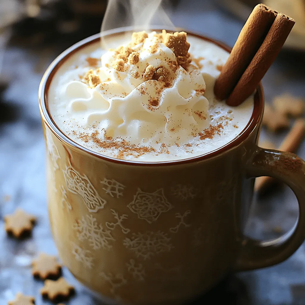 - 1 cup brewed strong coffee or espresso - 1 cup milk (dairy or non-dairy) - 2 tablespoons gingerbread syrup - 1/4 teaspoon ground cinnamon - 1/4 teaspoon ground ginger - 1/4 teaspoon vanilla extract - Whipped cream (for topping) - Crushed gingerbread cookies (for garnish) - Cinnamon stick (for optional garnish) If you want to switch up the milk, try oat, almond, or soy. Each has a unique taste and texture. For those who need a sugar-free option, look for vegan gingerbread syrup. This will keep your drink tasty without added sugar. You can use shelf-stable syrup or fresh gingerbread syrup, depending on what you have on hand. For the best coffee, choose strong beans like dark roast or espresso blends. Look for beans that are freshly roasted for a rich flavor. When it comes to milk, some types froth better than others. Whole milk gives a creamy texture, while almond milk is lighter. If you want to make your own gingerbread syrup, it’s easy and can taste better than store-bought. To start, choose a strong coffee or espresso. The best coffee-to-water ratio is 1:15. This means for every 1 gram of coffee, use 15 grams of water. For brewing, I recommend two methods: - French Press: Coarsely grind your coffee. Add it to the French press and pour in hot water. Let it steep for 4 minutes, then press down the plunger. - Espresso Machine: Use finely ground coffee. Pack it into the portafilter and brew according to your machine's instructions. A shot of espresso adds a rich base for your latte. Next, heat the milk carefully. Pour your milk into a small saucepan over medium heat. Stir it often to avoid burning, until it steams but does not boil. For a frothy finish, you can use a milk frother. Just dip the frother into the milk and turn it on. Move it up and down to create foam. This gives your latte that café feel. Now, it’s time to bring the flavors together. In a bowl, mix: - 2 tablespoons of gingerbread syrup - 1/4 teaspoon of ground cinnamon - 1/4 teaspoon of ground ginger - 1/4 teaspoon of vanilla extract Stir these together until smooth. Then, in a large mug, pour in your hot coffee. Add the gingerbread mixture and mix well. This ensures every sip is full of flavor. Slowly pour in the steamed milk, using a spoon to hold back the foam at first. Once mixed, top with the foam for a creamy finish. Finally, finish your latte with whipped cream, crushed gingerbread cookies, and an optional cinnamon stick for garnish. Enjoy your homemade gingerbread latte! For the full recipe, refer to the recipe details above. To get the best froth, heat your milk just right. Aim for steaming, not boiling. Use a milk frother if you have one. It makes a creamy foam that feels good in your mouth. If you do not have a frother, whisking can also work. Just whisk until the milk is light and fluffy. When pouring milk into your coffee, hold back the foam at first. After mixing, add the foam on top. This helps create a velvety finish that makes your latte feel special. Gingerbread lattes shine with the right spices. Besides ginger, add a pinch of nutmeg or cloves. They blend well and deepen the flavor. Sweeteners can also change your drink. Try brown sugar or honey for a richer taste. If you want less sugar, use a sugar substitute. Each option gives your latte a unique twist. A beautiful drink starts with creative garnishing. Top your latte with whipped cream. Then, sprinkle crushed gingerbread cookies on top for a fun crunch. A cinnamon stick adds a festive touch, too. To make your drink more seasonal, use holiday-themed mugs. You can also add a festive straw. These small touches make your gingerbread latte look as good as it tastes. {{image_2}} You can make this gingerbread latte even more special with some tasty seasonal add-ins. For a twist, try adding pumpkin spice. It gives your latte a warm, cozy flavor. Just mix in a tablespoon of pumpkin spice syrup or 1/4 teaspoon of pumpkin spice blend. This will bring out the fall vibes. During winter holidays, peppermint can add a refreshing kick. You can add a splash of peppermint syrup or a crushed candy cane on top. It pairs well with the gingerbread notes and makes your drink festive. If you prefer dairy-free options, you can easily switch the milk. Coconut milk works great for a creamy texture. It adds a hint of sweetness that enhances the gingerbread flavor. You can also try using nut milks like almond or cashew. Each gives a unique taste that can make your latte fun and different. You can enjoy a delicious iced gingerbread latte too! To adapt the recipe, brew your coffee and let it cool. Once it's cold, pour it over ice in a tall glass. Then, mix in your gingerbread syrup and milk. Stir well. For extra froth, try blending the milk with ice before adding it to your coffee. This will give you a refreshing drink that still tastes like the holidays. To store gingerbread syrup, keep it in a clean glass jar. Seal it tightly and place it in the fridge. It will last for about two weeks. If you have used coffee grounds, let them cool first. Store them in an airtight container. This way, they stay fresh for up to a week. You can prep your gingerbread syrup in advance. Just make a larger batch and store it in the fridge. This saves time on busy mornings. For gatherings, you can batch-make lattes. Brew coffee, mix in the syrup, and heat milk in a large pot. Serve in big mugs for all your friends and family. When reheating milk, do it slowly over low heat. Stir often to keep it smooth. If you use a microwave, heat in short bursts. This avoids overheating and burning. For coffee, add a splash of fresh brewed coffee to your reheated cup. This helps it taste fresh again. For a great latte, use strong brewed coffee or espresso. I recommend medium to dark roast beans. Brands like Lavazza or Illy work well. They give a rich flavor that blends nicely with milk. Yes, making gingerbread syrup at home is easy. Combine equal parts of water and sugar in a pot. Add spices like ginger, cinnamon, and nutmeg. Simmer until the sugar dissolves. Let it cool, and you have your homemade gingerbread syrup. To make a vegan gingerbread latte, swap cow's milk for any plant-based milk. Almond, oat, or soy milk works great. Make sure your gingerbread syrup is vegan, too. This way, you can enjoy the same rich taste. You can add more spices like nutmeg or cloves for added warmth. If you like it sweeter, add more gingerbread syrup. For a fun twist, try adding a hint of peppermint or vanilla. Each change can create a whole new flavor. Avoid using low-quality coffee, as it can make your latte bitter. Make sure your milk is heated but not boiled. This keeps the texture smooth. Stir well to mix all flavors. These tips help you achieve the best taste. You now have everything you need to make a delicious gingerbread latte. We covered key ingredients, step-by-step instructions, and helpful tips. Remember to choose quality coffee and milk for the best taste. Don’t be afraid to try variations or make it dairy-free. This comforting drink can brighten up any season. Enjoy crafting your perfect cup!