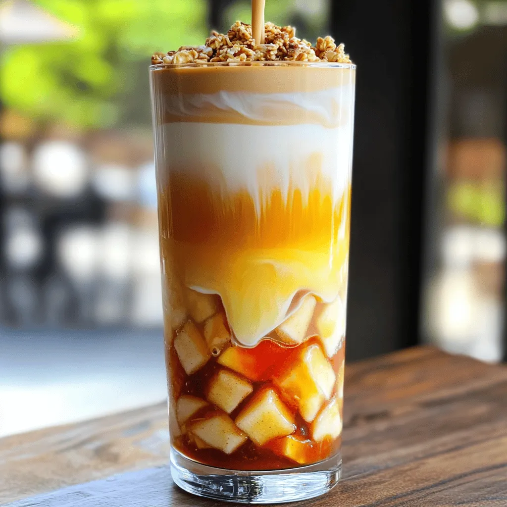 - 1 cup brewed coffee (chilled) - 1 cup oat milk - 1 teaspoon vanilla extract - 1/2 teaspoon ground cinnamon - 1 tablespoon maple syrup (optional) - 1/4 cup apple pie filling - 2 tablespoons granola - Ice cubes I love using simple ingredients to create this drink. First, you'll need chilled brewed coffee. You can use any coffee you enjoy. Next, oat milk is a key player here. It adds creaminess without dairy. For added flavor, include vanilla extract and ground cinnamon. I sometimes add maple syrup for sweetness. It's optional, but I find it makes the drink special. The apple pie filling gives it that crisp flavor. Granola on top adds a nice crunch, and of course, ice cubes keep everything cold and refreshing. By using these ingredients, you create a simple yet delightful drink. Each element plays a part in making the Iced Apple Crisp Oatmilk Macchiato a tasty treat. Grab your ingredients, and let’s get started! To brew the perfect coffee, start with fresh, high-quality beans. Use a coffee maker or French press for the best flavor. I recommend letting your coffee cool completely after brewing. You can make it ahead and chill it in the fridge. This cooling process helps keep your drink refreshing. For the oatmilk base, grab a mixing bowl. Combine 1 cup of oat milk, 1 teaspoon of vanilla extract, 1/2 teaspoon of ground cinnamon, and 1 tablespoon of maple syrup if you want it sweeter. Stir well to blend the ingredients. Stirring is key; it ensures all the flavors mix evenly. Now, it's time to layer your drink. Start by adding 1/4 cup of apple pie filling at the bottom of a tall glass. Next, pack the glass with ice cubes until it’s halfway full. Gently pour the oatmilk mixture over the ice, filling the glass nearly to the top. Be careful not to disturb the apple filling too much. Finally, pour 1 cup of chilled coffee over the oatmilk. This creates the lovely macchiato effect with distinct layers. If you like, you can gently stir it for a mixed flavor. Top your drink with 2 tablespoons of granola for a crunchy finish. Enjoy your delicious iced macchiato right away! - Best oat milk options: Choose a barista blend oat milk. This type froths well and adds rich creaminess. Brands like Oatly or Califia Farms work great for this recipe. - Alternative sweeteners: Maple syrup adds a nice flavor, but you can try honey or agave syrup too. If you're looking for low-calorie options, consider stevia or monk fruit sweetener. - Pouring tips to maintain layers: Pour the oat milk slowly over the ice. Use a spoon to help direct the flow. This way, it sits on top of the apple filling instead of mixing it. - Avoiding disturbance of apple pie filling: Add the apple filling first. This keeps it stable at the bottom. When you pour the oat milk, do it gently to maintain the pretty layers. - Best times to enjoy this drink: This iced macchiato is perfect for hot afternoons or as a sweet treat in the morning. It brightens up any day! - Perfect pairings with snacks or desserts: Enjoy it with a slice of coffee cake or some cinnamon rolls. The flavors match well and make for a cozy snack time. {{image_2}} You can change the flavors in your Iced Apple Crisp Oatmilk Macchiato by using pumpkin pie filling instead of apple pie filling. This gives it a warm, fall taste that many love. Adding a dash of nutmeg or ginger can also spice things up. These spices add warmth and richness, perfect for cooler days. If you want a different base, switch oat milk for almond or soy milk. Almond milk has a nutty flavor that pairs well with coffee. Soy milk brings creaminess and a bit of sweetness. You can adjust the flavors with these dairy-free options to find what you like best. There are many sweeteners to try in your macchiato. Maple syrup adds a nice touch, but you can also use honey or agave nectar. If you want a sweeter drink, feel free to add more sweetener. Just remember to taste as you go to find your perfect level of sweetness. To keep brewed coffee fresh, store it in an airtight container. This helps keep the flavor. Refrigerate the coffee if you won't use it right away. For oat milk, keep it in its original container. Make sure to close it tightly. Always check the expiration date on the label. You can make the oat milk mixture in advance. Mix oat milk, vanilla extract, ground cinnamon, and maple syrup. Store it in the fridge for up to three days. For apple pie filling, keep it in a sealed container. It stays fresh for about a week. To serve leftovers, pour the oat milk mixture over ice and add fresh coffee. If you notice any separation, stir gently before serving. This helps blend the flavors again. Enjoy the drink cold, just like when you first made it! An Iced Apple Crisp Oatmilk Macchiato is a delicious drink that mixes coffee with oat milk. It has a sweet apple flavor from apple pie filling and a hint of cinnamon. This drink is cold, creamy, and perfect for warm days. The layers of oat milk and coffee create a beautiful look. It’s a fun twist on a classic macchiato! Yes, you can! If you want a caffeine-free drink, try using apple juice or herbal tea instead of coffee. Mix the oat milk, apple pie filling, and spices as usual. This way, you can still enjoy the tasty flavors without the coffee kick. You can find this drink at many coffee shops, especially during the fall season. Some popular chains may offer it, but check local cafes too. They might have their own version! Availability can change, so ask your barista if it's on the menu. In this post, we explored the Iced Apple Crisp Oatmilk Macchiato. We covered the ingredients and shared easy steps to create a delicious drink. I offered tips to make it creamier and maintain its layers. You can also try various sweeteners or toppings to suit your taste. Try making this drink at home for a refreshing treat. Whether for a cozy morning or a fun snack, it’s sure to please. Enjoy experimenting with flavors and servings. This drink can bring comfort and joy to your day.