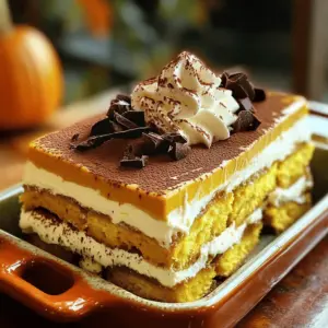 - 1 cup strong brewed coffee - 1 tablespoon pumpkin spice blend - 1 cup heavy cream - 1 cup mascarpone cheese - 1/2 cup powdered sugar - 1 cup pumpkin puree - 12 ladyfinger cookies - Cocoa powder for dusting - Optional: Whipped cream and dark chocolate shavings Gathering the right ingredients makes a big difference in your pumpkin spice tiramisu. Use fresh pumpkin puree for the best flavor. You can make your own by roasting and blending pumpkin. The strong brewed coffee gives depth to the dessert. Choose a brand you love for the best taste. For the pumpkin spice blend, you can buy it or mix cinnamon, nutmeg, and ginger. This blend gives warmth and comfort to the dish. Heavy cream and mascarpone cheese create a rich, creamy texture. This is key for a perfect tiramisu. Don’t forget the ladyfinger cookies! They soak up the coffee and add a light crunch. Use the best quality cocoa powder for dusting. It adds a nice touch to the final look. You can also add whipped cream and dark chocolate shavings for an extra treat. Each ingredient plays a role in creating this delicious fall dessert. Enjoy this process as you prepare for a lovely treat! To start, you need to combine the brewed coffee and pumpkin spice blend. Take one cup of strong brewed coffee and add one tablespoon of pumpkin spice. Stir it well and then set this mixture aside. Letting it sit will help the flavors meld together, giving your tiramisu a warm, cozy taste. Next, we move on to making the cream mixture. In a large bowl, whip one cup of heavy cream until you see soft peaks forming. This step is key for a light texture. In another bowl, mix one cup of mascarpone cheese with half a cup of powdered sugar. Stir this until it's smooth and creamy. Now, gently fold the whipped cream into the mascarpone mixture. Be careful not to deflate the cream. Finally, add one cup of pumpkin puree and fold it in gently until it is well blended. This creamy mixture brings the pumpkin spice flavor to life. Now it's time to assemble your tiramisu. First, quickly dip each ladyfinger into the coffee mixture. Make sure they soak but don't get too soggy. Place a layer of soaked ladyfingers in a rectangular dish. Then, spread half of the pumpkin mascarpone cream over this layer. Repeat by adding another layer of dipped ladyfingers and the rest of the mascarpone mixture on top. Smooth the top layer with a spatula. Finally, dust the top generously with cocoa powder. Cover the dish with plastic wrap and refrigerate it for at least four hours, but overnight is best. This allows all the flavors to blend beautifully. To get soft peaks in whipped cream, start with cold cream. Use a clean bowl and beaters. Whip the cream until it thickens but still flows. You want it to hold its shape but not be too stiff. This ensures a light texture in your tiramisu. Folding ingredients is key to keeping air in the mixture. Use a spatula and scoop from the bottom. Gently lift and turn the mixture until combined. Be careful not to stir too hard. This keeps the whipped cream fluffy. For a rich flavor, play with your pumpkin spice blend. You can mix cinnamon, nutmeg, and ginger, but don’t stop there. Try adding allspice, cloves, or even a pinch of cardamom for depth. Presentation matters! For a lovely touch, add optional garnishes. A dollop of whipped cream on top looks great. Dust with cocoa powder and sprinkle dark chocolate shavings for extra flair. These little details make your dessert stand out. {{image_2}} You can easily swap some ingredients to fit your needs. - For a dairy-free option, use coconut cream instead of heavy cream. Use vegan cream cheese in place of mascarpone. - If you need a gluten-free dessert, look for gluten-free ladyfingers. They are easy to find at many stores. These swaps keep the flavors rich and tasty while catering to your dietary needs. Want to mix things up? You can add fun flavors to your tiramisu! - Try adding a drizzle of chocolate or caramel. This gives your dessert a sweet twist and a rich taste. - You can also incorporate nuts like pecans or walnuts. They add a lovely crunch. - For an extra kick, mix in spices like cardamom or allspice. These spices pair well with pumpkin and make it unique. These variations let you create a pumpkin spice tiramisu that is all your own! To store leftovers, place the tiramisu in an airtight container. Cover it tightly to keep it fresh. You can also use plastic wrap if you prefer. This dessert stays good in the fridge for about 3 to 5 days. The flavors will blend more the longer it sits, so you might enjoy it even more on the second day! Yes, you can freeze Pumpkin Spice Tiramisu! To do this, wrap it well in plastic wrap and then foil. This extra layer helps prevent freezer burn. It can stay in the freezer for up to 2 months. When you're ready to eat it, thaw it in the fridge overnight. Avoid thawing it at room temperature, as that may change the texture. Enjoy your delicious dessert when it's ready! What is the origin of tiramisu? Tiramisu comes from Italy. It means "pick me up." This dessert uses coffee and layers of cream. It became popular in the 1960s. Now, people love many flavors of tiramisu, including pumpkin spice. Can I make tiramisu without alcohol? Yes, you can make tiramisu without alcohol. Traditional recipes often use coffee liqueur. For this pumpkin spice version, we skip the alcohol. Just use strong brewed coffee for flavor. It still tastes great! How long does Tiramisu last in the fridge? Tiramisu lasts about 3 to 4 days in the fridge. Keep it covered with plastic wrap. This helps keep it fresh. The flavors get better over time, so enjoy it soon! What to do if your mascarpone mixture is too runny? If your mascarpone mixture is runny, chill it for a bit. Place it in the fridge for 15 to 30 minutes. This helps it firm up. You can also add more powdered sugar to thicken it. How to fix soggy ladyfingers? If your ladyfingers are soggy, don't soak them too long. Quickly dip each one in the coffee mixture. They should be moist, not soaked. If they are already soggy, you can layer them with less cream for balance. In this blog post, we explored how to make a delicious Pumpkin Spice Tiramisu. We covered essential ingredients, step-by-step instructions, and tips for perfect texture and flavor. You learned about variations to suit your taste and proper storage methods to keep it fresh. Remember, this dessert blends classic flavors with a fall twist. Enjoy making this treat for yourself and your friends!